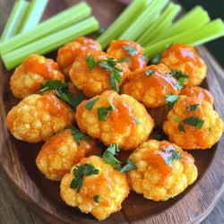 To make crispy buffalo cauliflower bites, gather these items: - 1 large head of cauliflower, cut into bite-sized florets - 1 cup all-purpose flour - 1 cup buttermilk (or plant-based buttermilk) - 1 teaspoon garlic powder - 1 teaspoon onion powder - 1 teaspoon smoked paprika - 1/2 teaspoon salt - 1/4 teaspoon black pepper - 1 cup breadcrumbs (Panko for extra crunch) - 1 cup buffalo sauce - 2 tablespoons olive oil - Fresh parsley, chopped (for garnish) The main flavors in these bites come from spices and buffalo sauce. Garlic powder and onion powder add depth. Smoked paprika gives a nice, warm flavor. The buttermilk creates a tender texture. The combination of these ingredients makes the cauliflower taste amazing. You can change the recipe to fit your taste. Add a pinch of cayenne for heat or a splash of lemon juice for brightness. You can also try different sauces like BBQ or teriyaki. If you want a different texture, toss in some grated cheese before baking. Customize to make it your own! For the full recipe, check out the details above. Start by preheating your oven to 450°F (232°C). Line a baking sheet with parchment paper. This step keeps the bites from sticking. Next, cut your large head of cauliflower into bite-sized florets. This size helps them cook evenly. In a bowl, mix together the flour, garlic powder, onion powder, smoked paprika, salt, and black pepper. This mix adds great flavor. Gradually pour in the buttermilk while stirring. You want a thick batter for coating. In another bowl, place the breadcrumbs. I recommend using Panko for extra crunch. Now, it’s time to coat the cauliflower. Dip each floret into the batter first. Let any extra batter drip off. Then, roll it in the breadcrumbs until fully coated. Place the coated florets on the baking sheet. Drizzle olive oil over them to help with crispiness. Bake in the oven for 20-25 minutes. Flip them halfway through. This ensures even cooking and browning. When they turn golden brown and crispy, they are ready. Once baked, remove the cauliflower bites from the oven. Toss them in buffalo sauce right away. This sauce gives them that classic spicy flavor. For the final touch, return them to the oven for 5 more minutes. This helps the sauce stick. Serve them hot on a platter. I love to garnish with fresh parsley for color. Pair with celery sticks and ranch or blue cheese dressing for dipping. Enjoy your crispy buffalo cauliflower bites! For the full recipe, check the earlier section. To get crispy cauliflower bites, use Panko breadcrumbs. They add a light crunch. Make sure to coat each piece well. A thick batter helps the breadcrumbs stick better. For extra crispiness, drizzle a bit of olive oil on top before baking. This helps create a golden, crunchy outer layer. Set your oven to 450°F (232°C) for the best results. Preheat it before placing the cauliflower inside. Line your baking sheet with parchment paper for easy cleanup. Flip the bites halfway through cooking. This ensures they brown evenly on all sides. If they touch, they may steam instead of crisp. Give each piece space to breathe! Toss the cauliflower bites in buffalo sauce right after baking. This keeps them crispy. Use a large bowl to coat them gently. Ensure each piece is well covered, but don't drown them. For a sauce that sticks, let them cool slightly before serving. This prevents sogginess and keeps the flavor bold. For the full recipe, check the instructions linked above. {{image_2}} You can change the sauce to create new flavors. Try using sriracha or chipotle sauce for extra heat. If you like it sweet, use a honey buffalo sauce. This mix of sweet and spicy will tingle your taste buds. For a tangy kick, consider adding a splash of vinegar to your sauce. Each sauce gives a unique twist to your crispy bites. To make this dish plant-based, swap the buttermilk for plant-based buttermilk. For the flour, use chickpea flour or almond flour. These options keep the bites tasty and light. You can also use gluten-free breadcrumbs to maintain crispness. This way, everyone can enjoy these delicious snacks without worry. Add herbs and spices for extra flavor. Try mixing in some dried oregano or thyme into your batter. For a cheesy taste, sprinkle nutritional yeast into the breadcrumbs. You can even toss in some finely chopped green onions. These mix-ins make each bite even more enjoyable and keep your palate excited. For the full recipe, check out the Crispy Buffalo Cauliflower Bites. To store leftover crispy buffalo cauliflower bites, let them cool first. Place them in an airtight container. Keep them in the fridge for up to three days. This way, they stay fresh and tasty for later. When you are ready to eat the leftovers, preheat your oven to 350°F (175°C). Spread the cauliflower bites on a baking sheet. Bake them for about 10-15 minutes until they are warm and crispy again. Avoid using the microwave, as it can make them soggy. If you want to freeze these bites, let them cool completely first. Place them in a freezer-safe bag or container. They will stay good for about two months. When you want to enjoy them, just bake straight from the freezer. They may need a few extra minutes to heat up. For the full recipe, check the link provided. Yes, you can prep these bites ahead of time. Just coat the cauliflower and place it in the fridge. This way, you save time when guests arrive. You can bake them fresh when you’re ready to serve. Just remember, they taste best right out of the oven. Crispy Buffalo Cauliflower Bites pair well with many sides. Here are some great options: - Celery sticks - Carrot sticks - Ranch dressing - Blue cheese dressing - A fresh salad These sides add crunch and balance the spicy flavor of the bites. To amp up the heat, try these ideas: - Add more buffalo sauce when tossing the bites. - Use a spicier buffalo sauce brand. - Mix in cayenne pepper with the batter. - Serve with a hot sauce dip. These tips will give your bites a fiery kick! You can find the full recipe for Crispy Buffalo Cauliflower Bites in this article. It has all the steps and tips you need to make this tasty snack at home. In this post, we explored every aspect of making Crispy Buffalo Cauliflower Bites. We covered key ingredients, baking methods, and handy tips to get that perfect crisp. You learned how to store leftovers and some exciting variations to try. My final thought? These bites are not just tasty; they are a fun way to enjoy veggies. With these steps, you’ll impress everyone with your cooking. Go ahead, give them a try, and enjoy!