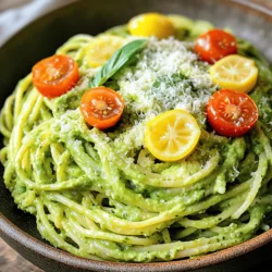 To make creamy avocado pasta, you'll need just a few simple ingredients. Here’s what you’ll gather: - 2 ripe avocados, pitted and peeled - 3 tablespoons fresh lemon juice - 2 cloves garlic, minced - 1/3 cup fresh basil leaves - 1/4 cup extra virgin olive oil - 1/2 teaspoon salt - 1/4 teaspoon black pepper - 12 ounces pasta (spaghetti or your choice) - 1/4 cup grated Parmesan cheese (optional, for garnish) - Cherry tomatoes, halved (for garnish) These ingredients come together to create a creamy sauce that coats the pasta beautifully. Each item adds a unique flavor, making the dish bright and delicious. The avocados provide creaminess, while the lemon juice adds a nice zing. Garlic and basil bring depth and freshness. You can even adjust the ingredients slightly based on your taste. For a fun twist, try adding some cherry tomatoes as a garnish for color and sweetness. For the full recipe, check out the detailed instructions later in the article. To cook pasta al dente, bring a pot of salted water to a boil. Add the pasta and follow the package instructions. Al dente means it should still have a slight bite. This gives your dish the perfect texture. When cooking, remember to reserve some pasta water. Before you drain the pasta, scoop out about 1 cup of that starchy water. This water helps to make your sauce creamy later on. Timing is key for optimal texture. Start checking the pasta a few minutes before the package time ends. Taste a piece to see if it’s ready. Perfect pasta should be firm but not hard. To make the avocado sauce, gather your ingredients. In a food processor, add the ripe avocados, fresh lemon juice, minced garlic, basil leaves, olive oil, salt, and black pepper. Blend everything until smooth and creamy. Achieving the right consistency is important. If your sauce is too thick, slowly add some reserved pasta water. Blend again until it’s silky and spreads easily. For flavor adjustments, taste the sauce. If it needs more zing, add a bit more lemon juice or salt. A pinch of red pepper flakes can also add a nice kick. When combining the pasta and sauce, use a large mixing bowl. Add the cooked pasta to the bowl with the avocado sauce. Toss well to coat every strand evenly. This ensures each bite is packed with flavor. To adjust seasoning to taste, take a moment to taste your dish. If it lacks flavor, sprinkle in more salt or pepper. You can also add more Parmesan cheese if you like it cheesy. For the full recipe, check the complete details above. Enjoy your creamy avocado pasta! To make the best creamy avocado pasta, start by picking ripe avocados. A ripe avocado feels slightly soft but not mushy. Look for dark green skin. If it’s too hard, leave it out to ripen. To prevent browning in the avocado sauce, add lemon juice right away. The citric acid helps keep the color bright. If you have leftovers, press plastic wrap directly on the sauce. This keeps air out and slows browning. To enhance flavor, add fresh herbs. Basil is a classic choice, but you can try parsley or cilantro too. Just chop them finely before mixing into the sauce. If you want to skip Parmesan cheese, try nutritional yeast. It gives a cheesy taste without dairy. You can also use a sprinkle of toasted nuts for a different twist. {{image_2}} You can make creamy avocado pasta even more tasty by adding protein. Grilled chicken works well. Shrimp is another great choice. Both add a nice texture and flavor. You can also add vegetables. Spinach is a healthy option that wilts nicely. Peas add a sweet touch and bright color. If you need gluten-free pasta, there are many options. Rice or corn-based pasta is easy to find. Whole grain pasta is a great choice if you want more fiber. It has a nuttier flavor than regular pasta. Using different pasta types can change the dish’s taste and feel. For the full recipe, check out the details above. To keep your creamy avocado pasta fresh, use an airtight container. Glass or plastic containers work well. Make sure the lid seals tightly. This will help keep air out and prevent browning. Store the leftovers in the fridge right away. They stay good for about two days. When you want to reheat your pasta, use the stovetop. Add a splash of water or olive oil to the pan. This keeps the pasta from drying out. Heat it gently over low heat. Stir often to keep the texture smooth. Avoid using the microwave, as it can make the pasta mushy. Enjoy your creamy avocado pasta warm and fresh! Can I prepare the sauce in advance? Yes, you can make the sauce ahead of time. Store it in an airtight container. Add a little lemon juice to slow browning. Use it within one day for best taste. How long does the dish stay fresh in the refrigerator? The creamy avocado pasta stays fresh for about 2 days. Keep it in a sealed container. If you notice browning, mix it well before serving. Can I freeze the avocado sauce? Freezing avocado sauce is not ideal. The texture changes when thawed. If needed, freeze it in small portions. Use it within a month for the best flavor. Caloric breakdown per serving Each serving has about 400 calories. This includes healthy fats from the avocado and olive oil. Adjust portion sizes based on your dietary needs. Health benefits of avocados in the dish Avocados are nutrient-rich. They provide fiber, healthy fats, and vitamins. These nutrients support heart health and aid digestion. Enjoying avocado pasta can be a smart choice for your meals. This blog post covers how to make creamy avocado pasta. You learned about key ingredients like avocados, garlic, and olive oil. I shared step-by-step instructions for cooking pasta and making the sauce. You also discovered tips to ensure perfect texture and flavor balance. In the end, you can enjoy this dish with various add-ins and storage tips. Remember, it's all about finding your own twist on this easy recipe. Enjoy your cooking adventure!