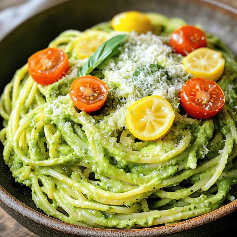 To make creamy avocado pasta, you'll need just a few simple ingredients. Here’s what you’ll gather: - 2 ripe avocados, pitted and peeled - 3 tablespoons fresh lemon juice - 2 cloves garlic, minced - 1/3 cup fresh basil leaves - 1/4 cup extra virgin olive oil - 1/2 teaspoon salt - 1/4 teaspoon black pepper - 12 ounces pasta (spaghetti or your choice) - 1/4 cup grated Parmesan cheese (optional, for garnish) - Cherry tomatoes, halved (for garnish) These ingredients come together to create a creamy sauce that coats the pasta beautifully. Each item adds a unique flavor, making the dish bright and delicious. The avocados provide creaminess, while the lemon juice adds a nice zing. Garlic and basil bring depth and freshness. You can even adjust the ingredients slightly based on your taste. For a fun twist, try adding some cherry tomatoes as a garnish for color and sweetness. For the full recipe, check out the detailed instructions later in the article. To cook pasta al dente, bring a pot of salted water to a boil. Add the pasta and follow the package instructions. Al dente means it should still have a slight bite. This gives your dish the perfect texture. When cooking, remember to reserve some pasta water. Before you drain the pasta, scoop out about 1 cup of that starchy water. This water helps to make your sauce creamy later on. Timing is key for optimal texture. Start checking the pasta a few minutes before the package time ends. Taste a piece to see if it’s ready. Perfect pasta should be firm but not hard. To make the avocado sauce, gather your ingredients. In a food processor, add the ripe avocados, fresh lemon juice, minced garlic, basil leaves, olive oil, salt, and black pepper. Blend everything until smooth and creamy. Achieving the right consistency is important. If your sauce is too thick, slowly add some reserved pasta water. Blend again until it’s silky and spreads easily. For flavor adjustments, taste the sauce. If it needs more zing, add a bit more lemon juice or salt. A pinch of red pepper flakes can also add a nice kick. When combining the pasta and sauce, use a large mixing bowl. Add the cooked pasta to the bowl with the avocado sauce. Toss well to coat every strand evenly. This ensures each bite is packed with flavor. To adjust seasoning to taste, take a moment to taste your dish. If it lacks flavor, sprinkle in more salt or pepper. You can also add more Parmesan cheese if you like it cheesy. For the full recipe, check the complete details above. Enjoy your creamy avocado pasta! To make the best creamy avocado pasta, start by picking ripe avocados. A ripe avocado feels slightly soft but not mushy. Look for dark green skin. If it’s too hard, leave it out to ripen. To prevent browning in the avocado sauce, add lemon juice right away. The citric acid helps keep the color bright. If you have leftovers, press plastic wrap directly on the sauce. This keeps air out and slows browning. To enhance flavor, add fresh herbs. Basil is a classic choice, but you can try parsley or cilantro too. Just chop them finely before mixing into the sauce. If you want to skip Parmesan cheese, try nutritional yeast. It gives a cheesy taste without dairy. You can also use a sprinkle of toasted nuts for a different twist. {{image_2}} You can make creamy avocado pasta even more tasty by adding protein. Grilled chicken works well. Shrimp is another great choice. Both add a nice texture and flavor. You can also add vegetables. Spinach is a healthy option that wilts nicely. Peas add a sweet touch and bright color. If you need gluten-free pasta, there are many options. Rice or corn-based pasta is easy to find. Whole grain pasta is a great choice if you want more fiber. It has a nuttier flavor than regular pasta. Using different pasta types can change the dish’s taste and feel. For the full recipe, check out the details above. To keep your creamy avocado pasta fresh, use an airtight container. Glass or plastic containers work well. Make sure the lid seals tightly. This will help keep air out and prevent browning. Store the leftovers in the fridge right away. They stay good for about two days. When you want to reheat your pasta, use the stovetop. Add a splash of water or olive oil to the pan. This keeps the pasta from drying out. Heat it gently over low heat. Stir often to keep the texture smooth. Avoid using the microwave, as it can make the pasta mushy. Enjoy your creamy avocado pasta warm and fresh! Can I prepare the sauce in advance? Yes, you can make the sauce ahead of time. Store it in an airtight container. Add a little lemon juice to slow browning. Use it within one day for best taste. How long does the dish stay fresh in the refrigerator? The creamy avocado pasta stays fresh for about 2 days. Keep it in a sealed container. If you notice browning, mix it well before serving. Can I freeze the avocado sauce? Freezing avocado sauce is not ideal. The texture changes when thawed. If needed, freeze it in small portions. Use it within a month for the best flavor. Caloric breakdown per serving Each serving has about 400 calories. This includes healthy fats from the avocado and olive oil. Adjust portion sizes based on your dietary needs. Health benefits of avocados in the dish Avocados are nutrient-rich. They provide fiber, healthy fats, and vitamins. These nutrients support heart health and aid digestion. Enjoying avocado pasta can be a smart choice for your meals. This blog post covers how to make creamy avocado pasta. You learned about key ingredients like avocados, garlic, and olive oil. I shared step-by-step instructions for cooking pasta and making the sauce. You also discovered tips to ensure perfect texture and flavor balance. In the end, you can enjoy this dish with various add-ins and storage tips. Remember, it's all about finding your own twist on this easy recipe. Enjoy your cooking adventure!