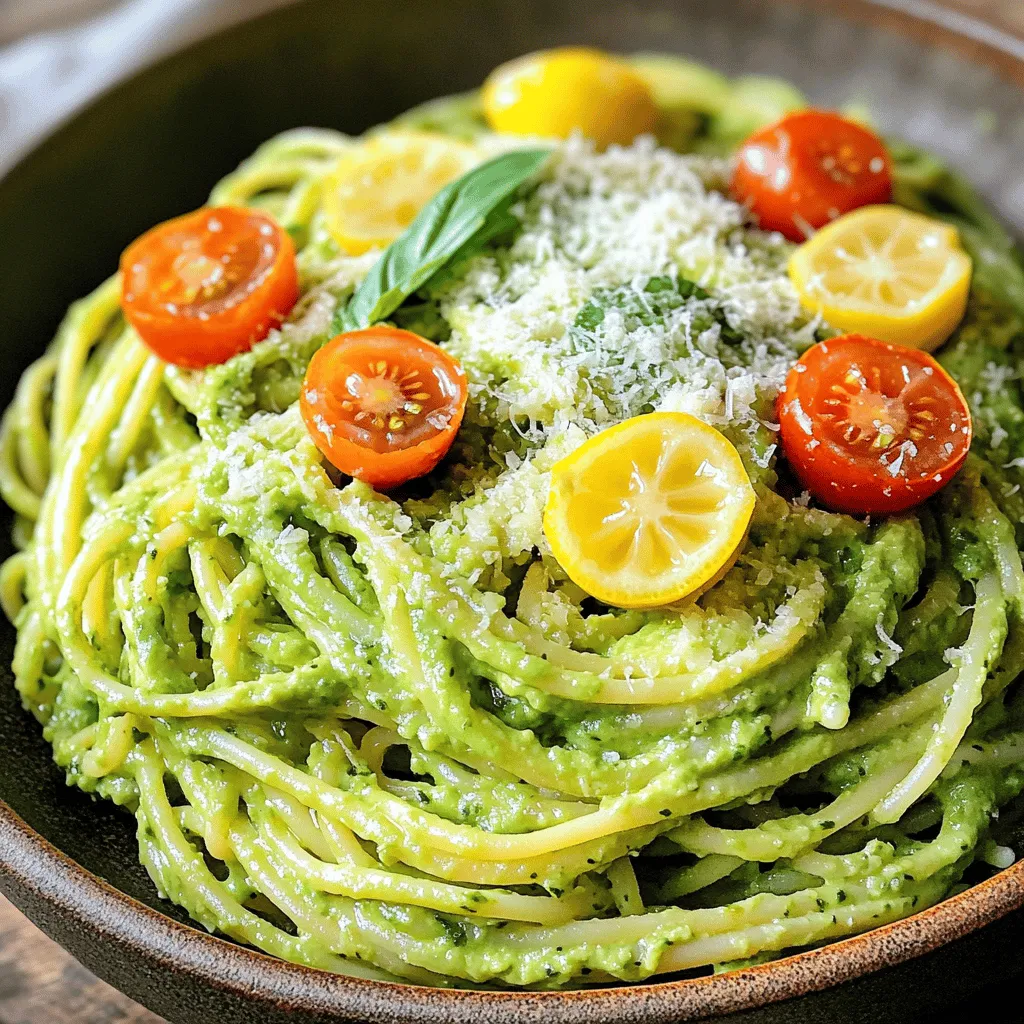 To make creamy avocado pasta, you'll need just a few simple ingredients. Here’s what you’ll gather: - 2 ripe avocados, pitted and peeled - 3 tablespoons fresh lemon juice - 2 cloves garlic, minced - 1/3 cup fresh basil leaves - 1/4 cup extra virgin olive oil - 1/2 teaspoon salt - 1/4 teaspoon black pepper - 12 ounces pasta (spaghetti or your choice) - 1/4 cup grated Parmesan cheese (optional, for garnish) - Cherry tomatoes, halved (for garnish) These ingredients come together to create a creamy sauce that coats the pasta beautifully. Each item adds a unique flavor, making the dish bright and delicious. The avocados provide creaminess, while the lemon juice adds a nice zing. Garlic and basil bring depth and freshness. You can even adjust the ingredients slightly based on your taste. For a fun twist, try adding some cherry tomatoes as a garnish for color and sweetness. For the full recipe, check out the detailed instructions later in the article. To cook pasta al dente, bring a pot of salted water to a boil. Add the pasta and follow the package instructions. Al dente means it should still have a slight bite. This gives your dish the perfect texture. When cooking, remember to reserve some pasta water. Before you drain the pasta, scoop out about 1 cup of that starchy water. This water helps to make your sauce creamy later on. Timing is key for optimal texture. Start checking the pasta a few minutes before the package time ends. Taste a piece to see if it’s ready. Perfect pasta should be firm but not hard. To make the avocado sauce, gather your ingredients. In a food processor, add the ripe avocados, fresh lemon juice, minced garlic, basil leaves, olive oil, salt, and black pepper. Blend everything until smooth and creamy. Achieving the right consistency is important. If your sauce is too thick, slowly add some reserved pasta water. Blend again until it’s silky and spreads easily. For flavor adjustments, taste the sauce. If it needs more zing, add a bit more lemon juice or salt. A pinch of red pepper flakes can also add a nice kick. When combining the pasta and sauce, use a large mixing bowl. Add the cooked pasta to the bowl with the avocado sauce. Toss well to coat every strand evenly. This ensures each bite is packed with flavor. To adjust seasoning to taste, take a moment to taste your dish. If it lacks flavor, sprinkle in more salt or pepper. You can also add more Parmesan cheese if you like it cheesy. For the full recipe, check the complete details above. Enjoy your creamy avocado pasta! To make the best creamy avocado pasta, start by picking ripe avocados. A ripe avocado feels slightly soft but not mushy. Look for dark green skin. If it’s too hard, leave it out to ripen. To prevent browning in the avocado sauce, add lemon juice right away. The citric acid helps keep the color bright. If you have leftovers, press plastic wrap directly on the sauce. This keeps air out and slows browning. To enhance flavor, add fresh herbs. Basil is a classic choice, but you can try parsley or cilantro too. Just chop them finely before mixing into the sauce. If you want to skip Parmesan cheese, try nutritional yeast. It gives a cheesy taste without dairy. You can also use a sprinkle of toasted nuts for a different twist. {{image_2}} You can make creamy avocado pasta even more tasty by adding protein. Grilled chicken works well. Shrimp is another great choice. Both add a nice texture and flavor. You can also add vegetables. Spinach is a healthy option that wilts nicely. Peas add a sweet touch and bright color. If you need gluten-free pasta, there are many options. Rice or corn-based pasta is easy to find. Whole grain pasta is a great choice if you want more fiber. It has a nuttier flavor than regular pasta. Using different pasta types can change the dish’s taste and feel. For the full recipe, check out the details above. To keep your creamy avocado pasta fresh, use an airtight container. Glass or plastic containers work well. Make sure the lid seals tightly. This will help keep air out and prevent browning. Store the leftovers in the fridge right away. They stay good for about two days. When you want to reheat your pasta, use the stovetop. Add a splash of water or olive oil to the pan. This keeps the pasta from drying out. Heat it gently over low heat. Stir often to keep the texture smooth. Avoid using the microwave, as it can make the pasta mushy. Enjoy your creamy avocado pasta warm and fresh! Can I prepare the sauce in advance? Yes, you can make the sauce ahead of time. Store it in an airtight container. Add a little lemon juice to slow browning. Use it within one day for best taste. How long does the dish stay fresh in the refrigerator? The creamy avocado pasta stays fresh for about 2 days. Keep it in a sealed container. If you notice browning, mix it well before serving. Can I freeze the avocado sauce? Freezing avocado sauce is not ideal. The texture changes when thawed. If needed, freeze it in small portions. Use it within a month for the best flavor. Caloric breakdown per serving Each serving has about 400 calories. This includes healthy fats from the avocado and olive oil. Adjust portion sizes based on your dietary needs. Health benefits of avocados in the dish Avocados are nutrient-rich. They provide fiber, healthy fats, and vitamins. These nutrients support heart health and aid digestion. Enjoying avocado pasta can be a smart choice for your meals. This blog post covers how to make creamy avocado pasta. You learned about key ingredients like avocados, garlic, and olive oil. I shared step-by-step instructions for cooking pasta and making the sauce. You also discovered tips to ensure perfect texture and flavor balance. In the end, you can enjoy this dish with various add-ins and storage tips. Remember, it's all about finding your own twist on this easy recipe. Enjoy your cooking adventure!