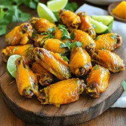 - 2 lbs chicken wings - 1 ripe mango, peeled and diced - 1-2 habanero peppers, seeds removed for less heat (or leave seeds for more heat) - 2 tablespoons honey - 2 tablespoons soy sauce - 1 tablespoon lime juice The main ingredients are simple yet bold. Chicken wings give a great base. The mango adds sweetness and flavor. Habanero peppers bring heat. Honey and soy sauce balance the flavors well. Lime juice adds a fresh twist. - 1 teaspoon garlic powder - 1 teaspoon ginger powder - Salt and pepper to taste - 2 tablespoons vegetable oil Seasoning is key for taste. Garlic powder and ginger powder enhance the sauce. Salt and pepper boost the overall flavor. Vegetable oil helps the wings cook evenly. - Fresh cilantro - Optional presentation elements: lime wedges Garnishes make your dish pop. Fresh cilantro adds color and taste. Lime wedges offer extra brightness. Use these to make your wings look and taste amazing. For the full recipe, refer to the instructions above. First, preheat your oven to 400°F (200°C). This step is key for crispy wings. Line a baking sheet with parchment paper. This makes cleanup easy. Next, gather your sauce ingredients. In a blender, combine: - 1 ripe mango, peeled and diced - 1-2 habanero peppers, seeds removed or left in for more heat - 2 tablespoons honey - 2 tablespoons soy sauce - 1 tablespoon lime juice - 1 teaspoon garlic powder - 1 teaspoon ginger powder - Salt and pepper to taste Blend until smooth. This sauce will give the wings their tasty kick. Place your chicken wings in a large bowl. Pour half of the mango habanero sauce over the wings. Toss them well. Make sure every wing is coated. Set aside the rest of the sauce for later use. Arrange the wings on the baking sheet. Keep them in a single layer. This helps them cook evenly. Bake the wings for 25-30 minutes. Flip them halfway through for a crispy finish. After 30 minutes, switch your oven to broil. Cook for an extra 2-3 minutes. Watch closely to avoid burning. Once they are crispy and golden-brown, take them out. Toss the wings in the remaining sauce for added flavor. Garnish with fresh cilantro before serving. Enjoy your delicious mango habanero wings! For the full recipe, check out the details above. To get your wings nice and crispy, flip them halfway through baking. This helps them cook evenly and avoids sogginess. After baking, use the broiling technique for extra crisp. Broil the wings for 2-3 minutes. Watch closely to prevent burning. This will give your wings a golden finish. If you want less heat, remove the seeds from the habanero peppers. This simple step can make a big difference. For those who love heat, keep the seeds in. You can also add more habaneros for an even spicier kick. Just remember to balance the heat with the sweet mango flavor. Marinating your wings before baking adds great flavor. Try letting them sit in the mango habanero sauce for at least 30 minutes. This lets the flavors soak in well. You can also experiment with extra spices. Consider adding smoked paprika or cayenne pepper for a unique twist. These small changes make a big impact on taste. For the full recipe, check the details above. {{image_2}} You can switch up the sauce for your wings. Try other fruit-based sauces like pineapple or peach. These fruits add sweetness and flavor. You can mix them with different peppers too. For a milder taste, use jalapeños. For more heat, try ghost peppers. You can cook these wings in different ways. Grilling gives a smoky flavor. Just preheat the grill and cook the wings for about 20 minutes. Turn them often for even cooking. Want to use an air fryer? Set it to 375°F (190°C). Cook the wings for 25 minutes. Flip them halfway for crispiness. This method uses less oil and cooks faster. You can serve Mango Habanero Wings as an appetizer or a main dish. If you use them as an appetizer, pair with a cool dip like ranch or blue cheese. For a main dish, serve with rice or a fresh salad. Consider adding sides like coleslaw or corn on the cob. These add crunch and balance the spice. Enjoy your meal with friends or family for a fun experience! To keep your Mango Habanero Wings fresh, store them in the fridge. Place the wings in an airtight container. This helps trap moisture and keep them tasty. You can also wrap them tightly in plastic wrap. Aim to eat the leftovers within three days for the best flavor. When it’s time to enjoy your wings again, the oven is your best friend. Preheat your oven to 350°F (175°C). Lay the wings on a baking sheet. Heat them for about 10-15 minutes. This method helps keep the skin crispy. If you need a faster option, use the microwave. Place the wings on a microwave-safe plate. Heat them in short bursts of 30 seconds. Check often to avoid drying them out. You can freeze cooked Mango Habanero Wings for later. First, let the wings cool completely. Then, place them in a freezer-safe bag. Squeeze out as much air as possible to prevent freezer burn. They can last for up to three months. When you’re ready to eat, thaw the wings in the fridge overnight. You can also thaw them in cold water for a quicker option. Mango Habanero Wings are chicken wings coated in a sweet and spicy sauce. The sauce blends ripe mango with habanero peppers, honey, soy sauce, and lime juice. This mix gives the wings a fruity flavor and a spicy kick. The result is a perfect balance of heat and sweetness. Mango Habanero Wings can be quite spicy. Habanero peppers rank high on the Scoville scale. A typical habanero can measure between 100,000 to 350,000 SHU. For comparison, jalapeño peppers measure around 2,500 to 8,000 SHU. If you prefer less heat, remove the seeds from the peppers or use fewer of them. Yes, you can prep Mango Habanero Wings ahead of time. Marinate the wings in the sauce for up to 24 hours. This allows the flavors to soak in. When you are ready to cook, simply bake them as directed. You can also prepare the sauce and store it in the fridge. Many restaurants and chains serve mango habanero wings. Look for places that focus on chicken wings or bar food. Popular chains like Buffalo Wild Wings and Wingstop often have similar flavors. Local spots may also feature these wings on their menu. Always check the menu or ask the staff for recommendations. A serving of Mango Habanero Wings, about four wings, typically contains around 300-400 calories. This varies based on cooking methods and portion sizes. Nutritional content includes protein, fats, and carbohydrates. For exact numbers, consider using a nutrition tracker after preparing the Full Recipe. You now know how to make amazing Mango Habanero Wings. You learned about main ingredients, seasoning, and some great garnishing ideas. We covered how to prep, coat, and bake for a crispy finish. You also picked up tips for adjusting spice levels and other cooking methods. These wings can be an appetizer or a main dish. They even store and reheat well. With the right techniques, you will make tasty, flavorful wings every time. Enjoy these tips, and have fun cooking!