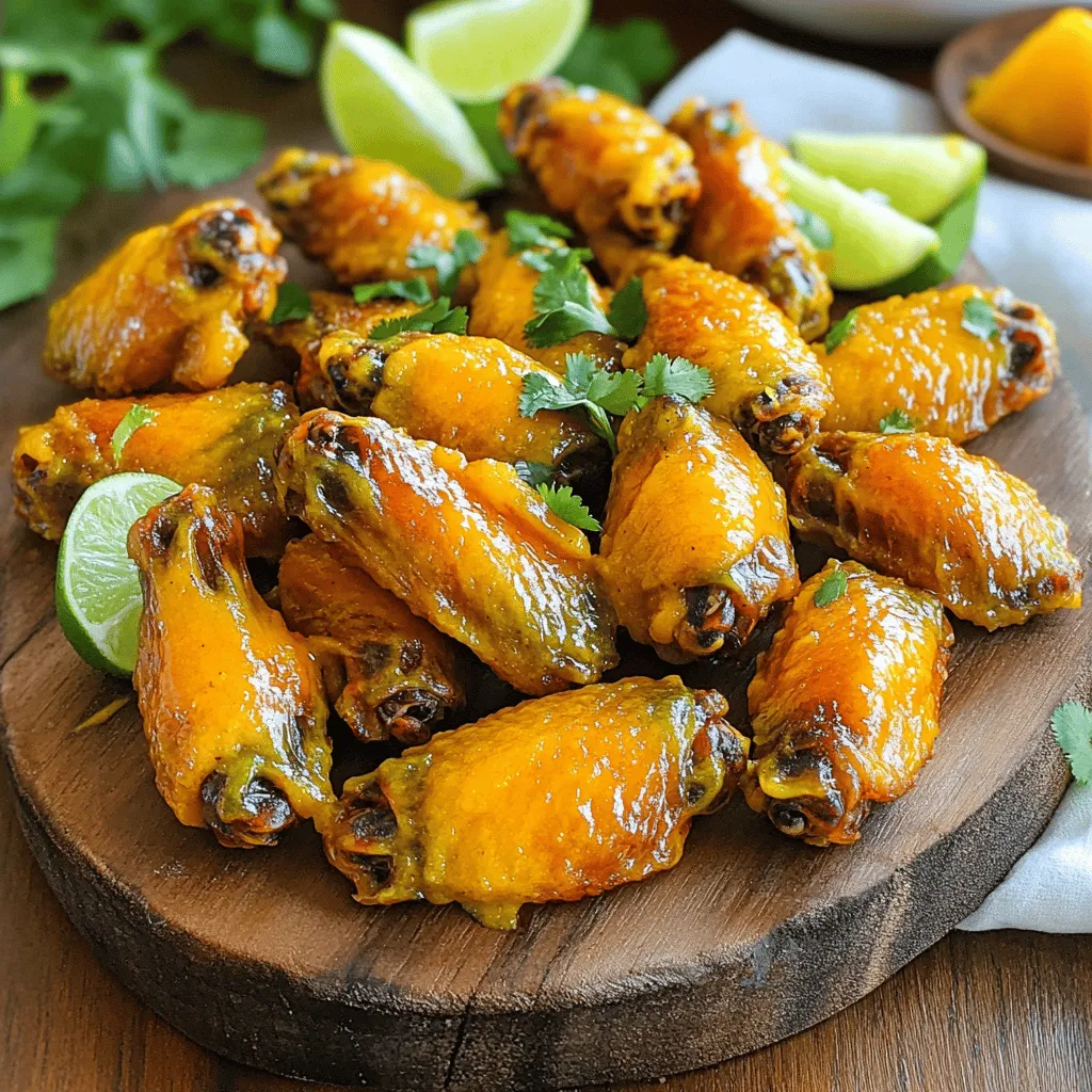 - 2 lbs chicken wings - 1 ripe mango, peeled and diced - 1-2 habanero peppers, seeds removed for less heat (or leave seeds for more heat) - 2 tablespoons honey - 2 tablespoons soy sauce - 1 tablespoon lime juice The main ingredients are simple yet bold. Chicken wings give a great base. The mango adds sweetness and flavor. Habanero peppers bring heat. Honey and soy sauce balance the flavors well. Lime juice adds a fresh twist. - 1 teaspoon garlic powder - 1 teaspoon ginger powder - Salt and pepper to taste - 2 tablespoons vegetable oil Seasoning is key for taste. Garlic powder and ginger powder enhance the sauce. Salt and pepper boost the overall flavor. Vegetable oil helps the wings cook evenly. - Fresh cilantro - Optional presentation elements: lime wedges Garnishes make your dish pop. Fresh cilantro adds color and taste. Lime wedges offer extra brightness. Use these to make your wings look and taste amazing. For the full recipe, refer to the instructions above. First, preheat your oven to 400°F (200°C). This step is key for crispy wings. Line a baking sheet with parchment paper. This makes cleanup easy. Next, gather your sauce ingredients. In a blender, combine: - 1 ripe mango, peeled and diced - 1-2 habanero peppers, seeds removed or left in for more heat - 2 tablespoons honey - 2 tablespoons soy sauce - 1 tablespoon lime juice - 1 teaspoon garlic powder - 1 teaspoon ginger powder - Salt and pepper to taste Blend until smooth. This sauce will give the wings their tasty kick. Place your chicken wings in a large bowl. Pour half of the mango habanero sauce over the wings. Toss them well. Make sure every wing is coated. Set aside the rest of the sauce for later use. Arrange the wings on the baking sheet. Keep them in a single layer. This helps them cook evenly. Bake the wings for 25-30 minutes. Flip them halfway through for a crispy finish. After 30 minutes, switch your oven to broil. Cook for an extra 2-3 minutes. Watch closely to avoid burning. Once they are crispy and golden-brown, take them out. Toss the wings in the remaining sauce for added flavor. Garnish with fresh cilantro before serving. Enjoy your delicious mango habanero wings! For the full recipe, check out the details above. To get your wings nice and crispy, flip them halfway through baking. This helps them cook evenly and avoids sogginess. After baking, use the broiling technique for extra crisp. Broil the wings for 2-3 minutes. Watch closely to prevent burning. This will give your wings a golden finish. If you want less heat, remove the seeds from the habanero peppers. This simple step can make a big difference. For those who love heat, keep the seeds in. You can also add more habaneros for an even spicier kick. Just remember to balance the heat with the sweet mango flavor. Marinating your wings before baking adds great flavor. Try letting them sit in the mango habanero sauce for at least 30 minutes. This lets the flavors soak in well. You can also experiment with extra spices. Consider adding smoked paprika or cayenne pepper for a unique twist. These small changes make a big impact on taste. For the full recipe, check the details above. {{image_2}} You can switch up the sauce for your wings. Try other fruit-based sauces like pineapple or peach. These fruits add sweetness and flavor. You can mix them with different peppers too. For a milder taste, use jalapeños. For more heat, try ghost peppers. You can cook these wings in different ways. Grilling gives a smoky flavor. Just preheat the grill and cook the wings for about 20 minutes. Turn them often for even cooking. Want to use an air fryer? Set it to 375°F (190°C). Cook the wings for 25 minutes. Flip them halfway for crispiness. This method uses less oil and cooks faster. You can serve Mango Habanero Wings as an appetizer or a main dish. If you use them as an appetizer, pair with a cool dip like ranch or blue cheese. For a main dish, serve with rice or a fresh salad. Consider adding sides like coleslaw or corn on the cob. These add crunch and balance the spice. Enjoy your meal with friends or family for a fun experience! To keep your Mango Habanero Wings fresh, store them in the fridge. Place the wings in an airtight container. This helps trap moisture and keep them tasty. You can also wrap them tightly in plastic wrap. Aim to eat the leftovers within three days for the best flavor. When it’s time to enjoy your wings again, the oven is your best friend. Preheat your oven to 350°F (175°C). Lay the wings on a baking sheet. Heat them for about 10-15 minutes. This method helps keep the skin crispy. If you need a faster option, use the microwave. Place the wings on a microwave-safe plate. Heat them in short bursts of 30 seconds. Check often to avoid drying them out. You can freeze cooked Mango Habanero Wings for later. First, let the wings cool completely. Then, place them in a freezer-safe bag. Squeeze out as much air as possible to prevent freezer burn. They can last for up to three months. When you’re ready to eat, thaw the wings in the fridge overnight. You can also thaw them in cold water for a quicker option. Mango Habanero Wings are chicken wings coated in a sweet and spicy sauce. The sauce blends ripe mango with habanero peppers, honey, soy sauce, and lime juice. This mix gives the wings a fruity flavor and a spicy kick. The result is a perfect balance of heat and sweetness. Mango Habanero Wings can be quite spicy. Habanero peppers rank high on the Scoville scale. A typical habanero can measure between 100,000 to 350,000 SHU. For comparison, jalapeño peppers measure around 2,500 to 8,000 SHU. If you prefer less heat, remove the seeds from the peppers or use fewer of them. Yes, you can prep Mango Habanero Wings ahead of time. Marinate the wings in the sauce for up to 24 hours. This allows the flavors to soak in. When you are ready to cook, simply bake them as directed. You can also prepare the sauce and store it in the fridge. Many restaurants and chains serve mango habanero wings. Look for places that focus on chicken wings or bar food. Popular chains like Buffalo Wild Wings and Wingstop often have similar flavors. Local spots may also feature these wings on their menu. Always check the menu or ask the staff for recommendations. A serving of Mango Habanero Wings, about four wings, typically contains around 300-400 calories. This varies based on cooking methods and portion sizes. Nutritional content includes protein, fats, and carbohydrates. For exact numbers, consider using a nutrition tracker after preparing the Full Recipe. You now know how to make amazing Mango Habanero Wings. You learned about main ingredients, seasoning, and some great garnishing ideas. We covered how to prep, coat, and bake for a crispy finish. You also picked up tips for adjusting spice levels and other cooking methods. These wings can be an appetizer or a main dish. They even store and reheat well. With the right techniques, you will make tasty, flavorful wings every time. Enjoy these tips, and have fun cooking!