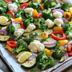 For my Sheet Pan Lemon Roasted Veggies, I love to use a mix. Here’s what I recommend: - 1 cup broccoli florets - 1 cup cauliflower florets - 1 red bell pepper, chopped - 1 yellow bell pepper, chopped - 1 medium zucchini, sliced - 1 red onion, cut into wedges These veggies give a nice variety of colors and textures. They also roast well together, making a tasty dish. The right spices can elevate your veggies. Here’s what you’ll need: - 3 tablespoons olive oil - Juice and zest of 1 large lemon - 2 teaspoons garlic powder - 1 teaspoon paprika - Salt and pepper to taste These spices bring out the flavor of each vegetable. The lemon juice adds a bright taste that is refreshing. To finish, I like to add a touch of freshness. Here’s a simple touch: - Fresh parsley, chopped for garnish This garnish not only looks nice but adds a fresh taste. You can find the full recipe above for more details. Start by gathering your ingredients. You will need fresh veggies for this recipe. Use broccoli, cauliflower, red and yellow bell peppers, zucchini, and red onion. Chop them into bite-sized pieces. Place all the vegetables in a large mixing bowl. Next, make the lemon marinade. In a small bowl, combine olive oil, lemon juice, zest, garlic powder, paprika, salt, and pepper. Whisk well until mixed. Pour the marinade over the veggies. Toss them gently until every piece is coated. This step adds a lot of flavor. Preheat your oven to 425°F (220°C). While it heats, prepare a large sheet pan. Line it with parchment paper. This helps with easy cleanup. Spread the marinated veggies evenly on the pan. Make sure they are in a single layer. This ensures even cooking. Roast the veggies in the oven for 20-25 minutes. Stir them halfway through the cooking time. You want them tender and slightly caramelized. The high heat brings out their natural sweetness. Once the veggies are done, take them out of the oven. They should look golden and be soft. Sprinkle fresh parsley on top for a pop of color. Serve directly on the sheet pan for a rustic look. You can also transfer them to a serving platter. Add lemon wedges on the side for extra flavor. Enjoy these vibrant Sheet Pan Lemon Roasted Veggies as a side dish or a main meal. For the complete recipe, check out the Full Recipe. To get veggies just right, cut them all the same size. This helps them cook evenly. Spread them out on the sheet pan. If they are too close, they will steam instead of roast. Use parchment paper for easier cleanup and better browning. Keep an eye on the oven. Roasting takes about 20 to 25 minutes, but check for tenderness. Stir halfway through for even cooking. Lemon is the star of this dish. Use both juice and zest for a strong taste. Zest adds a fresh aroma that brightens the veggies. If you want more lemon, add extra juice or zest before serving. For a twist, try adding lemon slices on top. They caramelize nicely and give a beautiful look. You can serve these veggies right from the sheet pan. This gives a homey feel. For a more polished look, transfer them to a large platter. Add lemon wedges on the side for a pop of color. Fresh parsley on top makes the dish bright and inviting. Pair with grains or proteins for a complete meal. For a full guide, check the Full Recipe. {{image_2}} You can swap out veggies to fit your taste. Carrots, green beans, or asparagus work well. Just keep the same cutting size for even cooking. You can mix and match your favorites. This way, you’ll have a new dish each time. If you want to try a different flavor, switch the lemon. Use balsamic vinegar or apple cider vinegar. You can also add herbs like thyme or rosemary for extra taste. Mixing in soy sauce gives it a nice twist too. The key is to keep the oil to help the veggies roast well. This recipe is already vegan and gluten-free! You don’t need to change much. Just ensure your spices are gluten-free. You can add tofu or chickpeas for more protein. They will roast nicely and soak up the lemon flavor. For a creamy touch, try a vegan yogurt sauce on the side. To keep your sheet pan lemon roasted veggies fresh, let them cool first. Place them in an airtight container. You can also use a resealable plastic bag. Make sure to remove excess air. This helps keep the veggies crisp and tasty. When it’s time to enjoy leftovers, reheat them in the oven. Set your oven to 350°F (175°C). Spread the veggies on a baking sheet. Heat for about 10-15 minutes, until warm. You can also microwave them. Place them in a safe dish, cover, and heat for 1-2 minutes. Stir and check if they are warm. These roasted veggies stay good in the fridge for about 3-5 days. If you want to keep them longer, consider freezing. They can last up to 3 months in the freezer. Just thaw them overnight in the fridge before reheating. For full details on making these tasty veggies, refer to the Full Recipe. Yes, you can use frozen vegetables. They are easy and save time. Just make sure to thaw them first. Drain any extra water to avoid soggy veggies. You may need to adjust the cooking time. Check for tenderness during roasting. Frozen vegetables work well, but fresh ones taste better. You can add any veggies you like. Try carrots, asparagus, or Brussels sprouts. You can also change the spices. Add herbs like thyme or oregano for more flavor. If you want heat, add cayenne pepper or chili flakes. Mixing and matching makes it fun and unique. These veggies pair well with many dishes. Serve them with grilled chicken or fish for protein. They also work great with quinoa or rice for a veggie bowl. Add them to tacos or wraps for extra crunch. You can even make a salad with them. They brighten up any meal! This article covered everything you need for perfect sheet pan lemon roasted veggies. We looked at ingredients, roasting steps, and tips for great flavor. Don’t forget to try different veggies and marinades to personalize your dish. Proper storage and reheating will keep leftovers fresh. Use what you learned to impress others at meals. Enjoy tasty and healthy veggies that everyone will love.