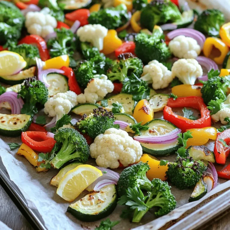 For my Sheet Pan Lemon Roasted Veggies, I love to use a mix. Here’s what I recommend: - 1 cup broccoli florets - 1 cup cauliflower florets - 1 red bell pepper, chopped - 1 yellow bell pepper, chopped - 1 medium zucchini, sliced - 1 red onion, cut into wedges These veggies give a nice variety of colors and textures. They also roast well together, making a tasty dish. The right spices can elevate your veggies. Here’s what you’ll need: - 3 tablespoons olive oil - Juice and zest of 1 large lemon - 2 teaspoons garlic powder - 1 teaspoon paprika - Salt and pepper to taste These spices bring out the flavor of each vegetable. The lemon juice adds a bright taste that is refreshing. To finish, I like to add a touch of freshness. Here’s a simple touch: - Fresh parsley, chopped for garnish This garnish not only looks nice but adds a fresh taste. You can find the full recipe above for more details. Start by gathering your ingredients. You will need fresh veggies for this recipe. Use broccoli, cauliflower, red and yellow bell peppers, zucchini, and red onion. Chop them into bite-sized pieces. Place all the vegetables in a large mixing bowl. Next, make the lemon marinade. In a small bowl, combine olive oil, lemon juice, zest, garlic powder, paprika, salt, and pepper. Whisk well until mixed. Pour the marinade over the veggies. Toss them gently until every piece is coated. This step adds a lot of flavor. Preheat your oven to 425°F (220°C). While it heats, prepare a large sheet pan. Line it with parchment paper. This helps with easy cleanup. Spread the marinated veggies evenly on the pan. Make sure they are in a single layer. This ensures even cooking. Roast the veggies in the oven for 20-25 minutes. Stir them halfway through the cooking time. You want them tender and slightly caramelized. The high heat brings out their natural sweetness. Once the veggies are done, take them out of the oven. They should look golden and be soft. Sprinkle fresh parsley on top for a pop of color. Serve directly on the sheet pan for a rustic look. You can also transfer them to a serving platter. Add lemon wedges on the side for extra flavor. Enjoy these vibrant Sheet Pan Lemon Roasted Veggies as a side dish or a main meal. For the complete recipe, check out the Full Recipe. To get veggies just right, cut them all the same size. This helps them cook evenly. Spread them out on the sheet pan. If they are too close, they will steam instead of roast. Use parchment paper for easier cleanup and better browning. Keep an eye on the oven. Roasting takes about 20 to 25 minutes, but check for tenderness. Stir halfway through for even cooking. Lemon is the star of this dish. Use both juice and zest for a strong taste. Zest adds a fresh aroma that brightens the veggies. If you want more lemon, add extra juice or zest before serving. For a twist, try adding lemon slices on top. They caramelize nicely and give a beautiful look. You can serve these veggies right from the sheet pan. This gives a homey feel. For a more polished look, transfer them to a large platter. Add lemon wedges on the side for a pop of color. Fresh parsley on top makes the dish bright and inviting. Pair with grains or proteins for a complete meal. For a full guide, check the Full Recipe. {{image_2}} You can swap out veggies to fit your taste. Carrots, green beans, or asparagus work well. Just keep the same cutting size for even cooking. You can mix and match your favorites. This way, you’ll have a new dish each time. If you want to try a different flavor, switch the lemon. Use balsamic vinegar or apple cider vinegar. You can also add herbs like thyme or rosemary for extra taste. Mixing in soy sauce gives it a nice twist too. The key is to keep the oil to help the veggies roast well. This recipe is already vegan and gluten-free! You don’t need to change much. Just ensure your spices are gluten-free. You can add tofu or chickpeas for more protein. They will roast nicely and soak up the lemon flavor. For a creamy touch, try a vegan yogurt sauce on the side. To keep your sheet pan lemon roasted veggies fresh, let them cool first. Place them in an airtight container. You can also use a resealable plastic bag. Make sure to remove excess air. This helps keep the veggies crisp and tasty. When it’s time to enjoy leftovers, reheat them in the oven. Set your oven to 350°F (175°C). Spread the veggies on a baking sheet. Heat for about 10-15 minutes, until warm. You can also microwave them. Place them in a safe dish, cover, and heat for 1-2 minutes. Stir and check if they are warm. These roasted veggies stay good in the fridge for about 3-5 days. If you want to keep them longer, consider freezing. They can last up to 3 months in the freezer. Just thaw them overnight in the fridge before reheating. For full details on making these tasty veggies, refer to the Full Recipe. Yes, you can use frozen vegetables. They are easy and save time. Just make sure to thaw them first. Drain any extra water to avoid soggy veggies. You may need to adjust the cooking time. Check for tenderness during roasting. Frozen vegetables work well, but fresh ones taste better. You can add any veggies you like. Try carrots, asparagus, or Brussels sprouts. You can also change the spices. Add herbs like thyme or oregano for more flavor. If you want heat, add cayenne pepper or chili flakes. Mixing and matching makes it fun and unique. These veggies pair well with many dishes. Serve them with grilled chicken or fish for protein. They also work great with quinoa or rice for a veggie bowl. Add them to tacos or wraps for extra crunch. You can even make a salad with them. They brighten up any meal! This article covered everything you need for perfect sheet pan lemon roasted veggies. We looked at ingredients, roasting steps, and tips for great flavor. Don’t forget to try different veggies and marinades to personalize your dish. Proper storage and reheating will keep leftovers fresh. Use what you learned to impress others at meals. Enjoy tasty and healthy veggies that everyone will love.