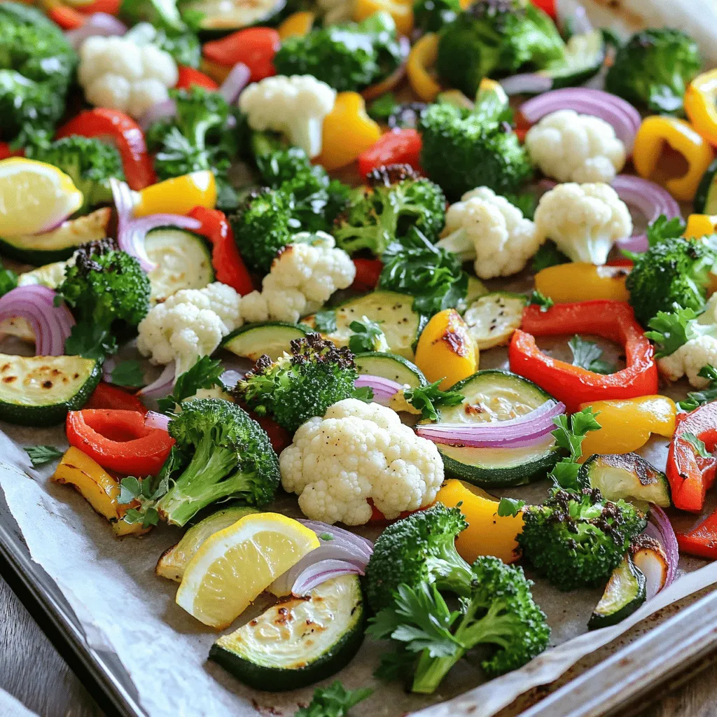 For my Sheet Pan Lemon Roasted Veggies, I love to use a mix. Here’s what I recommend: - 1 cup broccoli florets - 1 cup cauliflower florets - 1 red bell pepper, chopped - 1 yellow bell pepper, chopped - 1 medium zucchini, sliced - 1 red onion, cut into wedges These veggies give a nice variety of colors and textures. They also roast well together, making a tasty dish. The right spices can elevate your veggies. Here’s what you’ll need: - 3 tablespoons olive oil - Juice and zest of 1 large lemon - 2 teaspoons garlic powder - 1 teaspoon paprika - Salt and pepper to taste These spices bring out the flavor of each vegetable. The lemon juice adds a bright taste that is refreshing. To finish, I like to add a touch of freshness. Here’s a simple touch: - Fresh parsley, chopped for garnish This garnish not only looks nice but adds a fresh taste. You can find the full recipe above for more details. Start by gathering your ingredients. You will need fresh veggies for this recipe. Use broccoli, cauliflower, red and yellow bell peppers, zucchini, and red onion. Chop them into bite-sized pieces. Place all the vegetables in a large mixing bowl. Next, make the lemon marinade. In a small bowl, combine olive oil, lemon juice, zest, garlic powder, paprika, salt, and pepper. Whisk well until mixed. Pour the marinade over the veggies. Toss them gently until every piece is coated. This step adds a lot of flavor. Preheat your oven to 425°F (220°C). While it heats, prepare a large sheet pan. Line it with parchment paper. This helps with easy cleanup. Spread the marinated veggies evenly on the pan. Make sure they are in a single layer. This ensures even cooking. Roast the veggies in the oven for 20-25 minutes. Stir them halfway through the cooking time. You want them tender and slightly caramelized. The high heat brings out their natural sweetness. Once the veggies are done, take them out of the oven. They should look golden and be soft. Sprinkle fresh parsley on top for a pop of color. Serve directly on the sheet pan for a rustic look. You can also transfer them to a serving platter. Add lemon wedges on the side for extra flavor. Enjoy these vibrant Sheet Pan Lemon Roasted Veggies as a side dish or a main meal. For the complete recipe, check out the Full Recipe. To get veggies just right, cut them all the same size. This helps them cook evenly. Spread them out on the sheet pan. If they are too close, they will steam instead of roast. Use parchment paper for easier cleanup and better browning. Keep an eye on the oven. Roasting takes about 20 to 25 minutes, but check for tenderness. Stir halfway through for even cooking. Lemon is the star of this dish. Use both juice and zest for a strong taste. Zest adds a fresh aroma that brightens the veggies. If you want more lemon, add extra juice or zest before serving. For a twist, try adding lemon slices on top. They caramelize nicely and give a beautiful look. You can serve these veggies right from the sheet pan. This gives a homey feel. For a more polished look, transfer them to a large platter. Add lemon wedges on the side for a pop of color. Fresh parsley on top makes the dish bright and inviting. Pair with grains or proteins for a complete meal. For a full guide, check the Full Recipe. {{image_2}} You can swap out veggies to fit your taste. Carrots, green beans, or asparagus work well. Just keep the same cutting size for even cooking. You can mix and match your favorites. This way, you’ll have a new dish each time. If you want to try a different flavor, switch the lemon. Use balsamic vinegar or apple cider vinegar. You can also add herbs like thyme or rosemary for extra taste. Mixing in soy sauce gives it a nice twist too. The key is to keep the oil to help the veggies roast well. This recipe is already vegan and gluten-free! You don’t need to change much. Just ensure your spices are gluten-free. You can add tofu or chickpeas for more protein. They will roast nicely and soak up the lemon flavor. For a creamy touch, try a vegan yogurt sauce on the side. To keep your sheet pan lemon roasted veggies fresh, let them cool first. Place them in an airtight container. You can also use a resealable plastic bag. Make sure to remove excess air. This helps keep the veggies crisp and tasty. When it’s time to enjoy leftovers, reheat them in the oven. Set your oven to 350°F (175°C). Spread the veggies on a baking sheet. Heat for about 10-15 minutes, until warm. You can also microwave them. Place them in a safe dish, cover, and heat for 1-2 minutes. Stir and check if they are warm. These roasted veggies stay good in the fridge for about 3-5 days. If you want to keep them longer, consider freezing. They can last up to 3 months in the freezer. Just thaw them overnight in the fridge before reheating. For full details on making these tasty veggies, refer to the Full Recipe. Yes, you can use frozen vegetables. They are easy and save time. Just make sure to thaw them first. Drain any extra water to avoid soggy veggies. You may need to adjust the cooking time. Check for tenderness during roasting. Frozen vegetables work well, but fresh ones taste better. You can add any veggies you like. Try carrots, asparagus, or Brussels sprouts. You can also change the spices. Add herbs like thyme or oregano for more flavor. If you want heat, add cayenne pepper or chili flakes. Mixing and matching makes it fun and unique. These veggies pair well with many dishes. Serve them with grilled chicken or fish for protein. They also work great with quinoa or rice for a veggie bowl. Add them to tacos or wraps for extra crunch. You can even make a salad with them. They brighten up any meal! This article covered everything you need for perfect sheet pan lemon roasted veggies. We looked at ingredients, roasting steps, and tips for great flavor. Don’t forget to try different veggies and marinades to personalize your dish. Proper storage and reheating will keep leftovers fresh. Use what you learned to impress others at meals. Enjoy tasty and healthy veggies that everyone will love.