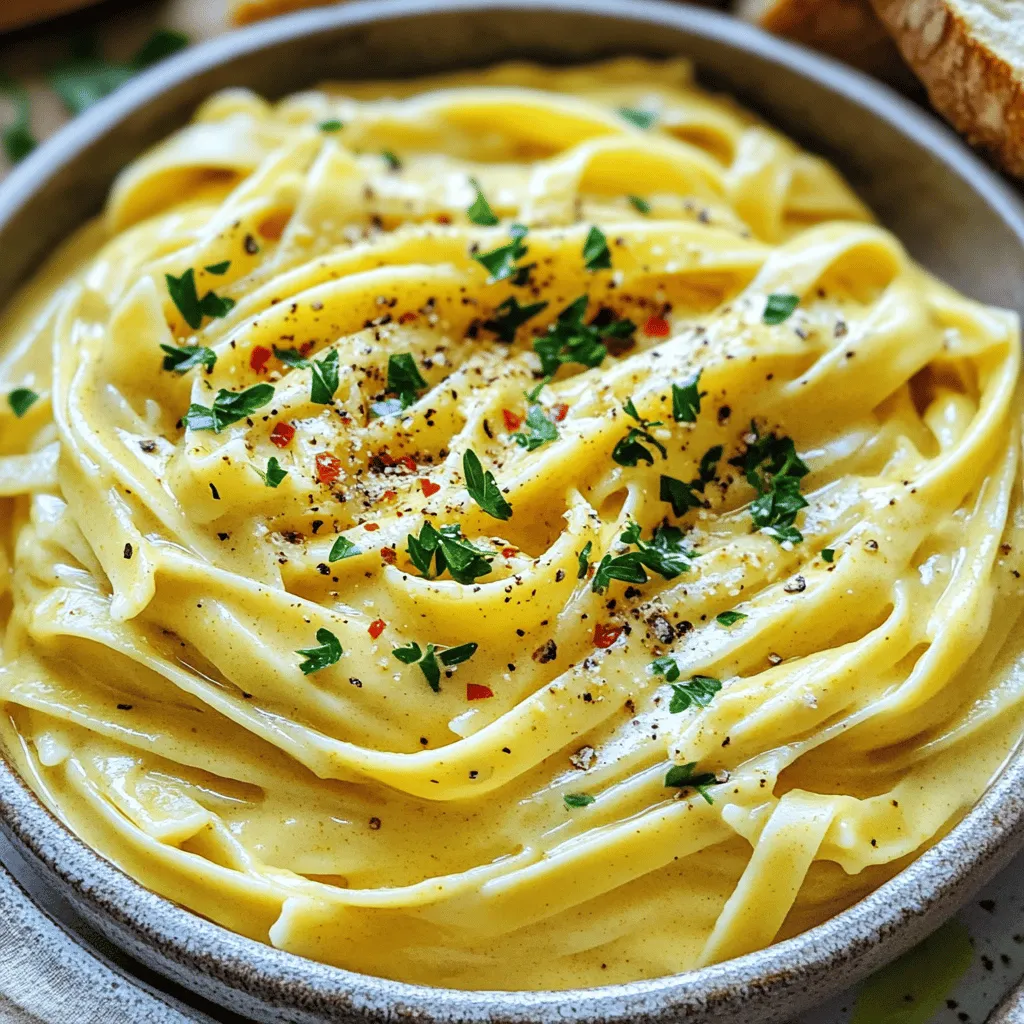 - 12 oz fettuccine or spaghetti pasta - 1 cup canned pumpkin puree - 1 cup unsweetened almond or cashew milk The main ingredients form the base of this dish. Pasta gives the meal its heartiness. Pumpkin puree adds creaminess and a nice fall flavor. Almond or cashew milk makes the sauce rich without dairy. - 2 tablespoons nutritional yeast - 3 tablespoons olive oil - 2 cloves garlic, minced These flavor enhancers take the dish to the next level. Nutritional yeast adds a cheesy taste that many love. Olive oil enriches the sauce, while garlic brings out a great aroma and flavor. - 1 teaspoon onion powder - 1 teaspoon garlic powder - 1/2 teaspoon nutmeg - Salt and pepper to taste - Fresh parsley, chopped (for garnish) - Crushed red pepper flakes (optional, for spice) Seasoning is key to a tasty dish. Onion powder and garlic powder deepen the flavors. Nutmeg adds warmth, while salt and pepper balance everything. Fresh parsley brightens the meal, and red pepper flakes can kick up the heat. You can find the full recipe for this delicious dish and all its steps. To start, bring a large pot of salted water to a boil. Once it’s boiling, add 12 oz of fettuccine or spaghetti pasta. Cook according to package instructions until the pasta is al dente. This usually takes around 8 to 10 minutes. Remember to reserve about 1 cup of pasta water before draining. Set the pasta aside for later. In a large skillet, heat 3 tablespoons of olive oil over medium heat. Add 2 cloves of minced garlic and sauté for about 1 minute, just until it smells great. Next, stir in 1 cup of canned pumpkin puree. Pour in 1 cup of unsweetened almond or cashew milk. Then, add 2 tablespoons of nutritional yeast, 1 teaspoon of onion powder, 1 teaspoon of garlic powder, and 1/2 teaspoon of nutmeg. Season with salt and pepper to taste. Whisk this all together until it’s smooth. Let the sauce simmer for 3 to 5 minutes. This helps it thicken a bit. Now it’s time to combine! Add the cooked pasta to the skillet with the pumpkin Alfredo sauce. Toss the pasta well to coat it evenly. If the sauce seems too thick, add reserved pasta water a little at a time until you reach your desired creaminess. Adjust the seasoning with more salt or pepper if needed. Once everything is well mixed, remove it from the heat. Serve the pasta hot, garnished with fresh chopped parsley and, if you like, a sprinkle of crushed red pepper flakes for some spice. Enjoy this creamy vegan pumpkin Alfredo pasta! You can find the full recipe above. To get the perfect sauce, use pasta water. This water has starch from the pasta. It helps thicken the sauce nicely. When you mix the cooked pasta with the sauce, add a little pasta water at a time. Keep mixing until it reaches your desired creaminess. This gives the pasta a silky texture. Cooking your pasta al dente matters. Al dente means “to the tooth” in Italian. This means the pasta will be firm but not hard. Cooking it this way gives a nice bite and holds up better when mixed with the sauce. Follow the package instructions closely for the best results. This keeps the pasta from becoming mushy. Presentation is key for a great meal. Plate the pasta in a shallow bowl. Drizzle a bit of extra olive oil on top. This adds shine and flavor. Add a dollop of pumpkin puree for color. Then, sprinkle fresh parsley on top for a fresh touch. If you like spice, add crushed red pepper flakes. Serve with crusty bread on the side for a complete meal. For the full recipe, check out the detailed instructions above. {{image_2}} You can make your vegan pumpkin Alfredo pasta even better by adding protein. Chickpeas are a great choice. They add texture and a nice bite. Lentils are another option. They offer a hearty feel and boost nutrition. Just cook them separately, then mix them in with the pasta. You will love how they blend with the creamy sauce. When you pick your pasta, think about your options. Whole wheat pasta is a healthy choice. It has more fiber and a nutty flavor. If you need gluten-free, go for brown rice or quinoa pasta. Both options work well in this dish. They soak up the sauce and taste great. Choose what fits your diet best. Mixing in seasonal veggies can add fun flavors. In fall, try adding roasted butternut squash or kale. Both pair well with the pumpkin. In winter, think about using sautéed spinach or Brussels sprouts. These veggies add color and nutrients. You can also change up the spices. A pinch of cinnamon or a dash of sage can create a new twist. Experiment and find your favorite mix! For a detailed recipe, check out the Full Recipe. To store your vegan pumpkin Alfredo pasta, let it cool first. Place it in an airtight container. This helps keep it fresh. It will last in the fridge for about 3 to 5 days. Make sure to label the container with the date. If you want to keep it longer, freezing is a great option. When reheating, I suggest using the stovetop. Add a splash of almond or cashew milk to the pasta. This helps keep it creamy. Heat on low, stirring often, until warm. You can also use the microwave. Just cover the bowl with a lid or wrap. Heat in short intervals, stirring in between. This way, it stays nice and smooth. To freeze pasta, place it in a freezer-safe container. Make sure to leave some space for expansion. It can last up to 3 months in the freezer. When you want to eat it, thaw overnight in the fridge. Reheat it on the stovetop, adding a little milk to bring back the creaminess. For best results, eat thawed pasta within a week. You can find the full recipe in the article above. Yes, you can use fresh pumpkin. Fresh pumpkin adds a nice texture. To prepare, select a small sugar pumpkin. Cut it, remove seeds, and roast until soft. This takes about 45 minutes. Once cool, scoop out the flesh and mash it. Use the same amount as canned pumpkin. This gives you a fresher taste. Yes, you can make this recipe gluten-free. Choose gluten-free pasta made from rice, corn, or lentils. These options work well and keep the dish creamy. Look for brands that specify gluten-free on the package. This way, you can enjoy a delicious meal without gluten. If you don’t have nutritional yeast, use ground cashews. They add a creamy flavor. You can also use vegan parmesan cheese as an option. This will still keep the dish rich and full of taste. Another option is to leave it out and adjust seasoning. To spice things up, add crushed red pepper flakes. You can mix in cayenne pepper for more heat. A few dashes of hot sauce also works well. Start with a small amount. Taste as you go to find your perfect level of spice. Enjoy the added kick! Vegan pumpkin Alfredo pasta is simple, tasty, and packed with flavor. We covered main ingredients like pasta, pumpkin puree, and almond milk. Then, we made a creamy sauce with garlic and seasonings. You learned tips to perfect your sauce and store leftovers easily. Try variations with protein and seasonal veggies to keep the dish fresh. Enjoy this easy recipe any time, and make it your own! Cooking should always be fun and flavorful.