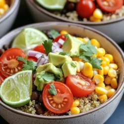 To make the best vegetarian taco bowls, I like to measure out the ingredients before cooking. This saves time and helps keep things organized. Here’s what you need: - 1 cup quinoa, rinsed and drained - 2 cups vegetable broth - 1 can (15 oz) black beans, rinsed and drained - 1 cup corn (fresh or frozen) - 1 red bell pepper, diced - 1 avocado, diced - 1 cup cherry tomatoes, halved - 1/4 cup red onion, finely chopped - 1/4 cup fresh cilantro, chopped - 1 tablespoon olive oil - 1 teaspoon cumin - 1 teaspoon chili powder - Salt and pepper to taste - Juice of 1 lime - Optional toppings: salsa, Greek yogurt or sour cream, shredded cheese Preparation tips are key for fresh vegetables. I always wash them well to remove dirt. For the bell pepper, I remove the seeds and chop it into small pieces. Dicing the avocado right before serving keeps it fresh and green. Using high-quality ingredients is important for flavor and nutrition. Fresh vegetables and good beans make a big difference. They enhance the taste of the taco bowls. Plus, they provide vitamins and minerals that help you feel great. For the full recipe, check out the complete instructions above. To cook quinoa, start by rinsing it well. Place the quinoa in a fine mesh strainer and run cold water over it for about 2 minutes. This helps remove the bitter coating called saponin. After rinsing, drain the quinoa. Next, bring 2 cups of vegetable broth to a boil in a medium saucepan. Add the rinsed quinoa and stir it in. Reduce the heat to low, cover, and simmer for 15 minutes. The quinoa will soak up the broth and become fluffy. For perfectly fluffy quinoa, let it rest for 5 minutes after cooking. Then, fluff it with a fork. This ensures it doesn’t clump together. Heat 1 tablespoon of olive oil in a skillet over medium heat. Add the diced red bell pepper and corn to the pan. Sauté for about 5 to 7 minutes. The goal is to soften the bell peppers while keeping some crunch. Timing is key. If you cook them too long, they can turn mushy. Stir often to avoid burning. Adding spices like cumin and chili powder during this step enhances the flavor. In a large bowl, combine the cooked quinoa, black beans, and the sautéed bell pepper mixture. Add halved cherry tomatoes, chopped red onion, and half of the cilantro. Drizzle with lime juice to add brightness. Mix everything gently but thoroughly. This ensures all flavors blend well, making each bite tasty. When serving, spoon the mixture into bowls. Top with diced avocado and any optional toppings you like. A sprinkle of fresh cilantro on top adds a nice touch. For the full recipe, check the details above. Overcooking quinoa can ruin your dish. It often turns mushy and loses its nice texture. To keep it fluffy, watch your cooking time closely. After bringing the vegetable broth to a boil, reduce the heat. Cover and simmer for about 15 minutes. Once done, let it sit for a few minutes. This helps the quinoa absorb any remaining moisture. Soggy vegetables can spoil your taco bowl. To avoid this, sauté each vegetable separately. This ensures even cooking and keeps their crunch. For bell peppers and corn, use medium heat. Cook for about 5 to 7 minutes. This will help them stay bright and flavorful. Spices and herbs can boost your taco bowls. I recommend using cumin and chili powder for warmth. You can also add smoked paprika for a smoky kick. Fresh cilantro and lime juice add a fresh finish. Experiment with a pinch of cayenne for heat. Marinating beans can add depth. For black beans, try mixing them with lime juice, garlic powder, and a bit of cumin. Let them sit for at least 15 minutes. This simple step transforms their taste and makes them shine in your dish. Arranging your taco bowl well makes it pop. Start with a base of fluffy quinoa. Then layer on the sautéed veggies, beans, and fresh tomatoes. Keep each ingredient separate for a colorful look. This way, you create a feast for the eyes as well. Garnishes can elevate your taco bowl. Adding diced avocado and lime wedges boosts both flavor and color. A sprinkle of fresh cilantro adds a splash of green. Use a drizzle of salsa or yogurt on top for extra flair. These touches make your meal not just tasty but also beautiful. For the complete recipe, check out the Full Recipe section above. {{image_2}} For a tasty taco bowl, you can use many plant-based proteins. Black beans are a great start. They add fiber and protein. You can also try chickpeas or lentils for a nice twist. If you want something different, tofu and tempeh work well too. Tofu is soft and can soak up flavors. To add tofu, press it to remove extra water. Then, cut it into cubes. Sauté it in a pan until golden. For tempeh, slice it thin and steam it first. This softens it. Then, cook it in a skillet with some oil and spices. Both options make your bowl filling and nutritious. While quinoa is a great grain, you can explore other options. Brown rice is a nice substitute. It has a nutty flavor and is rich in fiber. Farro is another choice. It has a chewy texture and offers a unique taste. Both grains are packed with nutrients and work well in taco bowls. Cook these grains just like quinoa. Use vegetable broth instead of water for extra flavor. This small change can elevate the taste of your meal. Toppings can turn a good taco bowl into a great one. Fresh salsa adds a zing. You can make it with tomatoes, onions, and lime juice. Try different salsas, like mango or pineapple, for a sweet twist. You can also use seasonal produce. In summer, ripe tomatoes and juicy corn are perfect. In fall, add roasted pumpkin or sweet potatoes. Each season brings new flavors and colors to your bowl. Don't forget to mix in fresh herbs like cilantro or parsley for brightness. For a touch of creaminess, you can add Greek yogurt or sour cream. Shredded cheese adds richness too. These toppings bring your vegetarian taco bowl to life. Want more ideas? Check the Full Recipe for inspiration! To keep your vegetarian taco bowls fresh, store them in airtight containers. Refrigerate them within two hours of cooking. This prevents bacteria growth and keeps your meal safe. Ideally, eat your leftovers within three to four days for the best taste. For freezing, separate the components. Freeze quinoa and sautéed veggies in different bags. This way, you can mix and match when you reheat. Use freezer bags that seal tightly to avoid freezer burn. Label them with the date. You can keep them for up to three months. When reheating, use the stove or microwave. On the stove, add a splash of water to the pan. Heat over low, stirring often. This helps keep the texture nice. If using a microwave, cover the bowl with a damp paper towel. Heat in short bursts, stirring in between to avoid hot spots. To refresh leftover ingredients, add a squeeze of lime juice or a splash of olive oil. This brings back some of the flavors and moisture. Each ingredient in your taco bowl has a different shelf life. Quinoa lasts about five days in the fridge. Black beans can stay fresh for up to four days. Fresh veggies, like bell peppers and tomatoes, last three to five days. Avocado is best eaten within one to two days after cutting. Watch for signs of spoilage. If any ingredients smell off or look discolored, toss them out. Always trust your senses. Keeping your food safe means enjoying every tasty bite. For the Full Recipe, check out the details above. To make vegetarian taco bowls from scratch, follow these simple steps: 1. Cook the quinoa: Rinse 1 cup of quinoa and cook it in 2 cups of vegetable broth. 2. Sauté the vegetables: Heat olive oil in a skillet. Add diced red bell pepper and corn. Season with cumin and chili powder. 3. Combine ingredients: In a large bowl, mix cooked quinoa, black beans, sautéed veggies, cherry tomatoes, red onion, and cilantro. 4. Serve: Spoon the mixture into bowls. Top with diced avocado and any other toppings. For this meal, you will need basic kitchen tools: - Medium saucepan for quinoa - Skillet for sautéing - Large mixing bowl for combining ingredients - Cutting board and knife for chopping vegetables Yes, you can prepare vegetarian taco bowls in advance. Here are some best practices: - Cook components separately: Make quinoa and sautéed veggies ahead of time. Store them in separate containers. - Keep toppings fresh: Slice avocado and tomatoes just before serving to keep them fresh. - Store properly: Use airtight containers for all components. This helps maintain flavor and freshness. When you're ready to eat, just combine everything in a bowl. This method saves time and makes meal prep easy. Healthy toppings can enhance your taco bowls. Here are a few ideas: - Fresh salsa: Adds flavor and freshness without many calories. - Greek yogurt: A healthy alternative to sour cream; it adds creaminess and protein. - Shredded cheese: Use in moderation for extra flavor. - Chopped herbs: Fresh cilantro or parsley adds brightness. These toppings provide nutrients and flavor. Choose low-calorie options to keep the meal healthy. Enjoy mixing and matching for variety! In this post, we covered essential ingredients, step-by-step cooking, and helpful tips for your vegetarian taco bowls. I shared ways to succeed with quinoa and sautéed veggies, plus how to enhance flavor and present your meal nicely. Remember to avoid common mistakes and try different grains and proteins. These bowls are not just healthy but also fun to make. Enjoy your taco bowls today, and get creative with your toppings! You’ll impress yourself and others with these tasty dishes.