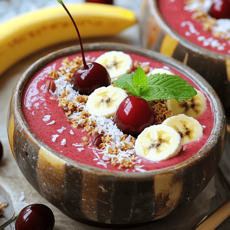 To make a great Cherry Coconut Smoothie Bowl, you need a few key items: - 1 cup frozen cherries - 1 frozen banana - 1 cup coconut milk - 2 tablespoons shredded coconut These main ingredients blend together to create a creamy and flavorful base. The frozen cherries give a sweet tartness. The banana adds creaminess and natural sweetness. Coconut milk brings in richness, while shredded coconut adds texture. Toppings make your smoothie bowl fun and tasty. Here are some great options: - Fresh cherries - Banana slices - Granola - Nuts (like almonds or walnuts) You can create layers of flavor and crunch with these toppings. Fresh cherries and banana slices add a pop of color. Granola gives a satisfying crunch, while nuts provide healthy fats and protein. To enhance the flavor, consider adding these sweeteners and extras: - Honey or maple syrup - Chia seeds - Mint leaves for garnish Honey or maple syrup lets you control the sweetness. Chia seeds add a nutritious boost and thick texture. Mint leaves on top not only look nice but also add a fresh taste. For the full recipe, check out Cherry Coconut Smoothie Bowls. Enjoy making this refreshing and nutritious treat! 1. Blend the ingredients: Start by adding your frozen cherries, frozen banana, coconut milk, shredded coconut, honey or maple syrup, and chia seeds into your blender. Blend on high until the mix turns smooth and creamy. This usually takes about 30 seconds. 2. Adjusting consistency: If the mixture feels too thick, pour in a bit more coconut milk. Blend again until you reach the smoothness you want. The right texture is key for the best smoothie bowl experience. 1. Pouring into bowls: Once your smoothie is ready, carefully pour it into serving bowls. You want to fill them enough to allow space for toppings. 2. How to layer toppings: Start by adding fresh cherry halves and banana slices on top. Then, sprinkle shredded coconut, granola, and nuts for crunch. These toppings not only add flavor but also make your bowl look appealing. 1. Blender settings: Use a high-speed setting for blending. This ensures a smooth texture. If your blender has a smoothie setting, that’s perfect! 2. Achieving the perfect texture: Aim for a thick yet creamy texture. If your smoothie is too thin, add more frozen fruit. If it's too thick, just mix in a little coconut milk until it’s just right. Remember to check out the Full Recipe for all the details! You can adjust the sweetness of your Cherry Coconut Smoothie Bowl easily. Start by changing the amount of honey or maple syrup. If you prefer it sweeter, add more. If you want less sweetness, use less. You can also try alternative sweeteners. Stevia or agave syrup works well if you want to reduce sugar. To make your smoothie bowl even better, add protein powder. This step gives you extra protein, which helps keep you full longer. You can also include greens like spinach. They blend in well and add vitamins without changing the taste much. Just a handful will do the trick! Making your bowl look great is fun and easy. Start by pouring your smoothie into a bowl. Use a spoon to create a swirl effect on top. Then, choose colorful toppings. Fresh cherries, banana slices, and granola add nice textures and colors. Don’t forget to sprinkle some extra shredded coconut on top! This way, your Cherry Coconut Smoothie Bowl will not only taste good but also look amazing. For the full recipe, check out the [Full Recipe] section. {{image_2}} You can get creative with flavor! Try berry coconut smoothie bowls by mixing in berries like strawberries or blueberries. These fruits add a pop of color and a mix of sweet and tart. You can also make tropical versions with pineapple for a sunny twist. The pineapple’s sweetness pairs perfectly with coconut and cherries, giving you a beachy vibe. If you need dairy-free options, coconut milk works great. You can easily swap any milk for almond, soy, or oat milk. For nut-free alternatives, skip the nuts in your toppings. You can use seeds or granola instead. This way, everyone can enjoy the bowl without worry. Using seasonal fruits can enhance your smoothie bowl. In summer, add fresh berries or peaches. In fall, consider figs or sliced apples. Adapt your toppings based on what’s fresh and available. This not only keeps your bowl exciting but also supports local farmers. To keep your cherry coconut smoothie bowls fresh, store them in airtight containers. Place them in the fridge. Use them within two days for the best taste. If you keep them longer, they may lose their flavor and texture. Always check for any changes before consuming. You can freeze leftover smoothie bowls for later enjoyment. Pour the mixture into freezer-safe containers. Leave some space at the top for expansion. When you're ready to eat, thaw it overnight in the fridge. For a creamy texture, blend again with a splash of coconut milk before serving. Prepping ingredients in advance makes smoothie bowl making easy. Wash and slice fresh fruits a day ahead. You can also create smoothie packs. Combine frozen cherries, bananas, and chia seeds in bags. Just grab a pack, add coconut milk, and blend. It's quick and perfect for busy mornings! Smoothie bowls are thicker than regular smoothies. They have a creamy texture, perfect for eating with a spoon. You can top them with fruits, nuts, and seeds. Smoothies, on the other hand, are usually thinner and served in a glass. You drink them through a straw. With smoothie bowls, the toppings are part of the fun. They add flavor and crunch to each bite. Yes, you can swap in many fruits. If you want a different taste, try mango or pineapple. They add sweetness and a tropical flair. You could also use berries like strawberries or blueberries. Each fruit brings its unique flavor and nutrients. Just make sure to use frozen fruit for the best texture. To get a thicker smoothie bowl, use more frozen fruit. Frozen cherries and bananas work great. They help create a creamy mix. You can also add less liquid, like coconut milk. If it's still too thin, try blending in some chia seeds. They soak up liquid and help thicken the mix. Remember, the colder the fruit, the thicker your bowl will be. This blog post covered how to make delicious smoothie bowls. We discussed main ingredients like frozen cherries and banana, plus coconut milk. You learned about optional toppings and how to customize sweetness. I outlined step-by-step instructions to guide you from blending to serving. We also explored variations and tips for storage. In summary, smoothie bowls are simple and fun. You can make them unique with your favorite flavors. Enjoy creating your perfect bowl!