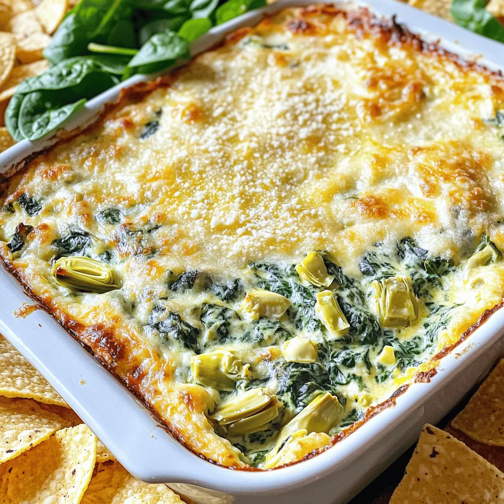 - 1 cup frozen spinach, thawed and drained - 1 cup canned artichoke hearts, chopped - 1 cup cream cheese, softened - 1/2 cup sour cream - 1/2 cup mayonnaise - 1 cup shredded mozzarella cheese - 1/4 cup grated Parmesan cheese - 2 cloves garlic, minced - 1/2 teaspoon crushed red pepper flakes (optional) - Salt and pepper to taste Selecting Spinach: Always choose fresh spinach if you can. Fresh leaves taste great. If not, frozen works too. Just thaw and drain it well to avoid extra water in your dip. Best Artichokes: I like using brands like Del Monte or Reese for canned artichokes. They have good flavor and texture. Make sure to rinse them to reduce salt. Softening Cream Cheese: To soften cream cheese quickly, cut it into small cubes. Leave it out for about 15 minutes, or microwave it for 10-15 seconds. This helps it mix easily. Calories: Each serving has about 300 calories. Fats: The dip has around 24 grams of fat. Carbohydrates: You’ll find about 6 grams of carbs. Protein: Each serving gives you about 8 grams of protein. This creamy spinach artichoke dip is a hit at any gathering. You can find the full recipe above. Enjoy it with friends! - Preheat the oven to 350°F (175°C). - Prepare the baking dish with grease. Preheating the oven is the first step. This helps the dip cook evenly and get that nice golden top. Greasing the baking dish prevents the dip from sticking. I like using cooking spray or a bit of butter. - Combining cream cheese, sour cream, and mayonnaise. - Incorporating spinach and artichokes. In a large bowl, combine the softened cream cheese, sour cream, and mayonnaise. Mix until it’s smooth. This creamy base makes the dip rich and tasty. Next, add the thawed spinach and chopped artichokes. You want them to be well-drained so the dip doesn’t get watery. I also add minced garlic for flavor. Finally, mix in shredded mozzarella and grated Parmesan. The cheese adds a nice stretch and depth. - Transferring mixture to the baking dish. - Baking time and checking doneness. Now, transfer the mixture to your greased baking dish. Spread it out evenly. Bake in the preheated oven for about 25-30 minutes. You’ll know it’s done when the dip is bubbly and the top is golden brown. Take it out and let it cool a bit before serving. This dip is best served warm. You can find the full recipe [here]. To avoid a watery dip, start by squeezing out excess moisture from the spinach. Use a clean dish towel or a fine mesh strainer for this. This step helps keep your dip thick and creamy. After mixing, if your dip is still too thin, add more cream cheese or cheese to thicken it. Flavor is key. I like to adjust the taste with garlic and seasoning. Mince your garlic finely and add it to the mix. This gives the dip a nice punch. You can also try adding a pinch of salt and pepper. Taste as you go to find the right balance for you. The best accompaniments for your dip are tortilla chips, sliced baguette, and fresh veggies. Tortilla chips add a nice crunch. Baguette slices provide a soft option. Fresh veggies like carrots and celery offer a healthy choice that pairs well. Get creative with your serving ideas. Use mini bowls for individual servings. You can also serve your dip in a bread bowl. This not only looks great but also adds extra flavor as the bread soaks up the dip. If you have leftover dip, don't worry! You can reuse it in many dishes. Spread it on a sandwich for a tasty twist. Use it as a topping for baked potatoes or mix it into pasta for a creamy meal. Storing your leftover dip is simple. Place it in an airtight container and keep it in the fridge. It will last for about three days. When you want to enjoy it again, just reheat it gently for best results. {{image_2}} To make a vegan Spinach Artichoke Dip, swap out dairy products. Use plant-based cream cheese and sour cream. You can also use cashew cream for a creamy texture. This dip remains rich and tasty without animal products. For gluten-free options, ensure all ingredients are labeled gluten-free. Most canned artichoke hearts and frozen spinach are safe. Use gluten-free mayonnaise. This way, everyone can enjoy this dish without worry. You can change the flavor of your dip by mixing in different cheeses. Try feta for a tangy kick, or add sharp cheddar for a bold taste. Each cheese brings its own character, making the dip unique. Don't stop at cheese! You can also add spices or herbs to enhance the flavor. Garlic powder, onion powder, or even smoked paprika can change up the taste. Fresh herbs like basil or parsley add a fresh twist that brightens the dip. One fun way to serve Spinach Artichoke Dip is in a bread bowl. Just hollow out a round loaf of bread and fill it with the dip. This makes for a great presentation and a tasty way to serve it! Another creative idea is to stuff jalapeños with the dip. Bake them until soft for a spicy bite. This twist adds a new layer of flavor and makes for a fun appetizer option. For the full recipe, check out the detailed instructions above! To store leftover dip, place it in an airtight container. Make sure the lid fits snugly. This keeps the dip fresh and prevents strong odors from other foods. It lasts about 3 to 4 days in the fridge. Always check for any signs of spoilage before eating. If you want to freeze the dip, follow these steps: 1. Let the dip cool completely after baking. 2. Transfer it to a freezer-safe container. 3. Leave some space at the top for expansion. When ready to use, thaw the dip in the fridge overnight. This helps keep its texture. Avoid thawing it in the microwave, as it can change the dip’s consistency. To heat the dip again, several methods work well: - Oven: Preheat to 350°F (175°C). Bake the dip for 15-20 minutes until hot. - Microwave: Heat in 30-second intervals. Stir each time to ensure even heating. To keep it creamy, add a splash of cream or milk while reheating. This restores the dip’s smooth texture. For the best flavor, serve warm right away. For the full recipe, check the section above. To add heat to your dip, use red pepper flakes or jalapeños. - For red pepper flakes, add an extra 1/4 teaspoon to your mix. - If you like jalapeños, chop up one or two and stir them in. - You can also try hot sauce for a different kick. This way, you can control the spice level to fit your taste. Yes, you can prepare this dip in advance. - Make the dip and store it in the fridge for up to two days. - When ready to serve, just bake it as directed in the recipe. - Cover it with foil to keep it from browning too quickly. Prepping ahead makes hosting easier and lets you enjoy time with your guests. There are many great sides to pair with this tasty dip. - Tortilla chips are a classic choice and add crunch. - Sliced baguette offers a nice, soft option for dipping. - Fresh veggies like carrots, celery, and bell peppers also work well. You can mix and match these sides for fun. Each option adds a unique twist to your party spread. This article showed how to make a tasty Spinach Artichoke Dip. We covered key ingredients, step-by-step instructions, and useful tips. You learned about variations, storage options, and common questions. With these details, you can create a dip that’s a hit at any gathering. Remember, small changes can make a big difference in flavor. Enjoy sharing this simple and delicious recipe with friends and family. Your Spinach Artichoke Dip will impress everyone!