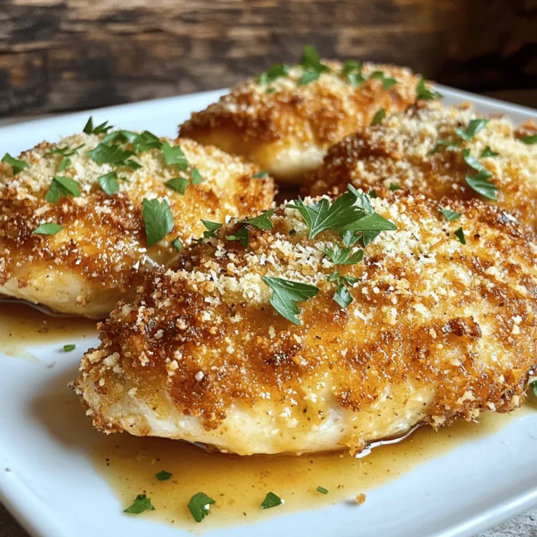 - 4 boneless, skinless chicken breasts - 1 cup grated Parmesan cheese - 1 cup breadcrumbs (preferably panko for extra crunch) - 2 tablespoons fresh parsley, chopped - 2 cloves garlic, minced - 1 teaspoon dried oregano - 2 large eggs - 1 tablespoon Dijon mustard - Olive oil for frying When I make Parmesan crusted chicken, I start with the chicken. I use boneless, skinless chicken breasts. These pieces are easy to work with and cook quickly. For the crust, I prefer using grated Parmesan cheese. It brings a sharp, tangy flavor that pairs well with chicken. I also add breadcrumbs for texture. Panko is my go-to because it adds a delightful crunch. Fresh herbs like parsley brighten the dish. I chop them finely to mix in with the breadcrumbs. Minced garlic gives a warm, rich flavor that everyone loves. A touch of dried oregano rounds out the taste. To bind everything together, I whisk eggs with Dijon mustard. This mix helps the coating stick to the chicken. Lastly, I heat olive oil for frying. This step is key for that golden crust. You can find the full recipe with all these ingredients and steps laid out clearly, making it easy to follow. 1. Preheat oven and prepare baking sheet: Set your oven to 400°F (200°C). Line a baking sheet with parchment paper. If you do not have parchment, lightly grease it. 2. Create the breadcrumb mixture: In a shallow bowl, mix together the grated Parmesan cheese, breadcrumbs, chopped parsley, minced garlic, dried oregano, paprika, salt, and pepper. Stir well to combine all the flavors. 3. Whisk egg mixture and season chicken: In a separate bowl, whisk together the eggs and Dijon mustard until smooth. This mixture helps the breadcrumbs stick to the chicken. Take the chicken breasts and pat them dry with paper towels. Season both sides with salt and pepper. 4. Dip and coat chicken breasts: First, dip each chicken breast into the egg mixture, letting any extra drip off. Then, coat the chicken in the breadcrumb mixture. Press down gently to make sure the crumbs stick well. 5. Sear chicken in skillet: In a large skillet, heat olive oil over medium heat. Once hot, add the coated chicken breasts. Cook for about 3-4 minutes on each side until they turn golden brown. You may need to do this in batches to avoid crowding the pan. 6. Bake until cooked through: Transfer the browned chicken breasts to the prepared baking sheet. Bake in the preheated oven for 15-20 minutes, or until the chicken is fully cooked. The internal temperature should reach 165°F (75°C). To make your crust perfect, I recommend using panko breadcrumbs. They add a great crunch that regular breadcrumbs just can't match. When you coat the chicken, ensure you press the breadcrumb mixture onto the chicken firmly. This helps the crust stick better during cooking. Frying the chicken at the right temperature is key. Heat your oil to medium heat. This way, the chicken cooks evenly without burning. After frying, let the chicken rest for a few minutes. This helps the juices stay inside, making each bite tender and juicy. Parmesan Crusted Chicken pairs well with many sides. I love serving it with a fresh salad or roasted vegetables. You can also serve it with pasta or rice for a heartier meal. For a fun twist, try adding a squeeze of lemon or a light sauce on top. {{image_2}} You can boost the flavor of Parmesan crusted chicken easily. Start by adding fresh herbs like basil or thyme. These herbs bring a bright taste. You can also use spices like cayenne for heat. Experiment and find your favorite mix. Cheese lovers can switch things up by using different cheeses. Try mozzarella for a gooey, cheesy melt. You can also use sharp cheddar for a tangy twist. Each cheese adds its own unique touch to the dish. If you want a lighter dish, consider baking instead of frying. Baking still gives you a nice crust. Just spray a bit of oil on the chicken before you bake it. This method cuts down on fat and calories. You can also swap breadcrumbs for nut flour. Almond flour or coconut flour works great. They add a lovely flavor and make the dish gluten-free. This change can be a tasty surprise. Pair your Parmesan crusted chicken with sauces. A creamy garlic sauce or tangy marinara can elevate the dish. Drizzling sauce over the chicken makes it more appealing and adds moisture. You can also serve it as a salad topping. Slice the chicken and place it over mixed greens. This adds protein to your salad and makes it heartier. Enjoy the crunch of the crust with fresh veggies for a balanced meal. For the full recipe, check out the link for all the details! To store leftovers, let the chicken cool first. Place it in an airtight container. This keeps the chicken fresh. You can store it in the fridge for up to three days. Use glass or plastic containers with tight lids. They work best for keeping moisture in. You can freeze both unbaked and baked chicken. For unbaked chicken, freeze it before cooking. Wrap it tightly in plastic wrap and then in foil. This helps prevent freezer burn. For baked chicken, wait until it cools. Then, place it in a freezer-safe container. It can last up to three months in the freezer. When you want to use frozen chicken, thaw it in the fridge overnight. You can also use cold water for faster thawing. Just place the sealed bag in cold water for about an hour. The best way to reheat Parmesan crusted chicken is in the oven. Preheat your oven to 350°F (175°C). Place the chicken on a baking sheet. Cover it with foil to keep it moist. Heat for 15-20 minutes or until warm. To avoid dryness, don’t heat it too high. You want it warm, not overcooked. If you reheat in the microwave, use a lower power setting. This helps keep the chicken juicy. Enjoy your delicious leftovers! How long does it take to cook Parmesan Crusted Chicken? It takes about 40 minutes to cook Parmesan crusted chicken. You spend 15 minutes prepping and 25 minutes cooking. The chicken cooks quickly in the skillet and then finishes in the oven. Can I use chicken thighs instead of breasts? Yes, you can use chicken thighs. They have more fat, which adds flavor. Just adjust the cooking time since thighs may need a bit longer to cook through. Is this recipe gluten-free? No, this recipe is not gluten-free. The breadcrumbs contain gluten. You can use gluten-free breadcrumbs for a safe option. How can I make it dairy-free? To make it dairy-free, you can skip the Parmesan cheese. Use nutritional yeast for a cheesy flavor without dairy. You can also try dairy-free cheese alternatives. How do I know when the chicken is cooked through? Check the internal temperature of the chicken. It should reach 165°F (75°C) to be safe to eat. You can use a meat thermometer for accuracy. Can I prepare this dish in advance? Yes, you can prepare this dish ahead of time. Coat the chicken and store it in the fridge for a few hours before cooking. This helps the flavors blend nicely. If you want to store it longer, freeze it before cooking. Just remember to thaw before cooking. This article walks you through the recipe for Parmesan Crusted Chicken. We covered the key ingredients and how to prepare them. You learned about cooking tips and variations to try. Remember, using panko gives a great crunch! Don't forget to store your leftovers properly. Use these tips to make a tasty dish that's sure to impress. Enjoy your cooking journey!