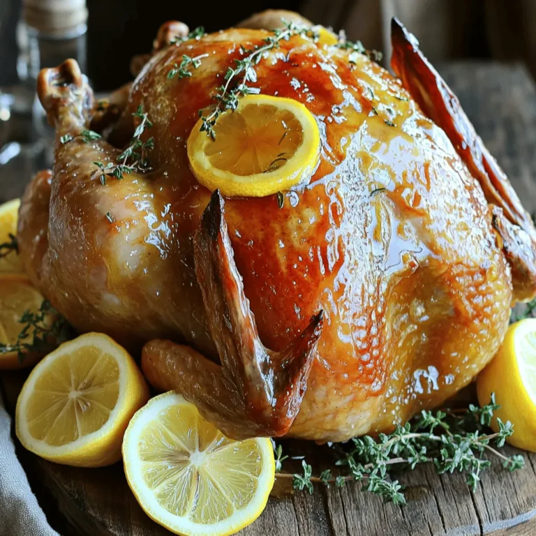 To make the best honey lemon roasted chicken, you need a few key items. Here’s what you will need: - 1 whole chicken (about 4-5 lbs) - 1/4 cup honey - 1/4 cup fresh lemon juice - Zest of 1 lemon - 4 cloves garlic, minced - 2 tablespoons olive oil - 1 teaspoon dried thyme - 1 teaspoon dried rosemary - Salt and pepper to taste - 1 lemon, sliced, for stuffing and garnishing - Fresh thyme sprigs, for garnish These ingredients work in harmony. The honey adds sweetness while the lemon brings a bright, zesty flavor. While the essential ingredients are great, you can add some optional items for extra depth. Consider these: - Fresh herbs like parsley or oregano - Spices such as paprika or cayenne pepper - A splash of white wine for moisture - A touch of soy sauce for umami flavor These additions can change the flavor profile. They can make your dish even more exciting. Gathering the right tools makes cooking easier. Here are the tools I recommend: - A sharp knife for cutting - A cutting board for prep - A mixing bowl for the marinade - A roasting pan for cooking - A meat thermometer to check doneness Using these tools helps ensure your honey lemon roasted chicken comes out perfect every time. For the full recipe, check out the previous section. First, you need to rinse your whole chicken. Use cold water for this. After rinsing, pat the chicken dry with paper towels. This helps the skin get crispy. Next, season the inside of the chicken with salt and pepper. This step adds flavor. Stuff the cavity with lemon slices and fresh thyme. These ingredients will keep the chicken moist and tasty. Now, let’s make the honey lemon marinade. In a bowl, add 1/4 cup of honey. Then, squeeze in 1/4 cup of fresh lemon juice. Grate the zest of one lemon and mix it in. Add 4 minced garlic cloves, 2 tablespoons of olive oil, 1 teaspoon of dried thyme, and 1 teaspoon of dried rosemary. Whisk everything together until it blends well. This marinade gives the chicken a sweet and tangy flavor! Preheat your oven to 425°F (220°C). Place the chicken in a roasting pan. Brush the honey lemon marinade over the entire chicken skin. Make sure every part is coated. Sprinkle some extra salt and pepper over the skin. Roast the chicken for about 1 hour to 1 hour and 15 minutes. Use a meat thermometer to check. It should reach 165°F (75°C) inside. Baste the chicken with pan juices every 20 minutes. Once done, let it rest for 10-15 minutes before carving. Drizzle the leftover marinade from the pan over the chicken for more flavor. Enjoy your meal! For the full recipe, check the earlier sections. To keep your chicken juicy, start with a fresh, whole bird. Rinse it well and pat it dry. This helps the skin get crispy and golden. Season the cavity with salt and pepper. Stuff it with lemon slices and thyme for extra flavor. The honey-lemon mix adds moisture during cooking. Roast at a high heat, around 425°F (220°C). This helps lock in juices. Basting with pan juices also helps keep the meat moist. Basting makes a big difference in flavor. Use a spoon or baster to coat the chicken with its juices. Start basting about halfway through cooking. Do this every 15 minutes. This helps create a deliciously crispy skin. Be careful not to open the oven too often. Each time you do, heat escapes. Basting is best done quickly. After roasting, let the chicken rest for about 10-15 minutes. This helps the juices settle. Use a sharp knife to carve the chicken. Start by cutting off the legs and thighs. Then, slice the breast meat. Serve on a rustic platter for a great look. Drizzle some honey-lemon sauce over the slices. Add lemon slices and thyme for a beautiful touch. Enjoy your lovely creation! For the full recipe, check out the delicious details. {{image_2}} You can make your honey lemon roasted chicken unique by adding herbs and spices. Fresh herbs like basil or parsley can add a fresh taste. You might also try spices like paprika or cumin for a warm flavor. Mix these into your honey-lemon marinade for a boost. Experimenting with these additions can open up new flavor paths. You can roast the chicken in both the oven and an air fryer. The oven gives a lovely, even cook and a nice golden skin. If you're short on time, try the air fryer. It cooks faster and still gives a crispy skin. The main difference is timing. The oven takes about 1 hour, while the air fryer only needs 45 minutes. Whichever method you choose, the honey lemon flavor shines through. Pair your honey lemon roasted chicken with tasty side dishes. Roasted vegetables like carrots and potatoes work well. A simple green salad adds freshness. Rice or quinoa can soak up the juices and round out the meal. For a touch of sweetness, try serving it with a fruit salad. Each side enhances the chicken's flavor and makes your meal complete. After enjoying your honey lemon roasted chicken, let it cool down. Place leftover chicken in an airtight container. Make sure to cover it well to keep it fresh. You can store it in the fridge for up to four days. If you have lots of leftovers, consider slicing the chicken for easy meals. To reheat your chicken, set the oven to 350°F (175°C). Place the chicken in a baking dish. Add a splash of chicken broth or water to keep it moist. Cover it with foil to prevent drying. Heat for about 20-25 minutes, or until it's warm throughout. You can also use the microwave, but be careful not to overcook it. If you want to save your honey lemon roasted chicken for later, freezing is a great option. Wrap the chicken tightly in plastic wrap or aluminum foil. Place it in a freezer-safe bag or container. It can last for up to 3 months in the freezer. When you're ready to eat, simply thaw it overnight in the fridge before reheating. For best flavor, use the frozen chicken within a month. You need to cook the chicken for about 1 hour to 1 hour and 15 minutes. The key is to watch for the chicken's internal temperature. It should reach 165°F (75°C). This temperature ensures the meat is safe to eat. I always recommend using a meat thermometer for accuracy. It helps avoid undercooked or dry chicken. Yes, you can use chicken parts. Chicken thighs, breasts, or drumsticks work well. Just adjust the cooking time based on the size of the parts. Smaller pieces will cook faster than a whole chicken. You will want to check the internal temperature to ensure doneness. Many sides pair nicely with honey lemon roasted chicken. Here are a few ideas: - Roasted vegetables - Garlic mashed potatoes - Steamed green beans - Rice pilaf - A fresh garden salad These sides balance the sweet and tangy flavors of the chicken. To check if the chicken is cooked through, use a meat thermometer. Insert it into the thickest part of the chicken, avoiding bones. It should read 165°F (75°C). If you don't have a thermometer, you can cut into the meat. The juices should run clear, and the meat should not be pink. Always trust the thermometer for safety. Honey lemon roasted chicken is a simple, tasty dish. We covered important ingredients, tools, and key steps. The marinade brings great flavor, while tips ensure a juicy chicken. You can vary the recipe with herbs and cooking methods, plus select the right sides. Store leftovers properly for later enjoyment. Cooking this dish can impress anyone. I hope you feel excited to try it. Enjoy making this meal for family and friends!