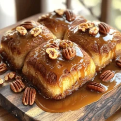 - 2 cups all-purpose flour - 1/2 cup sugar - 1 packet (2 1/4 tsp) active dry yeast - 1/2 teaspoon salt - 1/4 teaspoon ground cinnamon - 1/4 cup warm milk (about 110°F) - 1/4 cup unsalted butter, melted - 1 large egg - 1 cup pecan halves - 1 cup brown sugar, packed - 1/2 cup unsalted butter, softened - 1/4 cup corn syrup - 1/2 teaspoon vanilla extract Caramel Pecan Sticky Buns take simple ingredients and transform them into a warm hug. I love how each component plays a role in creating a cozy treat. The flour forms a soft base, while sugar adds sweetness. Yeast gives life to the dough, making it rise. Salt enhances flavors, and cinnamon brings warmth. For the wet ingredients, warm milk activates the yeast. Melted butter adds richness, and the egg helps bind everything. Together, they create a smooth, stretchy dough. The caramel topping is where the magic happens. Pecan halves add crunch, while brown sugar and butter create a gooey layer. Corn syrup ensures everything sticks together, and vanilla adds a lovely aroma. With the Full Recipe, you can easily gather these ingredients and get started on making this delightful treat. Each bite will be a reminder of home and comfort. - Dissolve yeast in warm milk. This step wakes up the yeast, helping the dough rise. Let it sit for about 5 minutes until it bubbles. - Combine flour, sugar, salt, and cinnamon in a bowl. Make a well in the center and add melted butter and the egg. Pour in your yeast mix. - Mix until a dough forms. Knead the dough on a floured surface for about 5-7 minutes. You want it smooth and elastic. Place it in a greased bowl, cover it, and let it rise in a warm area for about an hour. It should double in size. - In a saucepan over medium heat, combine softened butter, brown sugar, corn syrup, and vanilla. Stir until it melts and blends well. This creates that delicious caramel flavor. - Pour the caramel mixture into a greased baking dish. Make sure to spread it evenly. - Roll out the dough on a floured surface into a large rectangle. Aim for about 12x18 inches. Spread softened butter over the dough, leaving a little edge. - Sprinkle the remaining sugar and cinnamon over the buttered dough. This adds sweetness and warmth. - Roll the dough tightly and pinch the seam to seal. Cut the rolled dough into 12 equal pieces. Place them cut side up in the prepared baking dish on top of the caramel and pecans. - Cover the dish with a cloth and let the buns rise for another 30 minutes. Meanwhile, preheat your oven to 350°F (175°C). - Bake the sticky buns for 25-30 minutes, or until they turn golden brown. Remove them from the oven and let them cool for 5 minutes. Invert the dish onto a serving platter. - Serve warm for the best experience. The gooey caramel and crunchy pecans make each bite a joy. If you want, drizzle more caramel on top! For the complete recipe, check the Full Recipe section above. Enjoy baking! To make the best dough, use room temperature ingredients. Cold ingredients can slow down the yeast. Use warm milk, about 110°F, to activate the yeast. Let it sit for five minutes until frothy. This step is key for good rise. When you knead the dough, do it for five to seven minutes. You want it smooth and elastic. Place it in a greased bowl and cover it with a cloth. Let it rise in a warm spot for about an hour. The dough should double in size. This means your yeast is working well. For the caramel sauce, balance the sweetness to your taste. If it is too sweet, add a pinch of salt. This helps cut through the sugar. Make sure to mix the softened butter, brown sugar, corn syrup, and vanilla well. Heat the mixture over medium heat until it melts. Stir it until smooth. You want that perfect gooey texture. When you serve these sticky buns, pair them with coffee or tea. The flavors work well together. To make them look extra special, add more pecans on top. Drizzle with a little extra caramel sauce for a finishing touch. This not only makes them look great but also adds more flavor. Enjoy the warm, gooey goodness! {{image_2}} You can swap pecans for walnuts or almonds. Walnuts add a rich, earthy taste. They bring a nice crunch and pair well with the caramel. Almonds offer a sweet and nutty flavor. They can lend a unique twist to the recipe. Try toasting the nuts for extra flavor before adding them. Get creative by adding chocolate chips or dried fruit. Chocolate chips melt and create gooey pockets of sweetness. Dried fruit like raisins or cranberries gives a fruity burst in each bite. You can also infuse the dough with spices. A pinch of nutmeg or ginger can add warmth to your sticky buns. Making these sticky buns a bit healthier is easy. Use whole wheat flour for a nutty flavor and added fiber. You can also try reduced sugar options. Use applesauce or honey to cut back on sugar without losing sweetness. These swaps can make your treat a little lighter while still being delicious. For the complete recipe, check the Full Recipe section above. To keep your Caramel Pecan Sticky Buns fresh, store them in the fridge. Wrap them in plastic wrap or place them in an airtight container. This method helps keep them moist and tasty. They can last up to five days in the fridge. If you want to save some for later, freezing is a great option. To freeze, let the buns cool completely. Then, wrap each bun tightly in plastic wrap and foil. Place them in a freezer bag or container. They will stay good for up to three months. When you’re ready to enjoy your sticky buns again, reheating them is easy. Preheat your oven to 350°F (175°C). Place the buns in a baking dish and cover them with foil to keep them moist. Heat for about 10 to 15 minutes. If you want a quick option, you can use the microwave. Heat each bun for about 15 to 20 seconds. Just make sure they don’t get too hot, or they may dry out. At room temperature, Caramel Pecan Sticky Buns last for about two days. Keep them in a cool, dry place. Storing them in a sealed container helps keep them fresh. If you notice any signs of spoilage, it’s best to toss them out. Enjoy them while they're fresh for the best flavor! For the full recipe, refer to the earlier sections. Yes, you can make these sticky buns ahead of time. Prepare the dough and let it rise. After rolling and cutting, cover the buns with plastic wrap and store them in the fridge. You can bake them the next day. Just let them sit at room temperature for about 30 minutes before baking. If you don’t have corn syrup, you can use honey or maple syrup. Both options work well in the caramel topping. They add a different flavor but still keep the sticky texture. Yes, you can use instant yeast. This yeast rises faster than active dry yeast. Just mix it with the dry ingredients without letting it dissolve first. Your buns will still turn out great! Your dough is ready when it has doubled in size. You can test it by gently pressing your finger into the dough. If the indent remains, it’s ready. If it springs back, let it rise a bit longer. Yes, you can make these sticky buns vegan. Replace the egg with a flax egg or applesauce. Use plant-based butter and non-dairy milk for the dough and caramel. They will still taste amazing! For the full recipe, check the earlier sections! You can enjoy making Caramel Pecan Sticky Buns with the right ingredients and steps. We covered each part, from mixing the dough to creating a rich caramel topping. Remember to use warm ingredients for a perfect rise and try different nuts or flavors for fun. Don’t forget to store leftovers properly or enjoy them fresh. With these tips, you’ll impress everyone with your baking skills. Happy baking!