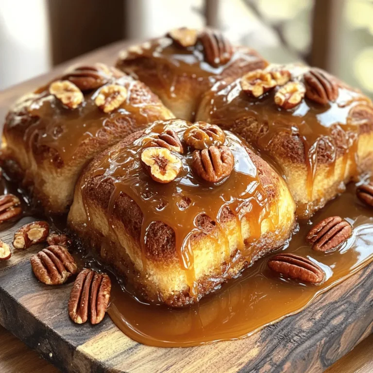 - 2 cups all-purpose flour - 1/2 cup sugar - 1 packet (2 1/4 tsp) active dry yeast - 1/2 teaspoon salt - 1/4 teaspoon ground cinnamon - 1/4 cup warm milk (about 110°F) - 1/4 cup unsalted butter, melted - 1 large egg - 1 cup pecan halves - 1 cup brown sugar, packed - 1/2 cup unsalted butter, softened - 1/4 cup corn syrup - 1/2 teaspoon vanilla extract Caramel Pecan Sticky Buns take simple ingredients and transform them into a warm hug. I love how each component plays a role in creating a cozy treat. The flour forms a soft base, while sugar adds sweetness. Yeast gives life to the dough, making it rise. Salt enhances flavors, and cinnamon brings warmth. For the wet ingredients, warm milk activates the yeast. Melted butter adds richness, and the egg helps bind everything. Together, they create a smooth, stretchy dough. The caramel topping is where the magic happens. Pecan halves add crunch, while brown sugar and butter create a gooey layer. Corn syrup ensures everything sticks together, and vanilla adds a lovely aroma. With the Full Recipe, you can easily gather these ingredients and get started on making this delightful treat. Each bite will be a reminder of home and comfort. - Dissolve yeast in warm milk. This step wakes up the yeast, helping the dough rise. Let it sit for about 5 minutes until it bubbles. - Combine flour, sugar, salt, and cinnamon in a bowl. Make a well in the center and add melted butter and the egg. Pour in your yeast mix. - Mix until a dough forms. Knead the dough on a floured surface for about 5-7 minutes. You want it smooth and elastic. Place it in a greased bowl, cover it, and let it rise in a warm area for about an hour. It should double in size. - In a saucepan over medium heat, combine softened butter, brown sugar, corn syrup, and vanilla. Stir until it melts and blends well. This creates that delicious caramel flavor. - Pour the caramel mixture into a greased baking dish. Make sure to spread it evenly. - Roll out the dough on a floured surface into a large rectangle. Aim for about 12x18 inches. Spread softened butter over the dough, leaving a little edge. - Sprinkle the remaining sugar and cinnamon over the buttered dough. This adds sweetness and warmth. - Roll the dough tightly and pinch the seam to seal. Cut the rolled dough into 12 equal pieces. Place them cut side up in the prepared baking dish on top of the caramel and pecans. - Cover the dish with a cloth and let the buns rise for another 30 minutes. Meanwhile, preheat your oven to 350°F (175°C). - Bake the sticky buns for 25-30 minutes, or until they turn golden brown. Remove them from the oven and let them cool for 5 minutes. Invert the dish onto a serving platter. - Serve warm for the best experience. The gooey caramel and crunchy pecans make each bite a joy. If you want, drizzle more caramel on top! For the complete recipe, check the Full Recipe section above. Enjoy baking! To make the best dough, use room temperature ingredients. Cold ingredients can slow down the yeast. Use warm milk, about 110°F, to activate the yeast. Let it sit for five minutes until frothy. This step is key for good rise. When you knead the dough, do it for five to seven minutes. You want it smooth and elastic. Place it in a greased bowl and cover it with a cloth. Let it rise in a warm spot for about an hour. The dough should double in size. This means your yeast is working well. For the caramel sauce, balance the sweetness to your taste. If it is too sweet, add a pinch of salt. This helps cut through the sugar. Make sure to mix the softened butter, brown sugar, corn syrup, and vanilla well. Heat the mixture over medium heat until it melts. Stir it until smooth. You want that perfect gooey texture. When you serve these sticky buns, pair them with coffee or tea. The flavors work well together. To make them look extra special, add more pecans on top. Drizzle with a little extra caramel sauce for a finishing touch. This not only makes them look great but also adds more flavor. Enjoy the warm, gooey goodness! {{image_2}} You can swap pecans for walnuts or almonds. Walnuts add a rich, earthy taste. They bring a nice crunch and pair well with the caramel. Almonds offer a sweet and nutty flavor. They can lend a unique twist to the recipe. Try toasting the nuts for extra flavor before adding them. Get creative by adding chocolate chips or dried fruit. Chocolate chips melt and create gooey pockets of sweetness. Dried fruit like raisins or cranberries gives a fruity burst in each bite. You can also infuse the dough with spices. A pinch of nutmeg or ginger can add warmth to your sticky buns. Making these sticky buns a bit healthier is easy. Use whole wheat flour for a nutty flavor and added fiber. You can also try reduced sugar options. Use applesauce or honey to cut back on sugar without losing sweetness. These swaps can make your treat a little lighter while still being delicious. For the complete recipe, check the Full Recipe section above. To keep your Caramel Pecan Sticky Buns fresh, store them in the fridge. Wrap them in plastic wrap or place them in an airtight container. This method helps keep them moist and tasty. They can last up to five days in the fridge. If you want to save some for later, freezing is a great option. To freeze, let the buns cool completely. Then, wrap each bun tightly in plastic wrap and foil. Place them in a freezer bag or container. They will stay good for up to three months. When you’re ready to enjoy your sticky buns again, reheating them is easy. Preheat your oven to 350°F (175°C). Place the buns in a baking dish and cover them with foil to keep them moist. Heat for about 10 to 15 minutes. If you want a quick option, you can use the microwave. Heat each bun for about 15 to 20 seconds. Just make sure they don’t get too hot, or they may dry out. At room temperature, Caramel Pecan Sticky Buns last for about two days. Keep them in a cool, dry place. Storing them in a sealed container helps keep them fresh. If you notice any signs of spoilage, it’s best to toss them out. Enjoy them while they're fresh for the best flavor! For the full recipe, refer to the earlier sections. Yes, you can make these sticky buns ahead of time. Prepare the dough and let it rise. After rolling and cutting, cover the buns with plastic wrap and store them in the fridge. You can bake them the next day. Just let them sit at room temperature for about 30 minutes before baking. If you don’t have corn syrup, you can use honey or maple syrup. Both options work well in the caramel topping. They add a different flavor but still keep the sticky texture. Yes, you can use instant yeast. This yeast rises faster than active dry yeast. Just mix it with the dry ingredients without letting it dissolve first. Your buns will still turn out great! Your dough is ready when it has doubled in size. You can test it by gently pressing your finger into the dough. If the indent remains, it’s ready. If it springs back, let it rise a bit longer. Yes, you can make these sticky buns vegan. Replace the egg with a flax egg or applesauce. Use plant-based butter and non-dairy milk for the dough and caramel. They will still taste amazing! For the full recipe, check the earlier sections! You can enjoy making Caramel Pecan Sticky Buns with the right ingredients and steps. We covered each part, from mixing the dough to creating a rich caramel topping. Remember to use warm ingredients for a perfect rise and try different nuts or flavors for fun. Don’t forget to store leftovers properly or enjoy them fresh. With these tips, you’ll impress everyone with your baking skills. Happy baking!