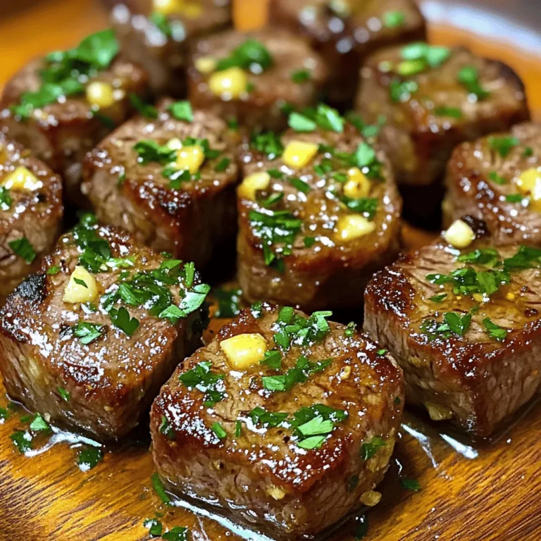 - 1 lb sirloin steak, cut into bite-sized cubes - 4 tablespoons unsalted butter - 4 cloves garlic, minced - 1 teaspoon fresh thyme leaves (or ½ teaspoon dried thyme) - 1 teaspoon fresh rosemary, chopped (or ½ teaspoon dried) - Salt and pepper, to taste - 1 tablespoon olive oil - Fresh parsley, chopped, for garnish When I make garlic butter steak bites, I love using sirloin steak. It has great flavor and tenderness. Cut the steak into bite-sized cubes to ensure even cooking. The garlic and butter make a rich sauce that brings everything together. I use unsalted butter for control over salt. The minced garlic adds a punch that blends perfectly with the herbs. Fresh thyme and rosemary bring that home-cooked taste. If you can’t find fresh, dried works just fine. Don’t forget to season with salt and pepper. This simple step makes a big difference. I also like to add olive oil to the pan. It helps the steak sear nicely and adds flavor. For garnish, fresh parsley brightens the dish. It adds color and a hint of freshness. You can find the full recipe to make this dish at home to enjoy the flavors of garlic butter steak bites. Pat the steak cubes dry using a paper towel. This step is key for a nice sear. A dry surface helps the steak brown well. Next, season the cubes generously with salt and pepper. This adds flavor and enhances the taste of the meat. Heat the olive oil in a large skillet over medium-high heat. When the oil shimmers, it’s ready for the steak. Add the steak bites in a single layer. Do not overcrowd the pan; this ensures a good sear. Sear the bites for about 2-3 minutes on one side. You want a nice crust to form. After that, flip the steak bites and cook the other side for another 2-3 minutes. Adjust the time based on how you like your steak. For medium-rare, this timing works well. Once the steak bites are cooked, remove them from the skillet and set them aside. Lower the heat to medium and add the butter to the same skillet. Once it melts, add minced garlic, thyme, and rosemary. Stir this mixture for 1-2 minutes until it smells amazing. Be careful not to burn the garlic. Finally, return the steak bites to the skillet and toss them in the garlic butter sauce. Make sure each piece is well coated. Cook for another minute for the flavors to meld. To get that nice crust on your steak bites, pat them dry. This step helps to remove moisture. Moisture causes steaming instead of searing. Dry steak bites will brown better. Also, don't overcrowd the pan. If you add too many pieces, they will cook unevenly. A crowded pan traps steam and keeps your meat from browning. To check if your steak is done, use a meat thermometer. For rare, aim for 125°F. Medium-rare should be around 135°F. For well-done, look for 160°F or more. Cooking times can vary based on the size of your steak cubes. Generally, 2-3 minutes per side works for medium-rare. Adjust the time for your desired doneness. While garlic and butter shine in this recipe, you can add more flavor. Consider spices like smoked paprika or cayenne for a kick. You can also mix in sauces, like soy sauce, for depth. Fresh herbs can elevate the taste, too. Try mixing in basil or oregano for a unique twist. Experimenting with these options can create a new favorite dish. For more tips, check the Full Recipe and explore different ideas! {{image_2}} You can try different cuts of steak in this recipe. Ribeye is a great choice. It has rich marbling, making it juicy and tender. Filet mignon is another option. This cut is lean and very soft. Sirloin steak is what we often use. It gives a nice balance of flavor and cost. Each cut changes the taste and feel of the dish. Ribeye is bold and beefy. Filet mignon is buttery and mild. Sirloin is hearty and satisfying. Choose a cut that fits your taste and budget. You can add spices or marinades to boost flavor. Before cooking, rub the steak with garlic powder, paprika, or chili powder. Marinades can add depth. Mix soy sauce or Worcestershire sauce into the marinade for umami. These sauces bring a savory richness to the steak. You can also add a squeeze of lemon juice after cooking. This brightens the dish and balances the richness. Garlic butter steak bites work great as a main dish or appetizer. For a main course, serve them with sides like mashed potatoes or grilled vegetables. These pair well and complete the meal. If you want to serve them as an appetizer, keep the portions small. You can also add toothpicks for easy eating. Consider serving a dipping sauce on the side. A creamy horseradish or spicy aioli can add extra zing. Check out the Full Recipe to explore more ideas! To store leftover garlic butter steak bites, let them cool first. Place them in an airtight container. This keeps them fresh and prevents odors. You can safely store them in the fridge for up to three days. Choose glass or BPA-free plastic containers to maintain quality. When reheating, use a skillet over low heat. This method helps keep the steak tender. Add a splash of water or broth to keep moisture. Avoid using a microwave, as it can make the meat tough. Reheat until the steak bites are warm, about 5 minutes. Yes, you can freeze garlic butter steak bites! To do this, make sure they are completely cooled. Place them in a freezer-safe bag, removing as much air as possible. They can last for up to three months. When ready to enjoy, thaw them in the fridge overnight before reheating. This way, you keep the best texture and flavor. Yes, you can switch up the steak. Ribeye, filet mignon, or flank steak work well. Each has its own flavor and texture. Ribeye is juicy and rich. Filet mignon is tender and lean. Flank steak is strong in taste but can be chewier. Cooking times vary by thickness. For ribeye and filet, sear for about 2-3 minutes on each side. For flank steak, cook a bit longer, around 4-5 minutes per side, for medium-rare. Cooking time depends on steak thickness and doneness preference. For 1-inch cubes, aim for 4-6 minutes in total. If you like medium-rare, cook for about 2-3 minutes on each side. For medium, add an extra minute or two. Always check the center for the right doneness. A meat thermometer helps a lot. Look for 130°F for medium-rare and 140°F for medium. Garlic butter steak bites pair well with many sides. Try mashed potatoes for a creamy touch. Roasted vegetables add color and crunch. A light salad can balance the rich steak. You might also enjoy garlic bread for extra flavor. For drinks, a bold red wine or a refreshing lemonade complements the dish nicely. Making garlic butter sauce is simple. Start by melting 4 tablespoons of unsalted butter in a skillet. Then, add 4 minced garlic cloves and sauté for 1-2 minutes. Be careful not to burn the garlic. You can add fresh herbs like thyme or rosemary for extra flavor. For a twist, try adding a bit of lemon juice or red pepper flakes. This sauce adds a rich taste to your steak bites. For the full recipe, check out the details above. In this post, I shared a simple way to make garlic butter steak bites. We covered the main ingredients, cooking steps, and helpful tips for great results. You learned how to adjust doneness and use different steak cuts. Remember, storing leftovers properly keeps them fresh for later. Whether serving them as an appetizer or a main dish, these bites are sure to impress. Enjoy experimenting with flavors and sides to make this dish your own. Happy cooking!