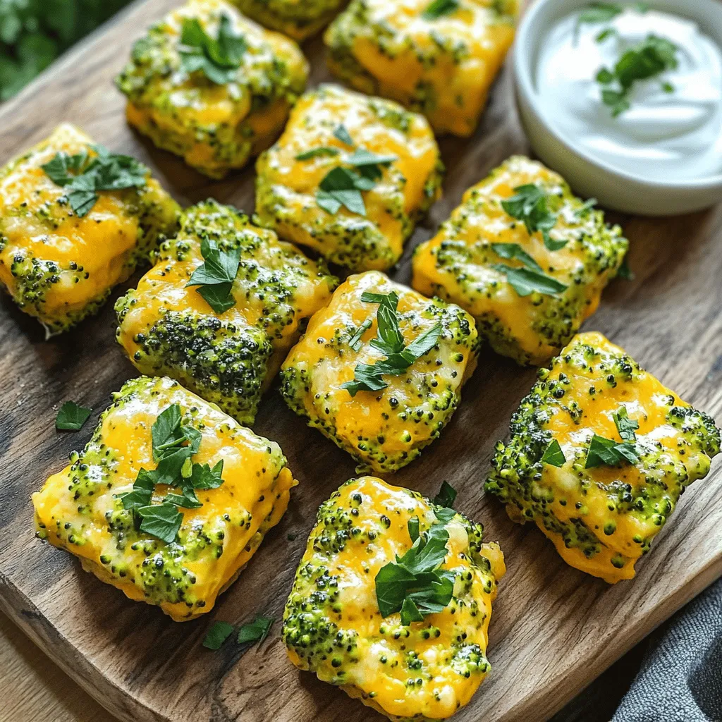 - 2 cups fresh broccoli florets, steamed and finely chopped - 1 cup shredded sharp cheddar cheese - 1/2 cup breadcrumbs (whole wheat for a healthier option) - 2 large eggs - 1/4 cup finely chopped onion - 2 cloves garlic, minced - 1/4 teaspoon black pepper - 1/4 teaspoon salt - 1/2 teaspoon smoked paprika - Olive oil spray When I create Healthy Broccoli Cheddar Bites, I focus on fresh, quality ingredients. The broccoli gives a great crunch and a bright color. Steaming the broccoli softens it, making it easy to mix. Sharp cheddar cheese adds a strong flavor that pairs well with the veggies. Whole wheat breadcrumbs help bind everything together while adding fiber. Eggs are essential for holding the bites together. They give a light and airy texture. Onions and garlic add depth and richness to each bite. Black pepper and salt enhance the overall taste, while smoked paprika brings a unique twist. - Calories per serving: About 150 calories - Macronutrient breakdown: - Protein: 7 grams - Fat: 5 grams - Carbohydrates: 20 grams - Dietary benefits: High in fiber and low in calories These bites are not just tasty; they are also nutritious. They provide protein from cheese and eggs. The broccoli adds vitamins and minerals, making these bites a healthy snack. First, preheat your oven to 375°F (190°C). This step gets the oven ready for baking. While it heats, line a baking sheet with parchment paper. This keeps the bites from sticking and makes clean-up easier. Next, steam your broccoli. Steaming keeps the bright green color and nutrients. After steaming, chop it finely. This ensures even mixing in your bites. In a large bowl, combine your ingredients. Mix together steamed broccoli, shredded cheddar cheese, breadcrumbs, chopped onion, minced garlic, black pepper, salt, and smoked paprika. Use a spatula or your hands to mix well. Make sure every ingredient is evenly spread. This helps each bite taste great. If you want a smoother texture, you can mash the mixture slightly. In a separate bowl, beat the eggs. Then, add the eggs to your broccoli mixture. Stir until everything sticks together. Now, it’s time to form the bites. Use your hands to shape the mixture into small patties. Aim for 1 to 1.5 inches in diameter. Place the patties on your prepared baking sheet. Leave some space between each one. This allows the air to flow and helps them crisp up. To achieve the perfect crispiness, lightly spray the tops with olive oil. This little step makes a big difference. Bake the bites for 20-25 minutes. You’ll know they are done when they turn golden brown and the cheese is bubbling. Let them cool for a few minutes before serving. Enjoy your healthy broccoli cheddar bites! To make your Healthy Broccoli Cheddar Bites even better, swap some ingredients. Use low-fat cheese to cut calories. You can mix in extra veggies like carrots or bell peppers. Fresh herbs, such as parsley or chives, can add flavor. Try sprinkling in spices like garlic powder or onion powder for more taste. These small changes can boost nutrition without losing flavor. When it’s time to eat, pair your bites with tasty dips. Greek yogurt adds creaminess and tang. Try a zesty salsa for a fresh kick. For a gourmet touch, serve with a homemade yogurt sauce mixed with lemon juice and dill. Plating matters too! Arrange the bites on a colorful platter. Garnish with fresh herbs or cherry tomatoes for a pop of color. For easy prep, use a large mixing bowl and a sturdy spatula. A cookie scoop helps shape the bites neatly. Don’t forget parchment paper! It keeps your bites from sticking and makes cleanup a breeze. Using parchment ensures your bites cook evenly and get that perfect crisp. You’ll love how simple it is to work with these tools. {{image_2}} When making Healthy Broccoli Cheddar Bites, you can switch up the cheese. Instead of sharp cheddar, try mozzarella for a milder taste. Gouda brings a rich, creamy flavor that works well too. If you're looking for vegan options, use cashew cheese or almond-based cheese. Both melt nicely and give a great taste. You can add a kick to your bites with flavor boosters. Red pepper flakes give a nice heat. Sun-dried tomatoes add a sweet and tangy twist. Mixing in other veggies like spinach or cauliflower can enhance nutrition and flavor. These changes make each batch unique and fun. Baking is a classic method for these bites. It keeps them crisp without extra oil. If you want a quicker option, try air frying them. Both methods keep the bites healthy and tasty. For later meals, you can freeze the uncooked bites. Just let them thaw before baking. This way, you have a quick snack ready when you need it. To keep your Healthy Broccoli Cheddar Bites fresh, place them in an airtight container. Refrigerate them within two hours of cooking. This helps prevent bacteria growth. You can enjoy them for up to three days in the fridge. If you have leftover bites, use a shallow container to store them. This allows them to cool quickly before sealing. To reheat broccoli cheddar bites, use your oven for the best results. Preheat it to 350°F (175°C). Place the bites on a baking sheet and heat for about 10-15 minutes. This method keeps them crispy. Avoid using the microwave, as it can make them soggy. If you do use a microwave, heat them in short bursts and check often. You can freeze these bites both before and after cooking. To freeze them uncooked, shape the patties and place them on a baking sheet. Freeze for about an hour, then transfer them to a freezer bag. For cooked bites, let them cool completely before freezing. To thaw, leave them in the fridge overnight. Reheat them in the oven as mentioned above. This keeps them tasty and prevents freezer burn. Yes, you can make these bites ahead. First, prepare the mixture as directed. Then, form the patties. You can store them in the fridge for up to 24 hours. For longer storage, freeze them on a baking sheet first. Once frozen, place them in a sealed bag. This way, you can grab them later for quick snacks. Yes, you can make these bites gluten-free. Instead of regular breadcrumbs, use gluten-free breadcrumbs. You can also use crushed gluten-free crackers or oats. These options keep the bites tasty and crunchy without gluten. To add heat, mix in some red pepper flakes or cayenne pepper. You can also try jalapeños or hot sauce in the mixture. For a zesty kick, serve the bites with sriracha or your favorite spicy dip. This way, you can adjust the heat to your taste! In this article, we explored a tasty broccoli cheddar bites recipe. You learned about the ingredients, step-by-step cooking instructions, and the nutritional benefits. I shared tips for enhancing flavors and healthy substitutes. Remember, you can experiment with different cheeses and spices to suit your taste. Proper storage and reheating ensure these bites stay delicious. Try making them ahead of time for quick snacks. Enjoy your cooking, and savor every crunchy bite!