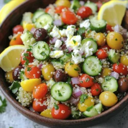 To create a bright and tasty Greek quinoa salad, gather these ingredients: - 1 cup quinoa, rinsed - 2 cups water or vegetable broth - 1 cup cucumber, diced - 1 cup cherry tomatoes, halved - 1/2 cup red onion, finely chopped - 1/2 cup Kalamata olives, pitted and halved - 1/2 cup feta cheese, crumbled (optional) - 1/4 cup fresh parsley, chopped - 1/4 cup olive oil - 2 tablespoons lemon juice - 1 teaspoon dried oregano - Salt and black pepper to taste Fresh ingredients bring life to this salad. The diced cucumber adds a crisp bite. Cherry tomatoes offer sweetness and color. Red onion gives a mild sharpness. Fresh parsley brightens the dish with its green hue. Dried oregano adds an earthy flavor that works well with the other ingredients. You can customize this salad to fit your taste. Feta cheese is a great add-on, giving a creamy texture and salty flavor. If you want more protein, consider adding chickpeas or grilled chicken. Avocado can add creaminess and healthy fats too. Feel free to mix in any of your favorite veggies, like bell peppers or spinach, for extra nutrition. Check out the Full Recipe for more ideas! To start, measure one cup of rinsed quinoa. Place it in a medium saucepan. Add two cups of water or vegetable broth. Bring the mixture to a boil over medium-high heat. When it starts boiling, lower the heat to low. Cover the pot and let it simmer for about 15 minutes. The quinoa should become fluffy and absorb all the liquid. Once done, remove it from heat and let it cool slightly. While the quinoa cools, grab a large mixing bowl. Dice one cup of cucumber and add it to the bowl. Next, halve one cup of cherry tomatoes and toss them in as well. Finely chop half a cup of red onion and add it too. Then, pit and halve half a cup of Kalamata olives. If you like feta cheese, crumble half a cup and add it to the bowl. Each ingredient brings its own taste and texture to the salad. Now, let's make the dressing. In a small bowl, whisk together a quarter cup of olive oil and two tablespoons of lemon juice. Add one teaspoon of dried oregano. Season with salt and black pepper to your taste. This dressing will tie all the flavors together. Pour it over the salad mixture and toss everything again. Finally, fold in a quarter cup of chopped fresh parsley for a burst of flavor. You can find the full recipe [here](#). To fluff quinoa, start by rinsing it well. This removes bitter saponins. Then, cook the quinoa in water or broth. Once cooked, let it sit covered for 5 minutes. After that, use a fork to fluff it gently. This helps separate the grains and gives you a light texture. Serve the Greek quinoa salad cool or at room temperature. You can place it in a large bowl for sharing. For individual servings, use small plates. Add a lemon wedge on the side for extra zest. Pair it with grilled chicken or fish for a complete meal. This salad also works great as a picnic dish or potluck favorite. To boost flavor, try adding fresh herbs like mint or dill. You can also mix in roasted red peppers for a sweet touch. A dash of red wine vinegar adds a tangy kick. If you love spice, sprinkle in some crushed red pepper flakes. Feel free to adjust flavors to match your taste. For the full recipe, check out the Greek Quinoa Salad recipe above. {{image_2}} You can add a range of tasty veggies to your Greek quinoa salad. Consider bell peppers for sweetness, or spinach for a nutrient boost. Artichoke hearts bring a unique flavor, while chickpeas add heartiness. All these options keep the salad fresh and vibrant. You can mix and match to find your perfect blend. If you want more protein, try adding grilled chicken or shrimp. These add a nice flavor and make the salad more filling. For a plant-based option, tofu or tempeh works well. You can season them with herbs and spices for extra taste. The key is to balance flavors while enhancing nutrition. This salad is already gluten-free since quinoa is a great grain choice. However, you can swap ingredients for more options. For instance, use brown rice or millet instead of quinoa. Both are gluten-free and offer different textures. Just ensure any added ingredients, like dressings, are also gluten-free. Enjoy making this salad your own! For the full recipe, check out the Greek Quinoa Salad. To store leftover Greek quinoa salad, place it in an airtight container. This keeps the salad fresh and tasty. Make sure to cool the salad before sealing the container. If you add feta cheese, store it separately to keep it fresh longer. Use glass or plastic containers with tight lids for the best results. Glass containers are great for microwave use and do not stain. Plastic containers are lighter and easier to carry. Choose one that fits your fridge space well. Greek quinoa salad stays fresh in the fridge for about 3 to 5 days. Check for any signs of spoilage, like odd smells or changes in color. If you want to keep it longer, consider freezing portions. You can enjoy the flavors of this salad later with the [Full Recipe]. Greek Quinoa Salad is packed with nutrients. Quinoa is a complete protein. It has all nine amino acids. Each serving gives you fiber, vitamins, and minerals. One cup of cooked quinoa has about 222 calories. You also get healthy fats from olive oil and olives. The fresh veggies add vitamins and antioxidants. This salad is a great way to boost your nutrition. Yes, you can prepare Greek Quinoa Salad ahead of time. It tastes even better after sitting. Make it a few hours in advance or the night before. Store it in the fridge in an airtight container. Just remember to add the dressing right before serving. This keeps the salad crisp and fresh. You can easily customize this recipe to fit your taste. Add cooked chicken, chickpeas, or beans for extra protein. Swap out the veggies for your favorites, like bell peppers or spinach. You can even change the dressing. Try balsamic vinegar or yogurt for a different flavor. Get creative and make it your own! For the full recipe, check out the details above. We explored the tasty Greek Quinoa Salad. You learned about key ingredients, simple steps, and helpful tips. Each part is easy to follow and ripe for your creativity. You can add proteins or vegetables for a personal touch. Storing leftovers properly keeps it fresh. The salad is healthy, nutritious, and versatile. Try making it your own to enjoy unique flavors in every bite. Keep it handy for quick meals or gatherings. Enjoy your cooking adventure!