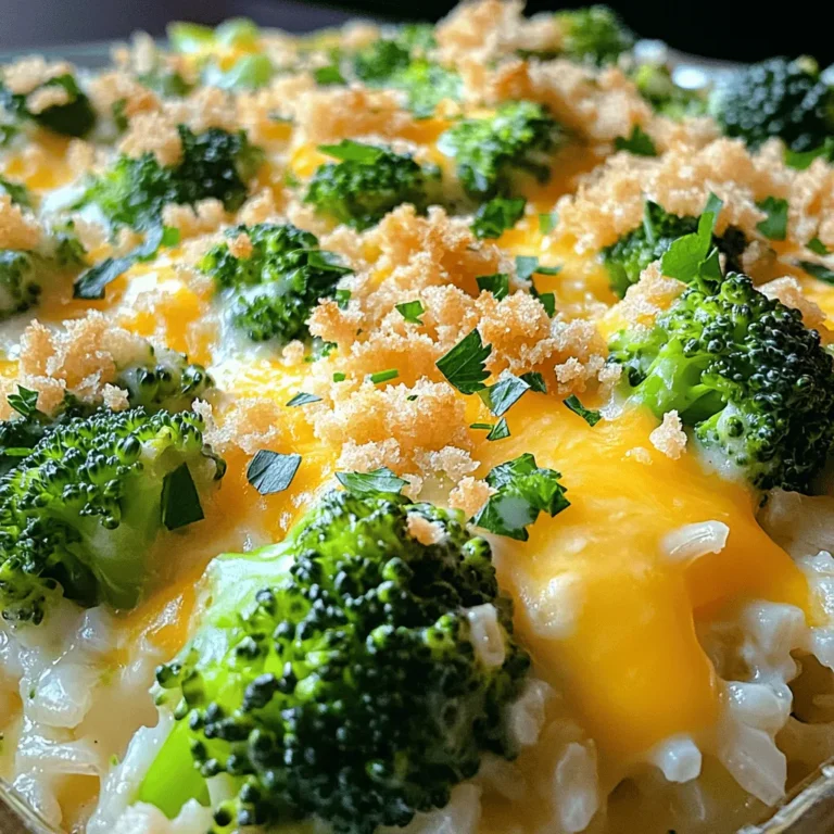 - 2 cups cooked rice (white or brown) - 2 cups fresh broccoli florets - 1 cup shredded cheddar cheese - 1 cup mozzarella cheese - 1 cup cream of mushroom soup - ½ cup milk - 1 teaspoon garlic powder - 1 teaspoon onion powder - ½ teaspoon salt - ¼ teaspoon black pepper - 1 cup breadcrumbs (optional, for topping) - 2 tablespoons melted butter (optional, for topping) When I create Cheesy Broccoli Rice Casserole, I love using fresh and simple ingredients. The base starts with cooked rice. You can use white or brown rice; both work well. Broccoli adds a pop of color and nutrition. I use fresh florets for the best taste. Next, I add cheese. Cheddar gives that sharp flavor, while mozzarella melts beautifully. Cream of mushroom soup keeps everything creamy and rich. Milk adds the right amount of moisture. Seasoning is key! Garlic and onion powder bring out the flavors. I like to sprinkle in salt and black pepper for a little kick. If you want a crunchy topping, breadcrumbs mixed with melted butter create a great finish. This dish is easy to make with these simple ingredients. You can find the Full Recipe with all the steps you need to create this tasty meal. - Preheat your oven to 350°F (175°C). - In a large mixing bowl, combine the cooked rice, broccoli florets, shredded cheddar cheese, mozzarella cheese, cream of mushroom soup, and milk. - Next, add garlic powder, onion powder, salt, and black pepper. - Stir everything together until it’s well mixed. - Now, transfer the mixture to a greased 9x13-inch casserole dish. - If you like, prepare a breadcrumb topping by mixing breadcrumbs with melted butter, then sprinkle it on top. - Bake for 25-30 minutes until the casserole is hot and bubbly. This recipe is simple and fun. You will love how it fills your home with tasty smells! For more details, check the Full Recipe. Enjoy making this dish with your family! To keep your broccoli bright green, blanch it first. Boil water and add the broccoli for two minutes. Then, transfer it to ice water to stop the cooking. This step locks in color and flavor. If your casserole is too thick, add more milk. Start with a little, mix, and check. For a creamier texture, keep adjusting until it feels just right. Pair your casserole with a green salad. A fresh salad adds crunch and brightness. You can also serve it with garlic bread for a comforting meal. For garnishing, sprinkle fresh parsley or chives on top. This adds color and a fresh taste. A dollop of sour cream can also enhance the dish. Avoid overcooking the casserole. Keep an eye on it as it bakes. You want the top to be golden brown, not burnt. Choose the right cheese for melting. Cheddar and mozzarella work best. Avoid cheeses that do not melt well, like feta or goat cheese. For the best results, stick to the recipe's cheese options. For the full recipe, check out the [Full Recipe]. {{image_2}} You can add cooked chicken or turkey for a heartier meal. Just chop the meat into small pieces and mix it in with the rice and cheese. You can also incorporate cooked bacon or sausage. The smoky flavor from bacon adds a nice twist. Sausage gives a savory kick, making it even more filling. If you want a vegetarian option, you can swap out the cream of mushroom soup for a homemade version. This way, you can control the flavors and ingredients. You can also use alternative vegetables like cauliflower or spinach. Cauliflower gives a great texture, while spinach adds nice color and nutrients. To make the casserole gluten-free, stick with rice and choose gluten-free breadcrumbs. This keeps the dish safe for those with gluten issues. If you're looking for dairy-free options, try using dairy-free cheese. Many brands offer great melting cheese that works well in casseroles. To keep your Cheesy Broccoli Rice Casserole fresh, let it cool first. Place it in an airtight container. This will help keep moisture in and odors out. Store it in the fridge. The casserole will last about three to four days. If you want it to last longer, consider freezing it. If you want to freeze the casserole, cut it into portions. Wrap each portion tightly in plastic wrap. Then, place the wrapped portions in a freezer bag. This will help prevent freezer burn. The casserole will stay good for up to three months. When you’re ready to eat, remove it from the freezer. Let it thaw in the fridge overnight. To reheat frozen casserole, place it in a baking dish. Cover it with foil and bake at 350°F (175°C) for about 30-40 minutes. This will help it heat evenly without drying out. When reheating the casserole, I recommend using the oven. This gives the best results. Preheat your oven to 350°F (175°C). Cover the dish with foil to keep it moist. Bake for about 20 minutes or until hot in the center. You can also use a microwave if you're in a hurry. Place a portion on a microwave-safe plate. Heat for 1-2 minutes, checking every 30 seconds. This method can dry it out, so be careful. Choose the method that works best for you. Enjoy your cheesy goodness! Yes, you can make this dish ahead. Prepare the casserole up to the baking step. Cover it tightly with foil and store it in the fridge for up to 24 hours. When ready to bake, preheat your oven to 350°F. Remove the foil and bake for 30-35 minutes. If it’s cold from the fridge, it might need a bit more time. This method keeps your casserole fresh and ready to serve. Absolutely! You can use different cheeses based on your taste. If you are lactose intolerant, try dairy-free cheese. For a stronger flavor, use sharp cheddar or gouda. You can also mix in cream cheese for extra creaminess. Just remember, any cheese you choose should melt well to keep that gooey texture. Yes, frozen broccoli works well. Just thaw and drain it before mixing it into the casserole. This step helps avoid extra water in your dish. You may need to reduce the baking time by about 5-10 minutes. Keep an eye on it until it's hot and bubbling. Using frozen broccoli is a great way to save time and still enjoy a tasty meal. For the full recipe, check out the [Full Recipe]. This blog outlined a creamy cheesy broccoli rice casserole. We covered the key ingredients, tips, and variations. You learned how to bake it perfectly and store leftovers. Make this dish your own by adding proteins or altering ingredients for dietary needs. Enjoy each bite, knowing it’s easy to make and delicious. Can't wait for you to try it!