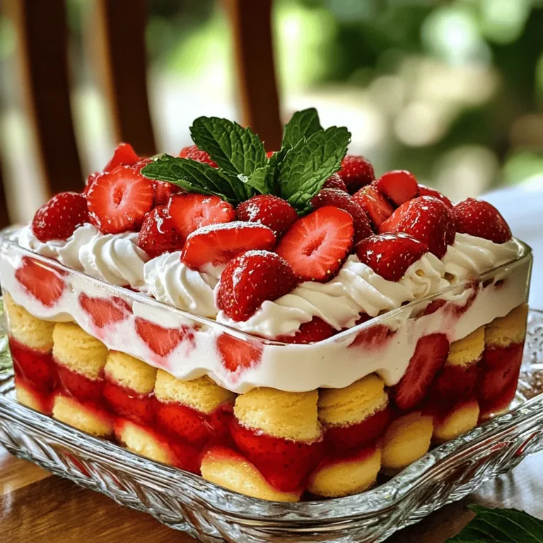 - Fresh strawberries - Granulated sugar - Heavy whipping cream - Powdered sugar - Vanilla extract - Ladyfinger cookies or sponge cake layers - Fresh mint leaves for garnish - For heavy whipping cream, you can use coconut cream or whipped topping. - If you need gluten-free options, look for gluten-free ladyfinger cookies or sponge cake. - Choose ripe, sweet strawberries. Look for bright red color and firm texture. - Use pure vanilla extract. It gives your cake a rich and true flavor. Macerating the strawberries To start, you need to prepare the strawberries. Take one pound of fresh strawberries, hull them, and slice them. Place the sliced strawberries in a medium bowl. Add two tablespoons of granulated sugar. Toss them gently to mix. Let them sit for about 30 minutes. This process draws out the juices, making them sweet and flavorful. Whipping the cream Next, grab a large mixing bowl. Pour in two cups of heavy whipping cream. Use an electric mixer on medium speed. Whip the cream until soft peaks form. This usually takes a few minutes. Gradually add in half a cup of powdered sugar and one teaspoon of vanilla extract. Continue whipping until stiff peaks form. Your whipped cream should be fluffy and smooth, perfect for layering. How to properly layer the cake Now, take a 9x13 inch baking dish. Start by placing ladyfinger cookies at the bottom in a single layer. This will be your first layer. Next, spread half of the whipped cream over the cookies. Use a spatula to smooth it out evenly. After that, spoon half of the macerated strawberries over the cream, including their juices. Tips for even distribution To ensure your flavors mix well, repeat the layers. Add another layer of ladyfinger cookies, followed by the remaining whipped cream. Top it off with the rest of the strawberries. Make sure each layer is even. This keeps every bite delicious and balanced. Recommended chilling time Cover the dish with plastic wrap. Place it in the refrigerator for at least four hours. For the best flavor and texture, let it chill overnight. This helps the flavors blend and the cake to set. How to cut and serve the cake When you’re ready to serve, remove the dish from the fridge. Use a sharp knife to cut it into squares. Make sure to cut through all the layers. If you want, garnish with fresh mint leaves for a pop of color. Enjoy your Strawberry Shortcake Icebox Cake! For the full recipe, refer to the earlier section. To make great whipped cream, start with cold cream. Use a chilled bowl too. Whip the cream at medium speed until soft peaks form. This takes about 2 to 3 minutes. Then, slowly add powdered sugar and vanilla. Keep whipping until stiff peaks form. Avoid over-whipping, or you might get butter instead of cream. Common mistakes include not using cold tools and over-whipping. If your cream is warm, it won’t whip well. If you whip too much, it will separate. Keep an eye on it to get just the right texture. Taste is key in this dessert. Adjust sugar based on your sweetness level. You can start with less sugar and add more if needed. This way, you can control how sweet it is. To add a twist, consider flavoring the cream. A bit of lemon or orange zest can brighten the taste. You can also add a splash of almond extract for a nutty twist. Just a drop can change everything! This cake works well when made in advance. To prepare it ahead, follow the recipe and layer it in your dish. Cover it well with plastic wrap, then chill. It tastes better the longer it sits, so letting it rest overnight is best. For storing leftovers, keep the cake covered in the fridge. It stays fresh for about 3 days. If you have any extra strawberries, add them on top before serving. This keeps them from going mushy. For the full recipe, check out the details above. Enjoy your delicious creation! {{image_2}} You can make this cake even more fun by adding flavors. Try adding lemon or orange zest to the whipped cream. This adds a bright taste and a nice aroma. Just a teaspoon or two can make a big difference. You can also mix in other fruits. Consider using blueberries, raspberries, or peaches. Each fruit brings its own sweetness and color. Feel free to mix and match to find your favorite combo! If you want a vegan version, use coconut cream instead of heavy cream. It whips up nicely and has a rich flavor. For ladyfingers, look for vegan options or use sponge cake made without eggs. For a low-sugar version, cut the sugar in half. You can use a sugar substitute like stevia or monk fruit. This keeps the sweetness without all the sugar. Making this cake look pretty is key! For garnishing, add extra sliced strawberries on top. A sprinkle of zest can also add a pop of color. You can even drizzle a bit of chocolate sauce for extra flair. When serving, cut the cake into squares and place them on colorful plates. This makes it look festive for any party. You can also use mason jars for individual servings. They are fun and easy to handle! For the full recipe, check out the details above. This cake is not just delicious; it’s also a feast for the eyes! Store any leftover strawberry shortcake icebox cake in the fridge. Place it in an airtight container. This helps keep it fresh and moist. If you don’t have a container, cover the dish tightly with plastic wrap. This keeps the flavors locked in. Can you freeze strawberry shortcake icebox cake? Yes, you can freeze it! Just make sure to slice it first. Wrap each slice in plastic wrap and place them in a freezer bag. This will save space and keep it fresh. To thaw, move the slices to the fridge for a few hours or overnight. Enjoy them cold or at room temperature. How long will the ingredients last? Fresh strawberries last about 3-5 days in the fridge. Heavy whipping cream stays good for about a week. Always check the sell-by dates. Tips on checking for freshness include looking for mold on berries and smelling the cream. Fresh ingredients make for the best strawberry shortcake icebox cake. This recipe is a delight and easy to store! Check the Full Recipe for more details. This cake takes about 30 minutes to prepare. After that, you must chill it for at least 4 hours. If you have time, let it sit overnight. This extra time helps the flavors blend. Yes, you can make this recipe gluten-free. Use gluten-free ladyfinger cookies or sponge cake layers. Check labels carefully to ensure all ingredients are free from gluten. You can use many fruits in this cake. Fresh blueberries, raspberries, or peaches work well. You can mix and match for a fun twist. Just remember to keep the fruit fresh! Yes, preparing this dessert a day ahead is a great idea. It lets the flavors combine and the cake set nicely. Just cover it well in the fridge to keep it fresh. To slice the cake, use a sharp knife dipped in warm water. This helps the knife glide through the layers smoothly. Wipe the knife between cuts for clean slices. Enjoy your beautiful cake! For the full recipe, check out the details above. You’ve learned how to make a delicious strawberry shortcake icebox cake. From picking the best strawberries to choosing the right layers, each step is key. Remember to embrace creativity with variations and flavor swaps. Storing leftovers properly extends freshness and taste. With these tips and tricks, you can impress anyone with this delightful treat. Enjoy crafting and sharing your cake!