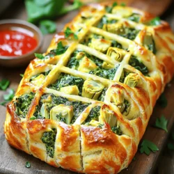 - 1 loaf of fresh bread (preferably pull-apart or a round sourdough) - 1 cup fresh spinach, chopped - 1 cup canned artichoke hearts, drained and chopped - 1 cup cream cheese, softened - 1/2 cup sour cream - 1/2 cup grated Parmesan cheese - 1/2 cup shredded mozzarella cheese - 2 cloves garlic, minced - 1 teaspoon onion powder - 1/2 teaspoon red pepper flakes (optional) - Salt and pepper to taste - 2 tablespoons olive oil - Fresh parsley for garnish (optional) When picking bread, choose one that pulls apart easily. Pull-apart bread or sourdough works best. Fresh spinach adds a bright taste. Canned artichokes save time and are easy to find. For cheese, I like cream cheese for creaminess. Parmesan gives a nice sharp flavor. Mozzarella melts perfectly, making it gooey and delicious. Don’t forget garlic; it brings depth to the dish. Onion powder adds a sweet touch, and red pepper flakes can give a little heat. Each ingredient plays a role in making this dish special. The mix of flavors and textures makes every bite a delight. Check out the Full Recipe to create your own Spinach Artichoke Pull Apart Bread! To make the filling, mix the cheeses and vegetables in a bowl. Start with the softened cream cheese; it blends better this way. Next, add sour cream, Parmesan, and mozzarella cheese. Toss in chopped spinach, chopped artichoke hearts, minced garlic, onion powder, and red pepper flakes if you like heat. Stir until all ingredients are well combined. This mixture will be rich and creamy, a perfect treat for your bread. Now, let's get to the bread. Take your loaf and place it on a cutting board. Using a serrated knife, make cuts in a grid pattern. Cut down about three-quarters of the way through the loaf. This helps the bread stay intact while allowing for easy pull-apart pieces. Once you have your cuts, it's time to fill the bread. Gently spread the spinach and artichoke mix into each cut. Make sure to fill each crevice well for the best flavor. For baking, wrap your filled bread in aluminum foil. This helps it steam and keeps it moist. Place it in a preheated oven at 350°F (175°C). Bake for 20 minutes covered. After that, take off the foil and bake for another 10 minutes. This will make the cheese bubbly and the bread golden brown. Keep an eye on it to avoid burning. When done, let it cool for a few minutes. Garnish with fresh parsley if you'd like. Enjoy the aroma of your tasty Spinach Artichoke Pull Apart Bread! For the full recipe, check the instructions above. When making the filling, balance is key. You want a mix of creamy cheese and fresh veggies. The cream cheese gives a nice base, while spinach and artichokes add texture. To add a kick, sprinkle in some red pepper flakes. If you want a milder version, skip the flakes. For those with dietary needs, you can make this dish vegan. Use vegan cream cheese and sour cream, and check your bread for dairy. If you need a gluten-free option, pick gluten-free bread. The filling stays delicious and creamy, no matter your choice. The best dips for this bread are marinara sauce or a creamy ranch dip. These add extra flavor and fun! Serve the bread on a rustic wooden board. It looks great and invites people to dig in. Add a side bowl of your dip for easy access. For gatherings, cut the bread into larger pieces for easy pulling. You can also garnish with fresh parsley for a pop of color. This makes your dish look fancy without extra work. Everyone will love this pull-apart bread and its tasty filling. Enjoy every bite! {{image_2}} You can change the cheese in your bread for a new taste. Instead of cream cheese, try using cheddar for a sharper flavor. Feta adds a nice tang, too. If you want a heartier dish, add proteins like cooked chicken or crispy bacon. These changes make the bread more filling and add fun flavors. Herbs and spices can take your bread to the next level. Adding fresh basil or oregano gives it a nice Italian twist. A sprinkle of garlic powder can boost the flavor even more. You can also try sweet versions of pull-apart bread. Add cinnamon and sugar for a dessert take. Mixing sweet and savory can create a fun dish for parties or family meals. For the full experience, check out the Full Recipe. To keep your Spinach Artichoke Pull Apart Bread fresh, follow these steps: - Refrigeration Tips: Place leftover bread in an airtight container. It keeps well for up to 3 days. If you notice any moisture, use a paper towel to absorb it. - Freezing Options: For longer storage, wrap the bread tightly in plastic wrap and then in foil. It can last in the freezer for up to 2 months. When ready to eat, thaw it in the fridge overnight. To enjoy your bread again without losing flavor and texture: - Keeping It Moist: Place the bread in a baking dish and cover it with foil. This keeps it from drying out. - Quick Reheating Tips: Reheat in a preheated oven at 350°F (175°C) for about 10-15 minutes. Check it often to make sure it warms evenly. Enjoy your bread as good as new! For the complete recipe, check out the [Full Recipe]. Can I prepare this ahead of time? Yes, you can prepare Spinach Artichoke Pull Apart Bread ahead of time. Make the filling and cut the bread. Store them separately in the fridge for a day. When ready, fill the bread and bake it. What to serve with Spinach Artichoke Pull Apart Bread? This bread pairs well with marinara sauce or a creamy dip. You can also serve it alongside fresh salad or vegetable sticks for a balanced meal. How can I make this dish healthier? To make this dish healthier, use whole grain bread. You can also reduce cheese and add more spinach. For a vegan version, try using vegan cream cheese and nutritional yeast. Why is my bread soggy? If your bread is soggy, it may be due to excess moisture in the filling. Make sure to drain artichokes well. Also, avoid over-baking the bread while it’s wrapped in foil. How do I fix a burnt top? If the top of your bread is burnt, cover it with foil during the last few minutes of baking. This will help prevent further burning while allowing the inside to cook properly. You can create a delicious Spinach Artichoke Pull Apart Bread by selecting the right ingredients and following the steps we discussed. Remember to balance flavors and explore variations that suit your taste. Keep your leftovers fresh with the right storage tips, and don’t hesitate to troubleshoot if something goes wrong. This fun recipe is perfect for gatherings or cozy nights in. Dive in, enjoy the process, and impress your friends and family with your skills!