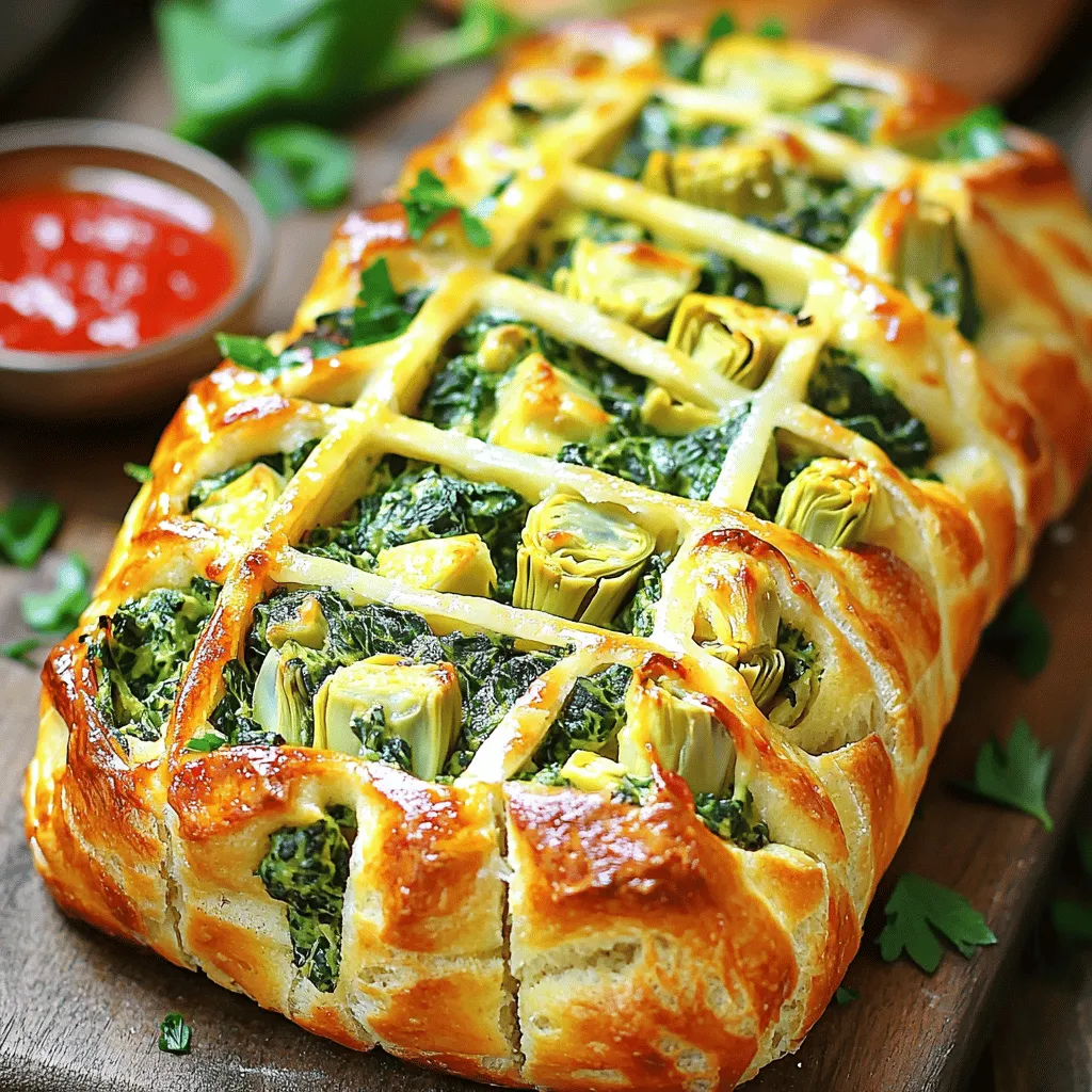 - 1 loaf of fresh bread (preferably pull-apart or a round sourdough) - 1 cup fresh spinach, chopped - 1 cup canned artichoke hearts, drained and chopped - 1 cup cream cheese, softened - 1/2 cup sour cream - 1/2 cup grated Parmesan cheese - 1/2 cup shredded mozzarella cheese - 2 cloves garlic, minced - 1 teaspoon onion powder - 1/2 teaspoon red pepper flakes (optional) - Salt and pepper to taste - 2 tablespoons olive oil - Fresh parsley for garnish (optional) When picking bread, choose one that pulls apart easily. Pull-apart bread or sourdough works best. Fresh spinach adds a bright taste. Canned artichokes save time and are easy to find. For cheese, I like cream cheese for creaminess. Parmesan gives a nice sharp flavor. Mozzarella melts perfectly, making it gooey and delicious. Don’t forget garlic; it brings depth to the dish. Onion powder adds a sweet touch, and red pepper flakes can give a little heat. Each ingredient plays a role in making this dish special. The mix of flavors and textures makes every bite a delight. Check out the Full Recipe to create your own Spinach Artichoke Pull Apart Bread! To make the filling, mix the cheeses and vegetables in a bowl. Start with the softened cream cheese; it blends better this way. Next, add sour cream, Parmesan, and mozzarella cheese. Toss in chopped spinach, chopped artichoke hearts, minced garlic, onion powder, and red pepper flakes if you like heat. Stir until all ingredients are well combined. This mixture will be rich and creamy, a perfect treat for your bread. Now, let's get to the bread. Take your loaf and place it on a cutting board. Using a serrated knife, make cuts in a grid pattern. Cut down about three-quarters of the way through the loaf. This helps the bread stay intact while allowing for easy pull-apart pieces. Once you have your cuts, it's time to fill the bread. Gently spread the spinach and artichoke mix into each cut. Make sure to fill each crevice well for the best flavor. For baking, wrap your filled bread in aluminum foil. This helps it steam and keeps it moist. Place it in a preheated oven at 350°F (175°C). Bake for 20 minutes covered. After that, take off the foil and bake for another 10 minutes. This will make the cheese bubbly and the bread golden brown. Keep an eye on it to avoid burning. When done, let it cool for a few minutes. Garnish with fresh parsley if you'd like. Enjoy the aroma of your tasty Spinach Artichoke Pull Apart Bread! For the full recipe, check the instructions above. When making the filling, balance is key. You want a mix of creamy cheese and fresh veggies. The cream cheese gives a nice base, while spinach and artichokes add texture. To add a kick, sprinkle in some red pepper flakes. If you want a milder version, skip the flakes. For those with dietary needs, you can make this dish vegan. Use vegan cream cheese and sour cream, and check your bread for dairy. If you need a gluten-free option, pick gluten-free bread. The filling stays delicious and creamy, no matter your choice. The best dips for this bread are marinara sauce or a creamy ranch dip. These add extra flavor and fun! Serve the bread on a rustic wooden board. It looks great and invites people to dig in. Add a side bowl of your dip for easy access. For gatherings, cut the bread into larger pieces for easy pulling. You can also garnish with fresh parsley for a pop of color. This makes your dish look fancy without extra work. Everyone will love this pull-apart bread and its tasty filling. Enjoy every bite! {{image_2}} You can change the cheese in your bread for a new taste. Instead of cream cheese, try using cheddar for a sharper flavor. Feta adds a nice tang, too. If you want a heartier dish, add proteins like cooked chicken or crispy bacon. These changes make the bread more filling and add fun flavors. Herbs and spices can take your bread to the next level. Adding fresh basil or oregano gives it a nice Italian twist. A sprinkle of garlic powder can boost the flavor even more. You can also try sweet versions of pull-apart bread. Add cinnamon and sugar for a dessert take. Mixing sweet and savory can create a fun dish for parties or family meals. For the full experience, check out the Full Recipe. To keep your Spinach Artichoke Pull Apart Bread fresh, follow these steps: - Refrigeration Tips: Place leftover bread in an airtight container. It keeps well for up to 3 days. If you notice any moisture, use a paper towel to absorb it. - Freezing Options: For longer storage, wrap the bread tightly in plastic wrap and then in foil. It can last in the freezer for up to 2 months. When ready to eat, thaw it in the fridge overnight. To enjoy your bread again without losing flavor and texture: - Keeping It Moist: Place the bread in a baking dish and cover it with foil. This keeps it from drying out. - Quick Reheating Tips: Reheat in a preheated oven at 350°F (175°C) for about 10-15 minutes. Check it often to make sure it warms evenly. Enjoy your bread as good as new! For the complete recipe, check out the [Full Recipe]. Can I prepare this ahead of time? Yes, you can prepare Spinach Artichoke Pull Apart Bread ahead of time. Make the filling and cut the bread. Store them separately in the fridge for a day. When ready, fill the bread and bake it. What to serve with Spinach Artichoke Pull Apart Bread? This bread pairs well with marinara sauce or a creamy dip. You can also serve it alongside fresh salad or vegetable sticks for a balanced meal. How can I make this dish healthier? To make this dish healthier, use whole grain bread. You can also reduce cheese and add more spinach. For a vegan version, try using vegan cream cheese and nutritional yeast. Why is my bread soggy? If your bread is soggy, it may be due to excess moisture in the filling. Make sure to drain artichokes well. Also, avoid over-baking the bread while it’s wrapped in foil. How do I fix a burnt top? If the top of your bread is burnt, cover it with foil during the last few minutes of baking. This will help prevent further burning while allowing the inside to cook properly. You can create a delicious Spinach Artichoke Pull Apart Bread by selecting the right ingredients and following the steps we discussed. Remember to balance flavors and explore variations that suit your taste. Keep your leftovers fresh with the right storage tips, and don’t hesitate to troubleshoot if something goes wrong. This fun recipe is perfect for gatherings or cozy nights in. Dive in, enjoy the process, and impress your friends and family with your skills!