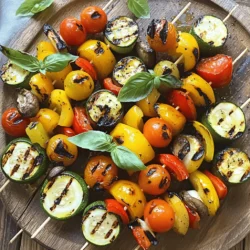 For my grilled veggie skewers, I love using these fresh vegetables: - 1 zucchini, sliced into thick rounds - 1 bell pepper (red or yellow), cut into 1-inch pieces - 1 red onion, cut into wedges - 8 button mushrooms, cleaned - 10 cherry tomatoes These veggies not only taste great but also look colorful when grilled. Zucchini is soft and creamy when cooked. Bell peppers add a sweet crunch. Red onions provide a nice bite. Mushrooms soak up all the flavors. Cherry tomatoes burst with juice. The marinade makes the veggies shine. I mix these ingredients: - 2 tablespoons olive oil - 1 teaspoon garlic powder - 1 teaspoon dried oregano - 1 teaspoon smoked paprika - Salt and pepper to taste Olive oil adds richness. Garlic powder gives a nice kick. Dried oregano brings a hint of earthiness. Smoked paprika gives a lovely smoky flavor. Salt and pepper tie everything together. To make my skewers pop, I love adding these garnishes: - Fresh basil leaves - Balsamic glaze - Lemon zest Fresh basil adds a vibrant touch. Balsamic glaze adds sweetness and tang. Lemon zest brightens the dish and makes it fresh. These garnishes make the skewers look and taste gourmet. For the full recipe, check the [Full Recipe]. To start, you want to cut your vegetables right. For the zucchini, slice it into thick rounds. This helps it hold up on the grill. For bell peppers, chop them into 1-inch pieces. The red onion should be cut into wedges. Keep the shapes similar for even cooking. Clean your mushrooms and leave them whole. Finally, keep your cherry tomatoes intact; they add a burst of flavor. Next, let's mix the marinade. In a small bowl, whisk together 2 tablespoons of olive oil, 1 teaspoon of garlic powder, 1 teaspoon of dried oregano, and 1 teaspoon of smoked paprika. Add salt and pepper to taste. This mix brings out the best in your veggies. Now, it's time to skewer. Grab your skewers and start threading the veggies. Alternate between colors and shapes. This not only makes them pretty but also helps them cook evenly. Before grilling, preheat your grill to medium-high heat. This step is key for good grill marks and flavor. You want your grill hot enough to sear the veggies. Cook the skewers for about 10 to 12 minutes. Turn them occasionally for even cooking. Look for signs of tenderness and those nice grill marks. This means they are ready. When turning the skewers, be gentle. Use tongs to grip them and avoid losing any veggies. If a piece slips off, don’t worry; just add it back on after turning. Now for the fun part: presentation! Arrange the skewers on a big platter. Drizzle with some extra olive oil or balsamic glaze for a nice shine. This adds flavor and makes them look fancy. For sides, consider serving with quinoa or a fresh green salad. These pair well and complete the meal nicely. You can also offer dips like hummus or tzatziki for added taste. Enjoy your colorful and tasty creation! To boost flavor in your grilled veggie skewers, add herbs and spices. Fresh herbs like basil and parsley add bright taste. Dried herbs like oregano and thyme work well too. Sprinkle some garlic powder for extra depth. Using citrus can also lift your dish. A squeeze of lemon or lime adds freshness. Try marinating your veggies in citrus juice for a zesty kick. For even cooking, remember to cut veggies into similar sizes. This helps them cook at the same rate. Also, preheating the grill is key. A hot grill gives nice grill marks and seals in flavor. Avoid burning your vegetables by checking them often. Turn skewers every few minutes. If you see char marks forming too quickly, move them to a cooler part of the grill. To keep veggies from falling off, use sturdy skewers. Metal skewers are great as they are strong and reusable. If you choose wooden skewers, soak them in water for 30 minutes first. This prevents burning and helps keep veggies in place. When using skewers, alternate different vegetables for balance. This not only looks nice but helps with even cooking too. For example, place mushrooms next to cherry tomatoes and bell peppers. This way, all veggies get the right amount of heat. For the full recipe, check out the details above. Happy grilling! {{image_2}} You can switch up the veggies in your skewers. Use seasonal options for great taste. Try eggplant, asparagus, or even radishes. These add fun flavors and colors. Adding fruits can bring sweetness to your skewers. Pineapple and peaches work well. They caramelize when grilled, creating a tasty treat. You can mix them with veggies for a balanced bite. For a vegan option, use plant-based oils. Avocado or coconut oil can work nicely. Also, be sure to use gluten-free seasonings. Most herbs and spices are gluten-free, but check the labels. If you want to change the flavors, try different vinegars. Balsamic or apple cider vinegar can add a new twist to your marinade. They are both tasty and gluten-free. You can give your skewers a Mediterranean twist. Use ingredients like olives, artichokes, or feta cheese. These add depth to your dish and transport you to sunny shores. For an Asian-inspired flavor, add soy sauce or sesame oil. You can include bok choy, bell peppers, and mushrooms. This gives your skewers a distinct and bold taste. Try these variations to make your grilled veggie skewers fun and exciting! For the full recipe, check out the detailed steps above. After you grill your veggie skewers, let them cool first. Place them in an airtight container. This keeps them fresh and tasty. Store the container in your fridge. Cooked skewers will last about three to four days. If you want them to last longer, consider freezing them. They can stay in the freezer for about three months. You can reheat your skewers in two ways: the microwave or the oven. The microwave is faster but may make them softer. If you want to keep the texture, use the oven. Preheat the oven to 350°F and place the skewers on a baking sheet. Heat for about 10 minutes. This will help keep the flavor and crunch. If you have leftover veggies, store them in the fridge. Cut them and place them in a sealed bag or container. For best flavor, use them within three days. If you want to prep for later, soak wooden skewers in water before using. This step helps prevent burning. You can also wrap your raw skewers in plastic wrap and keep them in the fridge. Enjoy your grilled veggie skewers again with the full recipe! Yes, you can use frozen vegetables for grilling. However, frozen veggies often have more water. This can lead to steaming instead of grilling. To avoid this, thaw them first. Pat them dry with a towel. This helps them get that nice char on the grill. I still recommend fresh veggies for the best taste. You can tell veggies are done when they are tender and have grill marks. For most vegetables, this takes about 10 to 12 minutes on the grill. You can also poke them with a fork. If they slide off easily, they are ready. Remember, different veggies cook at different rates. So, check them often to avoid overcooking. Grilled veggie skewers pair well with many sides. Try serving them with quinoa or a fresh green salad. You can also add a dip like hummus or tzatziki for extra flavor. For a heartier meal, serve them with grilled chicken or fish. This way, you have a balanced plate that is both tasty and nutritious. If you want to explore more, check out the Full Recipe for ideas! Grilling vegetables is a fun and tasty way to enjoy healthy food. We covered key ingredients, from fresh veggies like zucchini and bell peppers to flavorful marinades. I shared step-by-step instructions to prep, grill, and serve your skewers. You also learned tricks to enhance flavors and avoid burning your veggies. Remember, grilling is flexible. You can experiment with different vegetables and styles. Enjoy your time grilling and impress everyone with your delicious veggie skewers!