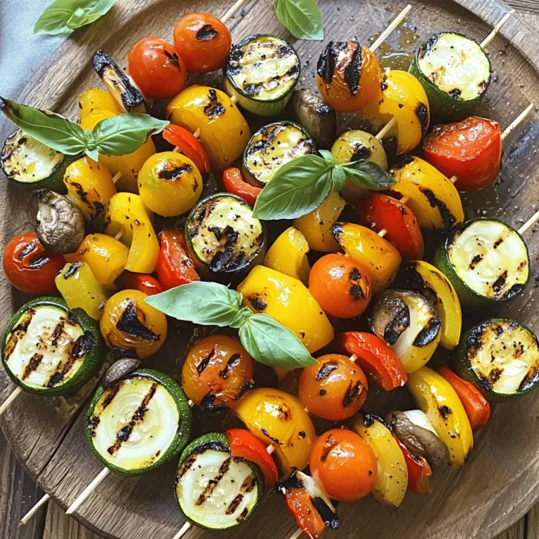 For my grilled veggie skewers, I love using these fresh vegetables: - 1 zucchini, sliced into thick rounds - 1 bell pepper (red or yellow), cut into 1-inch pieces - 1 red onion, cut into wedges - 8 button mushrooms, cleaned - 10 cherry tomatoes These veggies not only taste great but also look colorful when grilled. Zucchini is soft and creamy when cooked. Bell peppers add a sweet crunch. Red onions provide a nice bite. Mushrooms soak up all the flavors. Cherry tomatoes burst with juice. The marinade makes the veggies shine. I mix these ingredients: - 2 tablespoons olive oil - 1 teaspoon garlic powder - 1 teaspoon dried oregano - 1 teaspoon smoked paprika - Salt and pepper to taste Olive oil adds richness. Garlic powder gives a nice kick. Dried oregano brings a hint of earthiness. Smoked paprika gives a lovely smoky flavor. Salt and pepper tie everything together. To make my skewers pop, I love adding these garnishes: - Fresh basil leaves - Balsamic glaze - Lemon zest Fresh basil adds a vibrant touch. Balsamic glaze adds sweetness and tang. Lemon zest brightens the dish and makes it fresh. These garnishes make the skewers look and taste gourmet. For the full recipe, check the [Full Recipe]. To start, you want to cut your vegetables right. For the zucchini, slice it into thick rounds. This helps it hold up on the grill. For bell peppers, chop them into 1-inch pieces. The red onion should be cut into wedges. Keep the shapes similar for even cooking. Clean your mushrooms and leave them whole. Finally, keep your cherry tomatoes intact; they add a burst of flavor. Next, let's mix the marinade. In a small bowl, whisk together 2 tablespoons of olive oil, 1 teaspoon of garlic powder, 1 teaspoon of dried oregano, and 1 teaspoon of smoked paprika. Add salt and pepper to taste. This mix brings out the best in your veggies. Now, it's time to skewer. Grab your skewers and start threading the veggies. Alternate between colors and shapes. This not only makes them pretty but also helps them cook evenly. Before grilling, preheat your grill to medium-high heat. This step is key for good grill marks and flavor. You want your grill hot enough to sear the veggies. Cook the skewers for about 10 to 12 minutes. Turn them occasionally for even cooking. Look for signs of tenderness and those nice grill marks. This means they are ready. When turning the skewers, be gentle. Use tongs to grip them and avoid losing any veggies. If a piece slips off, don’t worry; just add it back on after turning. Now for the fun part: presentation! Arrange the skewers on a big platter. Drizzle with some extra olive oil or balsamic glaze for a nice shine. This adds flavor and makes them look fancy. For sides, consider serving with quinoa or a fresh green salad. These pair well and complete the meal nicely. You can also offer dips like hummus or tzatziki for added taste. Enjoy your colorful and tasty creation! To boost flavor in your grilled veggie skewers, add herbs and spices. Fresh herbs like basil and parsley add bright taste. Dried herbs like oregano and thyme work well too. Sprinkle some garlic powder for extra depth. Using citrus can also lift your dish. A squeeze of lemon or lime adds freshness. Try marinating your veggies in citrus juice for a zesty kick. For even cooking, remember to cut veggies into similar sizes. This helps them cook at the same rate. Also, preheating the grill is key. A hot grill gives nice grill marks and seals in flavor. Avoid burning your vegetables by checking them often. Turn skewers every few minutes. If you see char marks forming too quickly, move them to a cooler part of the grill. To keep veggies from falling off, use sturdy skewers. Metal skewers are great as they are strong and reusable. If you choose wooden skewers, soak them in water for 30 minutes first. This prevents burning and helps keep veggies in place. When using skewers, alternate different vegetables for balance. This not only looks nice but helps with even cooking too. For example, place mushrooms next to cherry tomatoes and bell peppers. This way, all veggies get the right amount of heat. For the full recipe, check out the details above. Happy grilling! {{image_2}} You can switch up the veggies in your skewers. Use seasonal options for great taste. Try eggplant, asparagus, or even radishes. These add fun flavors and colors. Adding fruits can bring sweetness to your skewers. Pineapple and peaches work well. They caramelize when grilled, creating a tasty treat. You can mix them with veggies for a balanced bite. For a vegan option, use plant-based oils. Avocado or coconut oil can work nicely. Also, be sure to use gluten-free seasonings. Most herbs and spices are gluten-free, but check the labels. If you want to change the flavors, try different vinegars. Balsamic or apple cider vinegar can add a new twist to your marinade. They are both tasty and gluten-free. You can give your skewers a Mediterranean twist. Use ingredients like olives, artichokes, or feta cheese. These add depth to your dish and transport you to sunny shores. For an Asian-inspired flavor, add soy sauce or sesame oil. You can include bok choy, bell peppers, and mushrooms. This gives your skewers a distinct and bold taste. Try these variations to make your grilled veggie skewers fun and exciting! For the full recipe, check out the detailed steps above. After you grill your veggie skewers, let them cool first. Place them in an airtight container. This keeps them fresh and tasty. Store the container in your fridge. Cooked skewers will last about three to four days. If you want them to last longer, consider freezing them. They can stay in the freezer for about three months. You can reheat your skewers in two ways: the microwave or the oven. The microwave is faster but may make them softer. If you want to keep the texture, use the oven. Preheat the oven to 350°F and place the skewers on a baking sheet. Heat for about 10 minutes. This will help keep the flavor and crunch. If you have leftover veggies, store them in the fridge. Cut them and place them in a sealed bag or container. For best flavor, use them within three days. If you want to prep for later, soak wooden skewers in water before using. This step helps prevent burning. You can also wrap your raw skewers in plastic wrap and keep them in the fridge. Enjoy your grilled veggie skewers again with the full recipe! Yes, you can use frozen vegetables for grilling. However, frozen veggies often have more water. This can lead to steaming instead of grilling. To avoid this, thaw them first. Pat them dry with a towel. This helps them get that nice char on the grill. I still recommend fresh veggies for the best taste. You can tell veggies are done when they are tender and have grill marks. For most vegetables, this takes about 10 to 12 minutes on the grill. You can also poke them with a fork. If they slide off easily, they are ready. Remember, different veggies cook at different rates. So, check them often to avoid overcooking. Grilled veggie skewers pair well with many sides. Try serving them with quinoa or a fresh green salad. You can also add a dip like hummus or tzatziki for extra flavor. For a heartier meal, serve them with grilled chicken or fish. This way, you have a balanced plate that is both tasty and nutritious. If you want to explore more, check out the Full Recipe for ideas! Grilling vegetables is a fun and tasty way to enjoy healthy food. We covered key ingredients, from fresh veggies like zucchini and bell peppers to flavorful marinades. I shared step-by-step instructions to prep, grill, and serve your skewers. You also learned tricks to enhance flavors and avoid burning your veggies. Remember, grilling is flexible. You can experiment with different vegetables and styles. Enjoy your time grilling and impress everyone with your delicious veggie skewers!