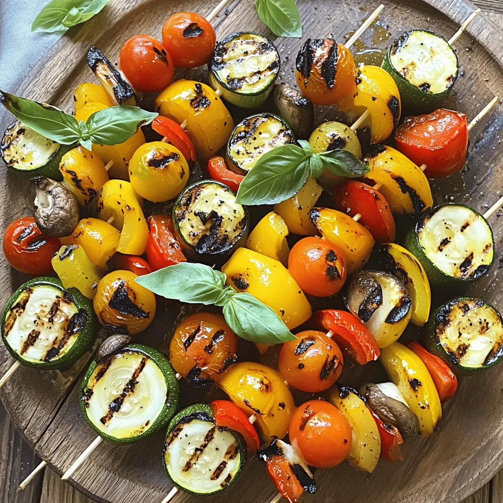 For my grilled veggie skewers, I love using these fresh vegetables: - 1 zucchini, sliced into thick rounds - 1 bell pepper (red or yellow), cut into 1-inch pieces - 1 red onion, cut into wedges - 8 button mushrooms, cleaned - 10 cherry tomatoes These veggies not only taste great but also look colorful when grilled. Zucchini is soft and creamy when cooked. Bell peppers add a sweet crunch. Red onions provide a nice bite. Mushrooms soak up all the flavors. Cherry tomatoes burst with juice. The marinade makes the veggies shine. I mix these ingredients: - 2 tablespoons olive oil - 1 teaspoon garlic powder - 1 teaspoon dried oregano - 1 teaspoon smoked paprika - Salt and pepper to taste Olive oil adds richness. Garlic powder gives a nice kick. Dried oregano brings a hint of earthiness. Smoked paprika gives a lovely smoky flavor. Salt and pepper tie everything together. To make my skewers pop, I love adding these garnishes: - Fresh basil leaves - Balsamic glaze - Lemon zest Fresh basil adds a vibrant touch. Balsamic glaze adds sweetness and tang. Lemon zest brightens the dish and makes it fresh. These garnishes make the skewers look and taste gourmet. For the full recipe, check the [Full Recipe]. To start, you want to cut your vegetables right. For the zucchini, slice it into thick rounds. This helps it hold up on the grill. For bell peppers, chop them into 1-inch pieces. The red onion should be cut into wedges. Keep the shapes similar for even cooking. Clean your mushrooms and leave them whole. Finally, keep your cherry tomatoes intact; they add a burst of flavor. Next, let's mix the marinade. In a small bowl, whisk together 2 tablespoons of olive oil, 1 teaspoon of garlic powder, 1 teaspoon of dried oregano, and 1 teaspoon of smoked paprika. Add salt and pepper to taste. This mix brings out the best in your veggies. Now, it's time to skewer. Grab your skewers and start threading the veggies. Alternate between colors and shapes. This not only makes them pretty but also helps them cook evenly. Before grilling, preheat your grill to medium-high heat. This step is key for good grill marks and flavor. You want your grill hot enough to sear the veggies. Cook the skewers for about 10 to 12 minutes. Turn them occasionally for even cooking. Look for signs of tenderness and those nice grill marks. This means they are ready. When turning the skewers, be gentle. Use tongs to grip them and avoid losing any veggies. If a piece slips off, don’t worry; just add it back on after turning. Now for the fun part: presentation! Arrange the skewers on a big platter. Drizzle with some extra olive oil or balsamic glaze for a nice shine. This adds flavor and makes them look fancy. For sides, consider serving with quinoa or a fresh green salad. These pair well and complete the meal nicely. You can also offer dips like hummus or tzatziki for added taste. Enjoy your colorful and tasty creation! To boost flavor in your grilled veggie skewers, add herbs and spices. Fresh herbs like basil and parsley add bright taste. Dried herbs like oregano and thyme work well too. Sprinkle some garlic powder for extra depth. Using citrus can also lift your dish. A squeeze of lemon or lime adds freshness. Try marinating your veggies in citrus juice for a zesty kick. For even cooking, remember to cut veggies into similar sizes. This helps them cook at the same rate. Also, preheating the grill is key. A hot grill gives nice grill marks and seals in flavor. Avoid burning your vegetables by checking them often. Turn skewers every few minutes. If you see char marks forming too quickly, move them to a cooler part of the grill. To keep veggies from falling off, use sturdy skewers. Metal skewers are great as they are strong and reusable. If you choose wooden skewers, soak them in water for 30 minutes first. This prevents burning and helps keep veggies in place. When using skewers, alternate different vegetables for balance. This not only looks nice but helps with even cooking too. For example, place mushrooms next to cherry tomatoes and bell peppers. This way, all veggies get the right amount of heat. For the full recipe, check out the details above. Happy grilling! {{image_2}} You can switch up the veggies in your skewers. Use seasonal options for great taste. Try eggplant, asparagus, or even radishes. These add fun flavors and colors. Adding fruits can bring sweetness to your skewers. Pineapple and peaches work well. They caramelize when grilled, creating a tasty treat. You can mix them with veggies for a balanced bite. For a vegan option, use plant-based oils. Avocado or coconut oil can work nicely. Also, be sure to use gluten-free seasonings. Most herbs and spices are gluten-free, but check the labels. If you want to change the flavors, try different vinegars. Balsamic or apple cider vinegar can add a new twist to your marinade. They are both tasty and gluten-free. You can give your skewers a Mediterranean twist. Use ingredients like olives, artichokes, or feta cheese. These add depth to your dish and transport you to sunny shores. For an Asian-inspired flavor, add soy sauce or sesame oil. You can include bok choy, bell peppers, and mushrooms. This gives your skewers a distinct and bold taste. Try these variations to make your grilled veggie skewers fun and exciting! For the full recipe, check out the detailed steps above. After you grill your veggie skewers, let them cool first. Place them in an airtight container. This keeps them fresh and tasty. Store the container in your fridge. Cooked skewers will last about three to four days. If you want them to last longer, consider freezing them. They can stay in the freezer for about three months. You can reheat your skewers in two ways: the microwave or the oven. The microwave is faster but may make them softer. If you want to keep the texture, use the oven. Preheat the oven to 350°F and place the skewers on a baking sheet. Heat for about 10 minutes. This will help keep the flavor and crunch. If you have leftover veggies, store them in the fridge. Cut them and place them in a sealed bag or container. For best flavor, use them within three days. If you want to prep for later, soak wooden skewers in water before using. This step helps prevent burning. You can also wrap your raw skewers in plastic wrap and keep them in the fridge. Enjoy your grilled veggie skewers again with the full recipe! Yes, you can use frozen vegetables for grilling. However, frozen veggies often have more water. This can lead to steaming instead of grilling. To avoid this, thaw them first. Pat them dry with a towel. This helps them get that nice char on the grill. I still recommend fresh veggies for the best taste. You can tell veggies are done when they are tender and have grill marks. For most vegetables, this takes about 10 to 12 minutes on the grill. You can also poke them with a fork. If they slide off easily, they are ready. Remember, different veggies cook at different rates. So, check them often to avoid overcooking. Grilled veggie skewers pair well with many sides. Try serving them with quinoa or a fresh green salad. You can also add a dip like hummus or tzatziki for extra flavor. For a heartier meal, serve them with grilled chicken or fish. This way, you have a balanced plate that is both tasty and nutritious. If you want to explore more, check out the Full Recipe for ideas! Grilling vegetables is a fun and tasty way to enjoy healthy food. We covered key ingredients, from fresh veggies like zucchini and bell peppers to flavorful marinades. I shared step-by-step instructions to prep, grill, and serve your skewers. You also learned tricks to enhance flavors and avoid burning your veggies. Remember, grilling is flexible. You can experiment with different vegetables and styles. Enjoy your time grilling and impress everyone with your delicious veggie skewers!