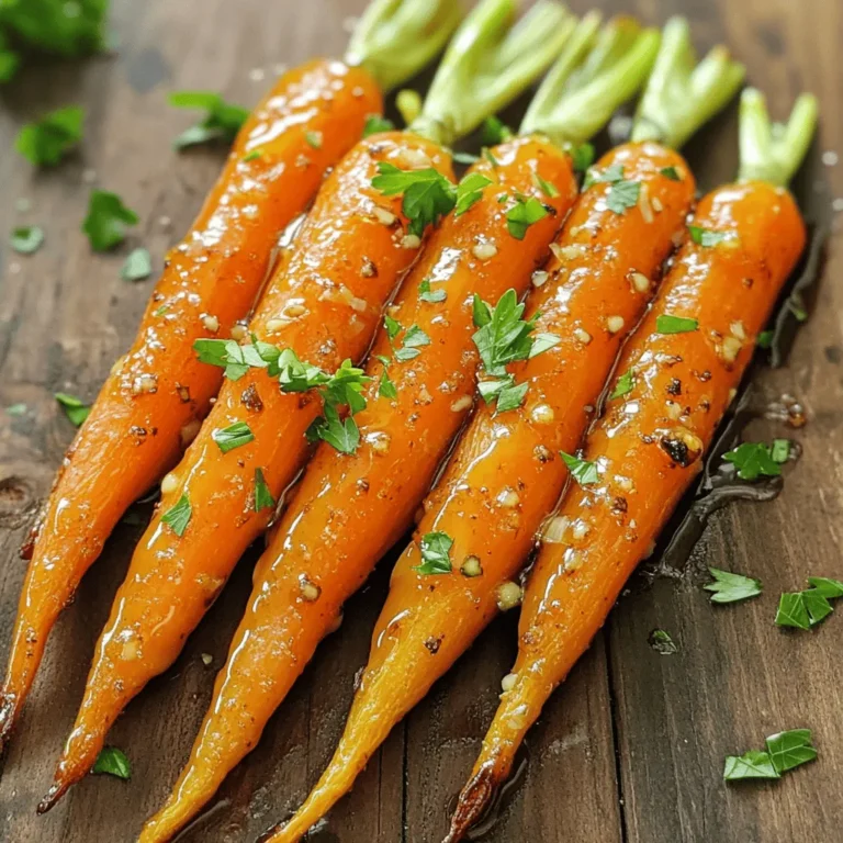 - 1 pound baby carrots, peeled - 3 tablespoons unsalted butter - 3 tablespoons honey - 3 cloves garlic, minced - 1 teaspoon fresh thyme leaves (or ½ teaspoon dried thyme) - Salt and pepper to taste - 1 tablespoon fresh parsley, chopped (for garnish) In this recipe for honey garlic butter roasted carrots, you need simple yet tasty ingredients. Start with one pound of baby carrots. They are sweet, tender, and perfect for roasting. Peel them to make sure they are clean and smooth. Next, you’ll need three tablespoons of unsalted butter. It adds richness and flavor to the dish. Then, grab three tablespoons of honey. It brings a lovely sweetness that balances the garlic. Speaking of garlic, you need three cloves, minced. This will give a nice kick to the carrots. For a bit of herbal flavor, add one teaspoon of fresh thyme leaves. If you don’t have fresh thyme, use half a teaspoon of dried thyme instead. You should also have salt and pepper ready to taste. They help enhance the natural flavors of the carrots. Lastly, for a fresh touch, chop one tablespoon of fresh parsley to sprinkle on top before serving. These ingredients come together to create a bright, flavorful side dish. If you want the full details, check out the Full Recipe. Start by preheating the oven to 425°F (220°C). This step is very important. It ensures the carrots cook evenly and get that nice caramelized look. In a small saucepan over medium heat, melt the butter. Once it melts, add the honey and minced garlic. Stir well to mix everything. Let it simmer for about 2 minutes. You want the garlic to become fragrant but not brown. After that, take it off the heat and stir in the fresh thyme. This adds a nice herbal note to your dish. Now, place the peeled baby carrots in a large bowl. Pour the honey garlic butter mixture over the carrots. Toss them well to coat every carrot evenly. Season with salt and pepper to taste. Make sure they are well seasoned. Spread the carrots in a single layer on a lined baking sheet. Roast them in the preheated oven for about 25-30 minutes. Stir the carrots halfway through cooking. This helps them cook evenly and caramelize nicely. When they are tender and golden, take them out. Transfer them to a serving dish, and don’t forget to garnish with freshly chopped parsley. Enjoy your delicious Honey Garlic Butter Roasted Carrots! For the complete recipe, check the [Full Recipe]. To get the best flavor and texture from your carrots, choose small, fresh baby carrots. They cook evenly and stay sweet. Spread them out on the baking sheet. This helps each carrot get direct heat. When they roast, they’ll caramelize well. Stir halfway through to ensure even browning. Keep an eye on them to avoid burning. Salt and pepper can make a big difference in taste. Start with a small pinch of salt. Taste the carrots after coating them. Add more if needed. Freshly cracked black pepper adds a nice kick. You can also try a sprinkle of chili flakes for extra heat. The balance of sweet and savory is key. For this recipe, you’ll need some basic tools. A sharp knife and cutting board are essential for prepping your carrots. A large bowl helps mix the honey garlic butter evenly. Use a lined baking sheet for easy cleanup. A spatula is great for tossing the carrots and flipping them halfway through roasting. These tools will make your cooking process smoother. For the full recipe, check out the earlier section. {{image_2}} You can swap honey for maple syrup if you want a different flavor. Agave nectar also works well as a sweetener. For herbs, try rosemary or dill. Both add a unique taste to the dish. Fresh herbs give a bright touch, while dried herbs are easy to use. If you don’t have an oven, try air frying. Set your air fryer to 400°F (200°C) and cook the carrots for about 15-20 minutes. Shake the basket halfway through to ensure even cooking. You can also sauté the carrots on the stovetop. Melt the butter in a large pan, add the carrots, and cook until they are tender and brown. These honey garlic butter roasted carrots pair well with roasted chicken or grilled fish. They also go nicely with quinoa or rice for a veggie-filled meal. For a festive touch, serve them with a sprinkle of feta cheese or toasted nuts on top. For a complete meal, add a fresh salad or a warm bread roll on the side. Check out the Full Recipe for more ideas! Store your leftover honey garlic butter roasted carrots in an airtight container. This keeps them fresh. Let the carrots cool down before sealing them. They will stay good in the fridge for up to 4 days. If you want to keep them longer, consider freezing. To reheat your carrots, use the oven or microwave. For the oven, set it to 350°F (175°C). Place the carrots on a baking sheet and cover them with foil. Heat for about 10 to 15 minutes. This way, they stay soft and tasty. In the microwave, use a microwave-safe dish. Heat for 1 to 2 minutes, stirring halfway through. To freeze the carrots, first, let them cool completely. Place them in a freezer-safe bag or container. Squeeze out as much air as possible. Label the bag with the date. You can freeze them for up to 3 months. To thaw, move them to the fridge overnight or use the microwave on low. For the full recipe, check out the Honey Garlic Butter Roasted Carrots. To keep the carrots crisp, avoid overcooking them. Roast at 425°F (220°C) for 25-30 minutes. Stir halfway through to ensure even cooking. Use a single layer on the baking sheet. This allows hot air to circulate, which helps them roast well. Also, make sure to coat them lightly with the honey garlic butter. Too much sauce can lead to sogginess. Yes, you can prepare the carrots ahead of time. Follow the steps to coat them with the honey garlic butter, then place them in an airtight container. Store them in the fridge for up to 24 hours. When you're ready to serve, just roast them straight from the fridge. This saves time and lets the flavors meld together nicely. There are many fun ways to change this dish! You can swap honey for maple syrup for a different sweetness. Try adding ginger for a spicy kick or orange zest for a citrus twist. You can also mix in other veggies, like parsnips or sweet potatoes. Each choice brings a new flavor that enhances the dish’s appeal. For a nutty touch, sprinkle sesame seeds before serving. Explore these options for a unique spin! In this article, we explored how to make honey garlic roasted carrots. We covered the key ingredients, step-by-step instructions, and useful tips. You learned how to roast carrots for the best flavor and texture and discovered options for variations and storage. These carrots can elevate any meal. Try making them for your next dinner. You’ll impress your family and friends with simple yet delicious veggies. Enjoy the cooking!