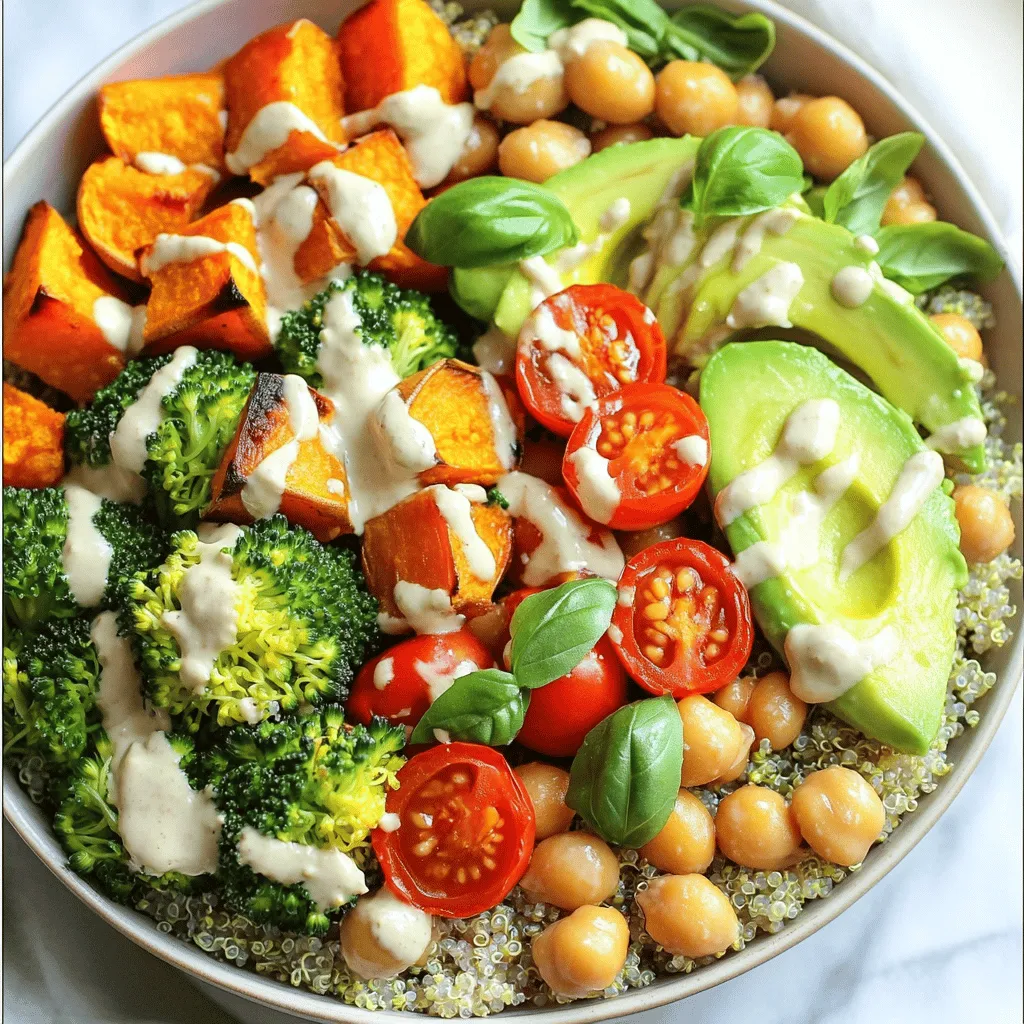 The Vegan Buddha Bowl is a feast for your eyes and taste buds. Here are the key ingredients you need: - 1 cup quinoa, rinsed - 2 cups vegetable broth - 1 cup chickpeas, canned or cooked - 1 medium sweet potato, diced - 1 cup broccoli florets - 1 avocado, sliced - 1 cup cherry tomatoes, halved - 1 tablespoon olive oil - 1 teaspoon smoked paprika - Salt and pepper to taste - Fresh basil or cilantro for garnish - Tahini dressing (optional) These ingredients blend well together. Quinoa serves as a healthy base, while the sweet potato adds sweetness. Broccoli offers crunch, and chickpeas provide protein. The avocado gives creaminess, and cherry tomatoes add freshness. You can customize your Vegan Buddha Bowl to suit your taste. Here are some optional ingredients you might try: - Spinach or kale for more greens - Bell peppers for color and sweetness - Roasted nuts or seeds for crunch - Lemon juice for a zesty kick - Different grains like brown rice or farro Feel free to mix and match. You can create a bowl that fits your mood and taste. This Buddha Bowl is not just tasty; it's also packed with nutrients: - Quinoa: Provides complete protein and fiber. - Chickpeas: Great source of protein and iron. - Sweet Potato: Loaded with vitamins A and C. - Broccoli: High in fiber and rich in vitamins K and C. - Avocado: Offers healthy fats and fiber. - Tomatoes: Good source of vitamins and antioxidants. Each serving is balanced and filling. You get carbs, protein, and healthy fats all in one bowl. To start, grab a medium saucepan. Pour in 2 cups of vegetable broth and bring it to a boil. Once boiling, add 1 cup of rinsed quinoa. Lower the heat to a simmer, cover, and let it cook for about 15 minutes. You'll know it's ready when the quinoa is fluffy and absorbs all the liquid. This step is key for a perfect base. While your quinoa cooks, let's prepare the veggies. Take 1 medium sweet potato and dice it into small cubes. Spread these on a baking sheet. Drizzle with 1 tablespoon of olive oil. Then, sprinkle with 1 teaspoon of smoked paprika, salt, and pepper. Toss everything together to coat. Roast in the preheated oven at 400°F for about 20-25 minutes. After 10 minutes, toss in 1 cup of broccoli florets with the sweet potatoes. This will give them a nice flavor and keep them bright green. By the end, both should be tender and slightly caramelized. Now, it’s time to build your bowl! Start with a layer of cooked quinoa as the base. Next, add roasted sweet potatoes and broccoli. Then, toss in 1 cup of chickpeas, either canned or cooked. For a fresh touch, add sliced avocado and halved cherry tomatoes. If you want extra creaminess, drizzle tahini dressing over the top. Finally, garnish your bowl with fresh basil or cilantro. This adds a bright flavor and a pop of color. You’ll find this method not only looks great but also packs a nutritious punch. Enjoy your vibrant Vegan Buddha Bowl! For the complete recipe, refer to the Full Recipe. To cook quinoa perfectly, start with a good rinse. Rinse it under cold water in a fine mesh strainer. This removes the natural coating called saponin, which can taste bitter. Use a 2:1 ratio of vegetable broth to quinoa. This adds flavor and moisture. Bring the broth to a boil, then reduce the heat. Cover it and let it simmer for about 15 minutes. Your quinoa should be fluffy and soft when done. If you see water left, let it sit covered for a few more minutes. Dressings can make or break your Buddha bowl. A simple tahini dressing adds creaminess and depth. Mix tahini, lemon juice, garlic, salt, and water for a smooth blend. You can also try a soy sauce and ginger mix for a savory kick. If you want a fresh taste, mix olive oil, balsamic vinegar, and herbs. Drizzle your choice over the bowl just before serving. This elevates flavors and makes each bite special. A Buddha bowl should be as pleasing to the eye as it is to the palate. Start by layering the quinoa at the bottom. Next, arrange the roasted sweet potatoes, broccoli, chickpeas, and fresh veggies in sections. Use different colors to make it pop. Sliced avocado and halved cherry tomatoes add brightness. A small bowl with tahini dressing on the side adds flair. Garnish with fresh herbs like basil or cilantro. This makes your meal inviting and fun to eat. For more details, check out the Full Recipe to get started on your Vegan Buddha Bowl! {{image_2}} You can switch grains in your vegan Buddha bowl. Use brown rice, farro, or barley. Each grain adds a unique taste and texture. Brown rice is chewy and hearty. Farro brings a nutty flavor. Barley is great for a soft bite. Try different grains to find your favorite combo. Protein is key for a filling bowl. I love using tofu, tempeh, or edamame. Tofu can be marinated and baked or sautéed. Tempeh has a firm texture and nutty taste. Edamame adds a pop of color and protein. Mix and match these for the best results. Each option makes your bowl more satisfying. Seasonal veggies make your Buddha bowl fresh and vibrant. In spring, use asparagus and snap peas. Summer is perfect for zucchini and bell peppers. In fall, try roasted squash or brussels sprouts. Winter brings kale and carrots. Match your veggies to the season for great flavor. You can always use the Full Recipe as a guide to explore these variations. After enjoying your Vegan Buddha Bowl, you may have leftovers. To store them well, place the bowl in an airtight container. This keeps the food fresh and tasty. Make sure to separate the ingredients. Keep the quinoa, roasted veggies, and avocado separate. Avocado can brown quickly, so store it in a small container with a bit of lemon juice. Your leftovers will last in the fridge for about three days. When you're ready to eat your leftovers, reheating is easy. If you kept the ingredients separate, heat the quinoa and veggies in the microwave. Use a microwave-safe dish and cover it loosely. Heat for about one to two minutes, checking to see if it's warm. For the avocado, eat it cold or add it fresh after reheating. If you want a warm bowl, mix it all before heating. Meal prepping is a smart way to enjoy your Vegan Buddha Bowl during the week. Cook a big batch of quinoa and store it in the fridge. Roast several sweet potatoes and broccoli ahead of time. Keep them in separate containers. You can quickly assemble your bowl each day. Add fresh ingredients like avocado and cherry tomatoes just before eating. This way, your meals stay fresh and delicious all week. For the full recipe, check out the Vibrant Vegan Buddha Bowl! The Buddha Bowl is a dish with many roots. It likely comes from Asian cuisine. People made it as a way to use leftover food. These bowls often include grains, veggies, and proteins. They are colorful and healthy, making them visually appealing. The name "Buddha Bowl" may refer to the way they look. They resemble the round belly of a Buddha statue when filled. Yes, you can easily make your Vegan Buddha Bowl gluten-free. Use gluten-free grains like quinoa or brown rice. Make sure your vegetable broth is also gluten-free. Check labels on chickpeas and any sauces you use. As long as your ingredients are gluten-free, your bowl will be safe to eat. You can customize the dressing to fit your taste. For a simple option, mix olive oil, lemon juice, salt, and pepper. If you want a creamier dressing, try tahini or cashew cream. Add herbs like basil or cilantro for more flavor. Experiment with spices like garlic powder or cumin. This helps make your bowl unique and tasty. You now have all the tools to make a vibrant Vegan Buddha Bowl. We covered key ingredients and how to prep them. I shared tips for cooking quinoa and enhancing flavors with dressings. You learned about variations that suit all tastes and how to store leftovers. Experiment with your favorite flavors and ingredients. Building your Buddha Bowl should be fun! Enjoy making this healthy dish that reflects your taste. Remember, the best bowl is the one you create for yourself.
