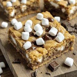 Here is the complete list of what you need for S'mores Cookie Bars. Gather these items before you start. - 1 cup unsalted butter, softened - 1 cup packed brown sugar - 1/2 cup granulated sugar - 2 large eggs - 1 teaspoon vanilla extract - 2 1/2 cups all-purpose flour - 1 teaspoon baking soda - 1/2 teaspoon salt - 1 cup chocolate chips - 1 cup mini marshmallows - 1 cup graham cracker crumbs Each ingredient plays a special role. The butter gives a rich taste. Brown sugar adds moisture and depth. Granulated sugar helps with that sweet crunch. Eggs bind everything together. Vanilla brings warmth. Flour forms the base, while baking soda helps the bars rise. Salt balances the sweetness. Chocolate chips add gooey goodness. Mini marshmallows create the classic S'mores experience. Lastly, graham cracker crumbs give that signature crunch. For the full recipe, check out the detailed cooking steps to make these delightful treats! - Preheat the oven to 350°F (175°C). This step is key for even baking. - Cream together 1 cup of softened butter, 1 cup of packed brown sugar, and 1/2 cup of granulated sugar. Mix until light and fluffy. - Incorporate 2 large eggs, one at a time, into the mixture. Add 1 teaspoon of vanilla extract and mix well. - In a separate bowl, whisk together 2 1/2 cups of all-purpose flour, 1 teaspoon of baking soda, and 1/2 teaspoon of salt. This mix adds structure to your bars. - Combine the dry ingredients with the wet mixture. Stir until just mixed. - Press half of the dough into the bottom of your greased baking dish. This forms the base layer. - Layer 1 cup of mini marshmallows evenly over the dough. Then, take the remaining dough and gently spread it over the marshmallows. - Bake until golden brown. This should take about 25-30 minutes. Check if a toothpick comes out clean to know they are done. You can find the full recipe for S'mores Cookie Bars to guide you through each step. To get the best texture, start with room temperature ingredients. When butter and eggs are warm, they mix better. This helps create that soft, chewy bar we all love. Be careful not to over-mix the dough. Just mix until everything is combined. Over-mixing can make the bars tough, which we want to avoid. You can make your S'mores cookie bars even better! Try adding nut butter like peanut or almond butter. This adds a rich flavor. You can also swap out chocolate types. Dark chocolate or white chocolate can change the taste. Adding flavored extracts, like almond or mint, gives a unique twist. Just a little can make a big difference. Presentation is key to making your bars look appealing. Serve them on a rustic wooden board. It adds a nice touch. You can garnish with extra mini marshmallows and chocolate pieces on top. This gives a fun, s'mores effect. You might also drizzle some melted chocolate over the bars. It makes them look fancy and delicious. For the full recipe, check out the details above. {{image_2}} You can make S'mores Cookie Bars a bit healthier. Try using coconut oil instead of butter. This gives a nice flavor and is a great substitute. You can also replace all-purpose flour with whole wheat flour. This adds fiber and makes the bars more filling. Want to mix things up? Adding peanut butter gives a tasty twist. You can also drizzle caramel on top for extra sweetness. Try using dark chocolate chips or white chocolate chips, too. Different nuts like pecans or walnuts can add crunch and flavor, making each bite unique. If you need gluten-free bars, almond flour works well. It gives a nice texture while keeping it safe for those with gluten issues. For a low-sugar option, you can use sugar substitutes like stevia or erythritol. This way, you can enjoy the bars without as much sugar. For the full recipe, check out the [Full Recipe]. To keep your S'mores Cookie Bars fresh, use an airtight container. A glass or plastic container works well. Line it with parchment paper for easy removal. Place a piece of wax paper between the bars if stacking them. This helps prevent sticking. To avoid sogginess, let the bars cool completely before sealing. Freezing S'mores Cookie Bars is easy. First, cut the bars into squares. Wrap each square tightly in plastic wrap. Then, place them in a freezer-safe bag or container. This keeps them fresh for up to three months. When you want to enjoy them, take out a bar and let it thaw at room temperature. For the best taste, eat them within a few days of thawing. At room temperature, S'mores Cookie Bars stay fresh for about a week. Keep them in a cool, dry place, away from sunlight. If stored in the fridge, they last up to two weeks. The colder temperature helps maintain their taste and texture. Enjoy your bars as a delightful snack any time! For the full recipe, be sure to check the earlier sections. To check if your S'mores Cookie Bars are ready, use a toothpick. Insert it into the center. If it comes out clean or with a few crumbs, your bars are done. If it comes out wet, bake them a bit longer. The edges should look golden and firm. Yes, you can make S'mores Cookie Bars ahead of time. To do this, bake them as the recipe suggests. Allow them to cool completely, then cover them tightly with plastic wrap or foil. Store them at room temperature. They will stay fresh for up to three days. You can also refrigerate them for up to a week. If you don’t have mini marshmallows, you can use marshmallow fluff instead. Just spread it evenly over the dough. You can also cut larger marshmallows in half and use those. They will melt and create a gooey texture. Yes, you can easily adjust the serving size. To make more bars, double the ingredients. To make fewer bars, halve the amounts. Just keep the baking time similar, but check for doneness early. S'mores have a fun history. The name comes from "some more." It started in the USA around the 1920s. Campers loved to roast marshmallows and sandwich them with chocolate and graham crackers. Today, S'mores are a beloved treat at campfires and parties. This blog post covered everything needed to make delicious S'mores Cookie Bars. We went over the ingredients, step-by-step instructions, and tips for perfect texture. I shared fun variations and how to store these treats for freshness. Enjoy baking these bars, knowing you can customize them to suit your taste. Whether for a gathering or a cozy night in, these treats will please everyone. Happy baking!