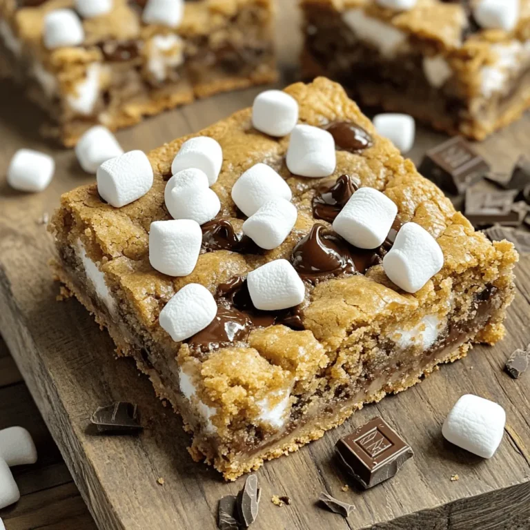 Here is the complete list of what you need for S'mores Cookie Bars. Gather these items before you start. - 1 cup unsalted butter, softened - 1 cup packed brown sugar - 1/2 cup granulated sugar - 2 large eggs - 1 teaspoon vanilla extract - 2 1/2 cups all-purpose flour - 1 teaspoon baking soda - 1/2 teaspoon salt - 1 cup chocolate chips - 1 cup mini marshmallows - 1 cup graham cracker crumbs Each ingredient plays a special role. The butter gives a rich taste. Brown sugar adds moisture and depth. Granulated sugar helps with that sweet crunch. Eggs bind everything together. Vanilla brings warmth. Flour forms the base, while baking soda helps the bars rise. Salt balances the sweetness. Chocolate chips add gooey goodness. Mini marshmallows create the classic S'mores experience. Lastly, graham cracker crumbs give that signature crunch. For the full recipe, check out the detailed cooking steps to make these delightful treats! - Preheat the oven to 350°F (175°C). This step is key for even baking. - Cream together 1 cup of softened butter, 1 cup of packed brown sugar, and 1/2 cup of granulated sugar. Mix until light and fluffy. - Incorporate 2 large eggs, one at a time, into the mixture. Add 1 teaspoon of vanilla extract and mix well. - In a separate bowl, whisk together 2 1/2 cups of all-purpose flour, 1 teaspoon of baking soda, and 1/2 teaspoon of salt. This mix adds structure to your bars. - Combine the dry ingredients with the wet mixture. Stir until just mixed. - Press half of the dough into the bottom of your greased baking dish. This forms the base layer. - Layer 1 cup of mini marshmallows evenly over the dough. Then, take the remaining dough and gently spread it over the marshmallows. - Bake until golden brown. This should take about 25-30 minutes. Check if a toothpick comes out clean to know they are done. You can find the full recipe for S'mores Cookie Bars to guide you through each step. To get the best texture, start with room temperature ingredients. When butter and eggs are warm, they mix better. This helps create that soft, chewy bar we all love. Be careful not to over-mix the dough. Just mix until everything is combined. Over-mixing can make the bars tough, which we want to avoid. You can make your S'mores cookie bars even better! Try adding nut butter like peanut or almond butter. This adds a rich flavor. You can also swap out chocolate types. Dark chocolate or white chocolate can change the taste. Adding flavored extracts, like almond or mint, gives a unique twist. Just a little can make a big difference. Presentation is key to making your bars look appealing. Serve them on a rustic wooden board. It adds a nice touch. You can garnish with extra mini marshmallows and chocolate pieces on top. This gives a fun, s'mores effect. You might also drizzle some melted chocolate over the bars. It makes them look fancy and delicious. For the full recipe, check out the details above. {{image_2}} You can make S'mores Cookie Bars a bit healthier. Try using coconut oil instead of butter. This gives a nice flavor and is a great substitute. You can also replace all-purpose flour with whole wheat flour. This adds fiber and makes the bars more filling. Want to mix things up? Adding peanut butter gives a tasty twist. You can also drizzle caramel on top for extra sweetness. Try using dark chocolate chips or white chocolate chips, too. Different nuts like pecans or walnuts can add crunch and flavor, making each bite unique. If you need gluten-free bars, almond flour works well. It gives a nice texture while keeping it safe for those with gluten issues. For a low-sugar option, you can use sugar substitutes like stevia or erythritol. This way, you can enjoy the bars without as much sugar. For the full recipe, check out the [Full Recipe]. To keep your S'mores Cookie Bars fresh, use an airtight container. A glass or plastic container works well. Line it with parchment paper for easy removal. Place a piece of wax paper between the bars if stacking them. This helps prevent sticking. To avoid sogginess, let the bars cool completely before sealing. Freezing S'mores Cookie Bars is easy. First, cut the bars into squares. Wrap each square tightly in plastic wrap. Then, place them in a freezer-safe bag or container. This keeps them fresh for up to three months. When you want to enjoy them, take out a bar and let it thaw at room temperature. For the best taste, eat them within a few days of thawing. At room temperature, S'mores Cookie Bars stay fresh for about a week. Keep them in a cool, dry place, away from sunlight. If stored in the fridge, they last up to two weeks. The colder temperature helps maintain their taste and texture. Enjoy your bars as a delightful snack any time! For the full recipe, be sure to check the earlier sections. To check if your S'mores Cookie Bars are ready, use a toothpick. Insert it into the center. If it comes out clean or with a few crumbs, your bars are done. If it comes out wet, bake them a bit longer. The edges should look golden and firm. Yes, you can make S'mores Cookie Bars ahead of time. To do this, bake them as the recipe suggests. Allow them to cool completely, then cover them tightly with plastic wrap or foil. Store them at room temperature. They will stay fresh for up to three days. You can also refrigerate them for up to a week. If you don’t have mini marshmallows, you can use marshmallow fluff instead. Just spread it evenly over the dough. You can also cut larger marshmallows in half and use those. They will melt and create a gooey texture. Yes, you can easily adjust the serving size. To make more bars, double the ingredients. To make fewer bars, halve the amounts. Just keep the baking time similar, but check for doneness early. S'mores have a fun history. The name comes from "some more." It started in the USA around the 1920s. Campers loved to roast marshmallows and sandwich them with chocolate and graham crackers. Today, S'mores are a beloved treat at campfires and parties. This blog post covered everything needed to make delicious S'mores Cookie Bars. We went over the ingredients, step-by-step instructions, and tips for perfect texture. I shared fun variations and how to store these treats for freshness. Enjoy baking these bars, knowing you can customize them to suit your taste. Whether for a gathering or a cozy night in, these treats will please everyone. Happy baking!