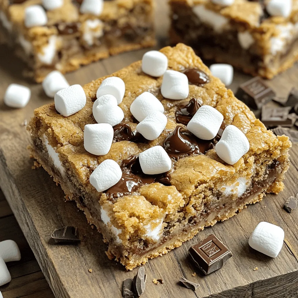 Here is the complete list of what you need for S'mores Cookie Bars. Gather these items before you start. - 1 cup unsalted butter, softened - 1 cup packed brown sugar - 1/2 cup granulated sugar - 2 large eggs - 1 teaspoon vanilla extract - 2 1/2 cups all-purpose flour - 1 teaspoon baking soda - 1/2 teaspoon salt - 1 cup chocolate chips - 1 cup mini marshmallows - 1 cup graham cracker crumbs Each ingredient plays a special role. The butter gives a rich taste. Brown sugar adds moisture and depth. Granulated sugar helps with that sweet crunch. Eggs bind everything together. Vanilla brings warmth. Flour forms the base, while baking soda helps the bars rise. Salt balances the sweetness. Chocolate chips add gooey goodness. Mini marshmallows create the classic S'mores experience. Lastly, graham cracker crumbs give that signature crunch. For the full recipe, check out the detailed cooking steps to make these delightful treats! - Preheat the oven to 350°F (175°C). This step is key for even baking. - Cream together 1 cup of softened butter, 1 cup of packed brown sugar, and 1/2 cup of granulated sugar. Mix until light and fluffy. - Incorporate 2 large eggs, one at a time, into the mixture. Add 1 teaspoon of vanilla extract and mix well. - In a separate bowl, whisk together 2 1/2 cups of all-purpose flour, 1 teaspoon of baking soda, and 1/2 teaspoon of salt. This mix adds structure to your bars. - Combine the dry ingredients with the wet mixture. Stir until just mixed. - Press half of the dough into the bottom of your greased baking dish. This forms the base layer. - Layer 1 cup of mini marshmallows evenly over the dough. Then, take the remaining dough and gently spread it over the marshmallows. - Bake until golden brown. This should take about 25-30 minutes. Check if a toothpick comes out clean to know they are done. You can find the full recipe for S'mores Cookie Bars to guide you through each step. To get the best texture, start with room temperature ingredients. When butter and eggs are warm, they mix better. This helps create that soft, chewy bar we all love. Be careful not to over-mix the dough. Just mix until everything is combined. Over-mixing can make the bars tough, which we want to avoid. You can make your S'mores cookie bars even better! Try adding nut butter like peanut or almond butter. This adds a rich flavor. You can also swap out chocolate types. Dark chocolate or white chocolate can change the taste. Adding flavored extracts, like almond or mint, gives a unique twist. Just a little can make a big difference. Presentation is key to making your bars look appealing. Serve them on a rustic wooden board. It adds a nice touch. You can garnish with extra mini marshmallows and chocolate pieces on top. This gives a fun, s'mores effect. You might also drizzle some melted chocolate over the bars. It makes them look fancy and delicious. For the full recipe, check out the details above. {{image_2}} You can make S'mores Cookie Bars a bit healthier. Try using coconut oil instead of butter. This gives a nice flavor and is a great substitute. You can also replace all-purpose flour with whole wheat flour. This adds fiber and makes the bars more filling. Want to mix things up? Adding peanut butter gives a tasty twist. You can also drizzle caramel on top for extra sweetness. Try using dark chocolate chips or white chocolate chips, too. Different nuts like pecans or walnuts can add crunch and flavor, making each bite unique. If you need gluten-free bars, almond flour works well. It gives a nice texture while keeping it safe for those with gluten issues. For a low-sugar option, you can use sugar substitutes like stevia or erythritol. This way, you can enjoy the bars without as much sugar. For the full recipe, check out the [Full Recipe]. To keep your S'mores Cookie Bars fresh, use an airtight container. A glass or plastic container works well. Line it with parchment paper for easy removal. Place a piece of wax paper between the bars if stacking them. This helps prevent sticking. To avoid sogginess, let the bars cool completely before sealing. Freezing S'mores Cookie Bars is easy. First, cut the bars into squares. Wrap each square tightly in plastic wrap. Then, place them in a freezer-safe bag or container. This keeps them fresh for up to three months. When you want to enjoy them, take out a bar and let it thaw at room temperature. For the best taste, eat them within a few days of thawing. At room temperature, S'mores Cookie Bars stay fresh for about a week. Keep them in a cool, dry place, away from sunlight. If stored in the fridge, they last up to two weeks. The colder temperature helps maintain their taste and texture. Enjoy your bars as a delightful snack any time! For the full recipe, be sure to check the earlier sections. To check if your S'mores Cookie Bars are ready, use a toothpick. Insert it into the center. If it comes out clean or with a few crumbs, your bars are done. If it comes out wet, bake them a bit longer. The edges should look golden and firm. Yes, you can make S'mores Cookie Bars ahead of time. To do this, bake them as the recipe suggests. Allow them to cool completely, then cover them tightly with plastic wrap or foil. Store them at room temperature. They will stay fresh for up to three days. You can also refrigerate them for up to a week. If you don’t have mini marshmallows, you can use marshmallow fluff instead. Just spread it evenly over the dough. You can also cut larger marshmallows in half and use those. They will melt and create a gooey texture. Yes, you can easily adjust the serving size. To make more bars, double the ingredients. To make fewer bars, halve the amounts. Just keep the baking time similar, but check for doneness early. S'mores have a fun history. The name comes from "some more." It started in the USA around the 1920s. Campers loved to roast marshmallows and sandwich them with chocolate and graham crackers. Today, S'mores are a beloved treat at campfires and parties. This blog post covered everything needed to make delicious S'mores Cookie Bars. We went over the ingredients, step-by-step instructions, and tips for perfect texture. I shared fun variations and how to store these treats for freshness. Enjoy baking these bars, knowing you can customize them to suit your taste. Whether for a gathering or a cozy night in, these treats will please everyone. Happy baking!