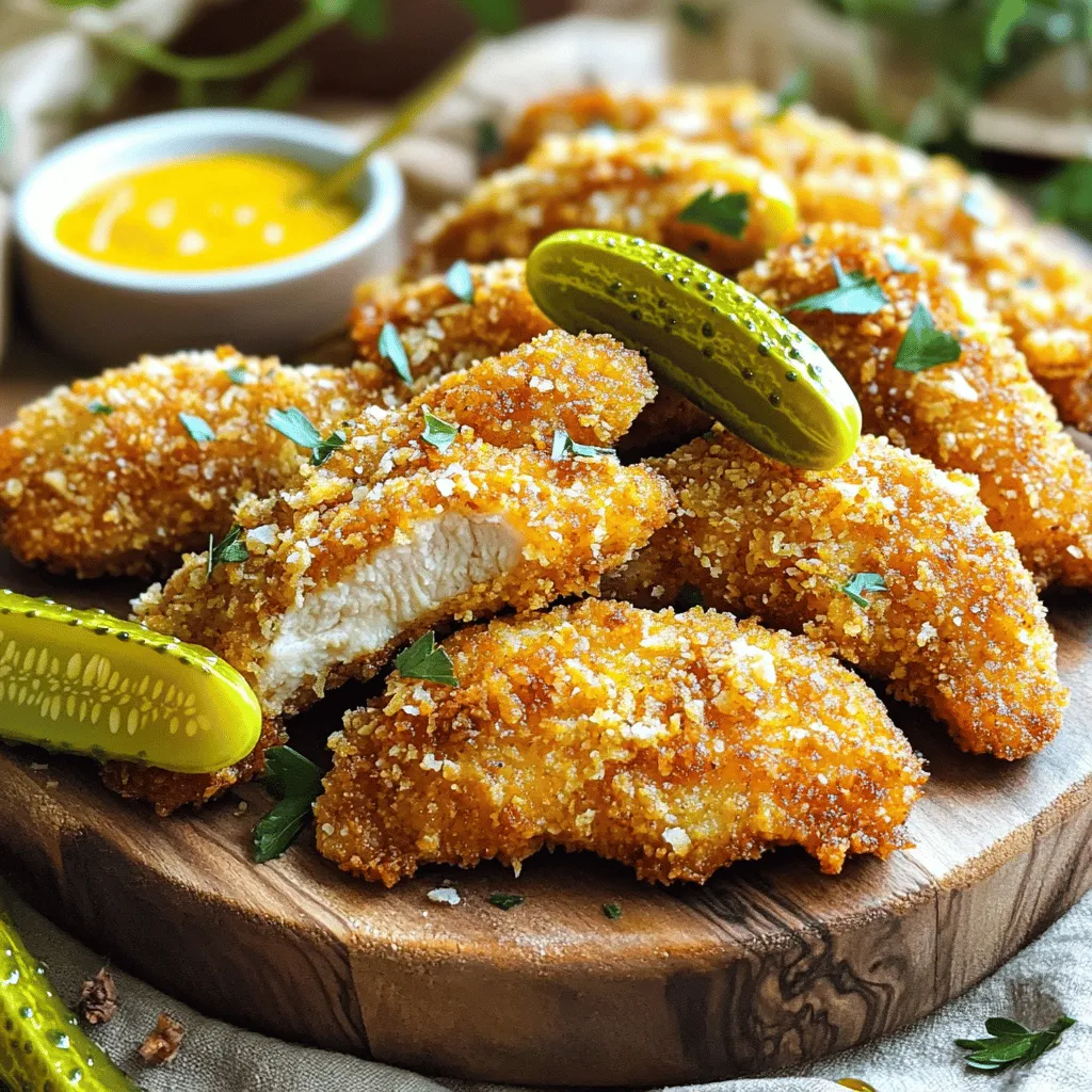- 1 lb chicken tenders - 1 cup pickle juice - 1 cup buttermilk - 1 cup all-purpose flour - 1 teaspoon garlic powder - 1 teaspoon onion powder - 1 teaspoon smoked paprika - 1/2 teaspoon cayenne pepper - Salt and black pepper to taste - 1 cup breadcrumbs - Oil for frying Pickle brined chicken tenders require a few key ingredients to shine. First, use 1 lb of chicken tenders. They cook quickly and remain juicy. Next, grab 1 cup of pickle juice. This juice adds tang and moisture. You can use juice from your favorite pickles. Buttermilk is the next must-have. A cup of buttermilk helps tenderize the chicken. It adds a rich flavor too. For the coating, you'll need 1 cup of all-purpose flour. Then, mix in garlic powder, onion powder, smoked paprika, and cayenne pepper. This mix gives the chicken a nice kick. Adjust the cayenne level to your spice preference. Season the flour with salt and black pepper to taste. Lastly, use 1 cup of breadcrumbs for that perfect crunch. I recommend using Panko breadcrumbs. They offer extra texture and crispiness. Don’t forget the oil for frying! It helps to cook the tenders evenly. Be ready to enjoy a juicy and flavorful meal. You can find the full recipe for extra detail on the cooking process. To start, combine your chicken tenders with pickle juice in a bowl. Make sure the tenders are fully submerged. This step is key. Let the chicken brine for at least two hours in the fridge. For the best taste, aim for overnight. This helps the chicken absorb all that tangy flavor. Next, prepare the buttermilk mixture. Rinse the chicken lightly under cold water after brining. In a new bowl, mix one cup of buttermilk with a pinch of salt and black pepper. Soak the chicken tenders in this mix for about 30 minutes. This step keeps them juicy and moist. Now it’s time to coat the chicken. In a shallow dish, whisk together flour, garlic powder, onion powder, smoked paprika, cayenne pepper, salt, and black pepper. Take each chicken tender out of the buttermilk. Let any excess liquid drip off. Dredge them in the flour mixture, shaking off the extra. Then dip them back in the buttermilk. Finally, coat them in breadcrumbs. This two-step process adds crunch. Let’s get frying! Heat about half an inch of oil in a large skillet over medium-high heat. The oil must be hot before adding chicken. Carefully add the tenders in batches. Avoid overcrowding the pan. Fry each side for about 4-5 minutes. You want them golden brown and cooked through, reaching an internal temperature of 165°F. Once cooked, use a slotted spoon to transfer the tenders to a plate lined with paper towels. This drains excess oil and keeps them crispy. Serve your tasty chicken tenders hot. Enjoy them with dipping sauces like ranch or spicy aioli. You’re ready for a delicious meal! For the complete recipe, check out the Full Recipe link. To make your chicken tenders juicy, you need a good brine. I suggest marinating the chicken for at least 2 hours. For the best flavor, let it soak overnight. This longer time gives the chicken a great taste. For the brine, you can use different pickles. Dill pickles add a nice tang. Bread and butter pickles offer a sweeter taste. Try your favorite to see what you like best. The coating makes a big difference. Panko breadcrumbs are my top choice. They give a crunchy texture that regular breadcrumbs lack. If you want more crunch, double coat your tenders. Dip them in buttermilk, then flour, then back in the buttermilk, and finally in Panko. When frying, make sure the oil is hot. This helps create a crispy shell. Don't crowd the pan. Fry in batches for even cooking. Each side should take about 4-5 minutes. The right sauce can take your tenders up a notch. Ranch dressing pairs well with the tangy chicken. Spicy aioli also works great if you want a kick. If you want to make your own sauce, here’s a simple recipe. Mix equal parts mayo and yogurt. Add a squeeze of lemon juice and a pinch of garlic powder. This sauce is creamy and fresh! For the full recipe, check out the complete guide. Enjoy your cooking! {{image_2}} You can make chicken tenders in a healthier way. Baking is a great option instead of frying. To bake, preheat your oven to 425°F. Use a baking sheet lined with parchment paper for easy cleanup. Spray the tenders lightly with oil. Bake for about 20-25 minutes until golden brown and cooked through. This method reduces fat and keeps the tenders juicy. If you want to change ingredients for your diet, consider these swaps: - Use almond flour instead of all-purpose flour for a gluten-free option. - Substitute Greek yogurt for buttermilk for a lower-fat choice. You can boost flavor with fun spices and herbs. Try adding dried oregano, thyme, or cumin to the coating mix. These spices add depth and warmth to your tenders. You can also infuse flavors in the pickle brine. Add crushed garlic or chili flakes to the pickle juice for a kick. This extra step makes your tenders stand out. Chicken tenders pair well with many sides. Consider crispy fries or a fresh salad. Coleslaw also adds a nice crunch and tang. If you have leftovers, get creative! Chop the chicken and toss it in a salad or make a wrap with your favorite veggies. You can even add them to pasta for a quick meal. Enjoy these tasty options! To store your leftover pickle brined chicken tenders, place them in an airtight container. Make sure to cool them to room temperature before sealing. This helps keep them fresh. You can store them in the fridge for up to three days. After that, they may lose their great taste and texture. If you want to save some for later, freezing is a good option. First, let the cooked tenders cool completely. Then, wrap them in plastic wrap or place them in a freezer bag. Try to remove as much air as possible. They can last up to three months in the freezer. When you are ready to eat them, thaw them in the fridge overnight for best results. This keeps the meat juicy and tender. To reheat your chicken tenders, you want to keep them crispy. The best method is to use an oven. Preheat your oven to 375°F (190°C). Place the tenders on a baking sheet lined with parchment paper. Bake them for about 10-15 minutes. This way, the coating stays crunchy. Avoid microwave reheating, as it can make the coating soggy. Enjoy your tenders just as delicious as when they were first made! Pickle brining is soaking meat in pickle juice. This adds flavor and moisture. The acid in the juice breaks down meat fibers, making them tender. Using pickle brine makes chicken tenders juicy and full of taste. It is an easy way to enhance your dish with minimal effort. Yes, you can use other meats. Pork, turkey, or even firm fish work well. Just adjust cooking times as needed. Each type brings its unique flavor. However, chicken tenders are the most popular choice for this method. To make these tenders gluten-free, use alternatives. For flour, try almond or coconut flour. For breadcrumbs, use gluten-free options like crushed rice cereal or gluten-free panko. These swaps maintain crunchy texture while keeping the recipe safe for gluten-free diets. The best way to check doneness is by using a meat thermometer. Chicken should reach an internal temperature of 165°F. This ensures it is safe to eat. Always check the thickest part of the meat for accurate results. You can store leftovers in the fridge for about 3 days. Make sure to keep them in an airtight container. For longer storage, freezing is an option. Cooked chicken tenders can last up to 3 months in the freezer. Just reheat them properly to maintain their crunch. For the full recipe, check out the details above! In this article, I shared key steps to make delicious chicken tenders. We covered ingredients, from chicken and pickle juice to spices and coatings. I walked you through brining, coating, and frying to achieve that crispy texture. Remember, marinating longer gives more flavor, while choosing the right breadcrumbs enhances crunch. Embrace your creativity with flavors and serving ideas. Cooking can be fun! Enjoy your tender chicken and wow your friends or family.