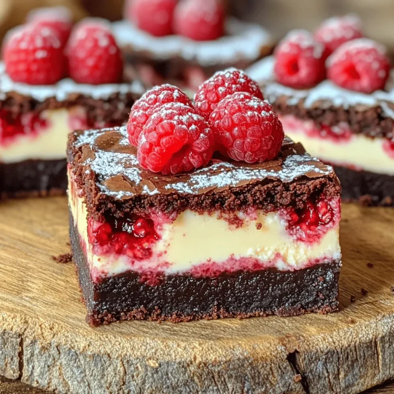 - 1 cup (2 sticks) unsalted butter - 8 oz. semi-sweet chocolate, chopped - 1 1/4 cups granulated sugar - 1 cup brown sugar, packed - 4 large eggs - 1 teaspoon vanilla extract - 1 cup all-purpose flour - 1/2 cup unsweetened cocoa powder - 1/4 teaspoon salt - 1 cup fresh raspberries These ingredients combine to create a rich and fudgy brownie base. The unsalted butter and semi-sweet chocolate ensure a smooth texture and deep flavor. Using both granulated and brown sugar adds layers of sweetness and moisture. The eggs help bind everything together, while the flour and cocoa powder give the brownies their structure. - 8 oz. cream cheese, softened - 1/4 cup granulated sugar - 1 large egg - 1 teaspoon vanilla extract - 1/2 cup fresh raspberries (whole or halved) The cheesecake layer is creamy and smooth. Softened cream cheese is key here. It mixes easily and creates a velvety texture. The sugar sweetens the layer, while the egg helps it set. Adding fresh raspberries gives a burst of flavor and color. - A pinch of salt for balance - A splash of lemon juice for brightness - Chopped nuts for crunch - White chocolate chips for added sweetness When selecting fresh raspberries, look for firm, plump ones. They should be deep red and free from mold. Raspberries not only taste great but also add a vibrant look to your brownies. For added fun, try mixing in some lemon zest for a zesty twist! For the full recipe, check out the [Full Recipe]. Start by preheating your oven to 350°F (175°C). This way, your brownies bake evenly. Next, take a medium saucepan and place it on low heat. Add 1 cup of unsalted butter and 8 oz. of chopped semi-sweet chocolate into the pan. Stir until everything melts and blends well. Once smooth, remove the pan from the heat and let it cool for a few minutes. In a large mixing bowl, combine 1 1/4 cups of granulated sugar and 1 cup of packed brown sugar. Pour in the melted chocolate mixture, and mix it until it’s well blended. Now, add 4 large eggs, one at a time. Mix well after each egg. Don’t forget to add 1 teaspoon of vanilla extract for flavor. In another bowl, whisk together 1 cup of all-purpose flour, 1/2 cup of unsweetened cocoa powder, and 1/4 teaspoon of salt. Gradually add this dry mixture to your chocolate mixture. Fold it gently until just combined. Avoid overmixing, as this helps keep your brownies soft. Now, focus on the cheesecake layer. In a separate bowl, beat together 8 oz. of softened cream cheese, 1/4 cup of granulated sugar, 1 large egg, and 1 teaspoon of vanilla extract. Use a hand mixer or a whisk to blend until smooth and creamy. Make sure your cream cheese is soft; this helps avoid lumps. To incorporate the raspberries, gently fold in 1/2 cup of fresh raspberries. You can leave them whole or halve them for a different texture. This adds a nice burst of flavor to your cheesecake layer. Time to assemble your delicious creation! Pour half of the brownie batter into the greased 9x13-inch baking dish. Spread it out evenly across the bottom. Next, take the cheesecake mixture and spread it over the brownie layer. Dot the surface with half of the fresh raspberries, pressing them gently into the cream cheese. Now, pour the remaining brownie batter over the cheesecake layer. Smooth it out carefully. Top with the rest of the raspberries, pressing them in slightly. Bake in your preheated oven for 30-35 minutes. To check for doneness, insert a toothpick into the center. It should come out with a few moist crumbs, but not wet batter. This step is key to achieving the perfect texture. Enjoy the process and the sweet aroma that fills your kitchen! To avoid dry brownies, always measure your ingredients carefully. Use a kitchen scale if you have one. This helps ensure you use just the right amount. Mix the wet and dry ingredients gently. Overmixing can lead to tough brownies. Stir until just combined for the best texture. For a fun presentation, serve raspberry cheesecake brownies on a beautiful plate. You can dust them with powdered sugar. Add fresh raspberries on top for a pop of color. Pair these brownies with vanilla ice cream or whipped cream. The cold creaminess balances the rich, warm brownies perfectly. One common mistake is not letting the brownies cool enough before cutting. This can cause the brownies to crumble. Another issue is using cold cream cheese. Always soften it first to mix well. If your brownies come out too cakey, you may have overbaked them. Keep an eye on baking time, and check with a toothpick early. For more tips, check the Full Recipe. {{image_2}} You can change the fruit in this recipe. Try strawberries, blueberries, or blackberries. Each fruit adds a different flavor. For seasonal fruits, you can adapt easily. Use fresh peaches or cherries in summer. For fall, consider apples or pears. Just chop them into small pieces before adding. You can use dark or milk chocolate for the brownies. Dark chocolate gives a richer taste. Milk chocolate brings a sweeter flavor. You can also add white chocolate to the cheesecake layer. This gives a creamy twist that pairs well with the fruit. Just chop the white chocolate and mix it in. For a gluten-free version, swap regular flour for almond flour or gluten-free flour. These options keep the brownies moist. You can also use coconut flour, but you may need to adjust the liquid. Always check the texture of the batter. It should be thick but smooth. Using a little extra butter helps if it feels dry. To keep your raspberry cheesecake brownies fresh, use an airtight container. Line the container with parchment paper to avoid sticking. Place the brownies in a single layer, if possible. This method helps retain moisture and flavor. You can also layer them with parchment paper between each piece. This keeps them from sticking together. If you want to freeze brownies, first let them cool completely. Wrap each brownie in plastic wrap, then place them in a freezer bag. Squeeze out as much air as possible before sealing. To reheat, let them thaw overnight in the fridge. For a warm treat, pop them in the microwave for a few seconds. Enjoy them slightly warm for the best flavor! At room temperature, these brownies last about three days. They stay fresh in the fridge for up to a week. Watch for signs of spoilage, like a dry or hard texture. If you see any mold or off smells, it’s best to toss them. Proper storage keeps your raspberry cheesecake brownies delicious for days! For the full recipe, check it out and get started on this delightful treat. Yes, you can use frozen raspberries. They will change the texture a bit. Frozen raspberries have more water than fresh ones. This extra moisture can make the brownies a bit softer. The flavor stays sweet, but the look may not be as bright. If you use frozen raspberries, do not thaw them. Add them straight from the freezer to keep them intact. Making these brownies ahead is easy. You can bake them a day or two early. Once cool, store them in an airtight container. This keeps them fresh and moist. If you want to freeze them, wrap them well in plastic wrap. Then place in a freezer-safe bag. When you want to eat them, let them thaw in the fridge overnight. If you want a dairy-free version, use a plant-based cream cheese. You can also use silken tofu blended until smooth. Cashew cream is another great option. Soak cashews in water overnight, then blend. This gives a nice creamy texture similar to cream cheese. To check if your brownies are done, use a toothpick. Insert it into the center of the brownies. If it comes out with a few moist crumbs, they are ready. If it has wet batter on it, they need more time. Keep an eye on them to avoid overbaking. They should look set around the edges but soft in the middle. You now have a clear guide to making raspberry cheesecake brownies. You learned about key ingredients and their roles, from chocolate to softened cream cheese. I shared steps to mix and bake these treats perfectly. Remember to avoid common mistakes and try fun variations. Enjoy serving these brownies with ice cream or whipped cream. Proper storage ensures freshness, so follow the tips carefully. With these insights, you can create perfect brownies every time. Happy baking!