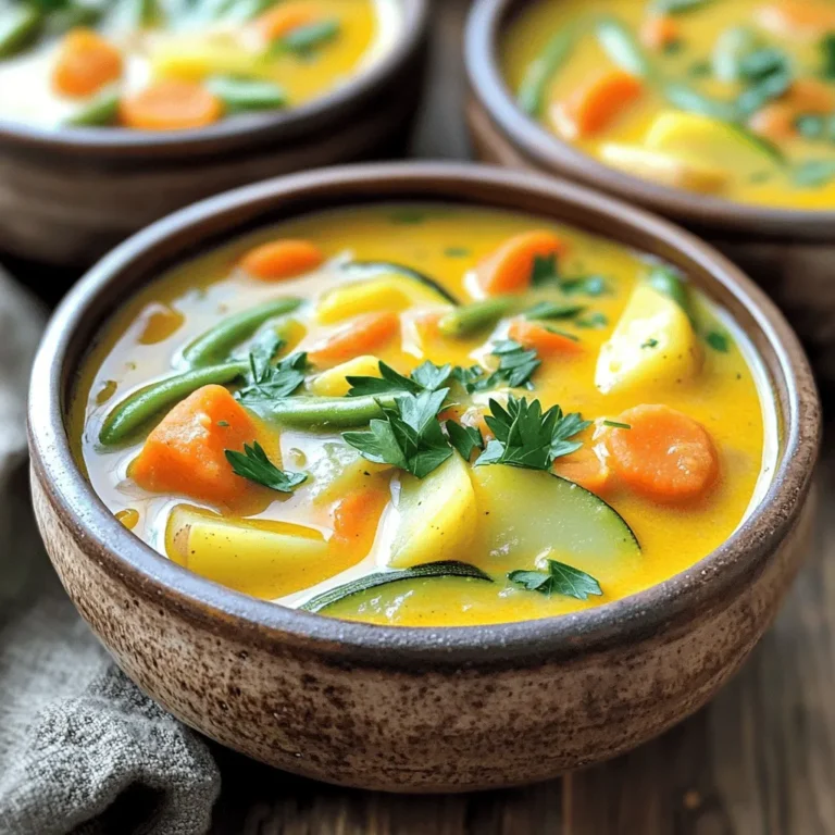 To make One Pot Creamy Vegetable Soup, you need some key items: - 1 tablespoon olive oil - 1 medium onion, chopped - 2 cloves garlic, minced - 2 medium carrots, diced - 2 stalks celery, diced - 1 medium zucchini, diced - 1 cup potatoes, peeled and diced - 1 cup green beans, cut into 1-inch pieces - 4 cups vegetable broth - 1 teaspoon dried thyme - 1 teaspoon smoked paprika - Salt and pepper to taste These fresh vegetables create a vibrant mix. The olive oil helps to sauté and develop flavor. The thyme and smoked paprika add depth. You might want to make it even creamier with these extras: - 1 cup coconut milk (or heavy cream for a richer flavor) - Fresh parsley, chopped (for garnish) Adding coconut milk gives a nice sweetness. Fresh parsley brightens the dish with color and taste. For this recipe, gather a few handy tools: - Large pot - Immersion blender - Chopping board and knife A large pot helps cook everything evenly. An immersion blender makes it easy to blend without transferring. A good chopping board and knife are essential for prep. For the full recipe, check out the details provided above. Chopping vegetables Start by washing all your vegetables. I like to chop the onion and garlic first. Next, dice the carrots and celery. Cut the zucchini into small cubes. Finally, peel and dice the potatoes. Measuring spices and broth Grab your measuring cups. Measure out four cups of vegetable broth. Then, get one cup of coconut milk. Finally, prepare your spices: one teaspoon of dried thyme and one teaspoon of smoked paprika. Sauté onions and garlic In a large pot, heat one tablespoon of olive oil over medium heat. Add the chopped onion. Stir it for about three to four minutes. When the onion turns translucent, add the minced garlic. Cook for an extra minute until it smells great. Adding and cooking root vegetables Now, it’s time to add the diced carrots, celery, and potatoes. Sauté these for about five minutes. You want them to soften a bit but not lose all their crunch. Incorporating remaining vegetables and broth Next, stir in the diced zucchini and green beans. Cook these for about two to three minutes. After that, pour in the prepared vegetable broth. Bring the mixture to a boil, then lower the heat to a gentle simmer. Let it cook for about 15 minutes until all the veggies are tender. Blending for desired consistency After the soup cooks, take an immersion blender. Blend until the soup reaches the smoothness you like. If you want some chunks, blend only half of it. Stirring in coconut milk and seasonings Return the pot to low heat. Now, stir in the coconut milk along with the thyme and smoked paprika. Add salt and pepper to taste. Let it warm through for about five minutes. Serving warm with garnish Remove the pot from heat. Ladle the soup into bowls. Top it with chopped fresh parsley for a pop of color and flavor. Enjoy warm! You can find the Full Recipe for more details. You can easily make this soup your own. Here are a few ideas: - Add protein options: Chickpeas or tofu can boost the nutrition. They add texture and flavor without changing the soup's creamy base. - Include a wider variety of vegetables: Don’t limit yourself to just the listed veggies. Spinach, kale, or even sweet potatoes can enhance your soup's flavor and color. To get that perfect creamy texture, follow these tips: - Tips on blending: Use an immersion blender for a smooth finish. Blend until you reach your desired consistency. If you want some chunks, blend just half of the soup. - Adjustments with coconut milk or cream: Coconut milk gives a nice tropical touch. Heavy cream can make it richer. Choose what fits your taste best. Pair your creamy soup with these tasty options: - Pairing with bread or crackers: A crusty bread or crunchy crackers can add a nice contrast. Dip the bread into the soup for a warm and comforting meal. - Ideal accompaniments for the soup: A fresh salad or cheese platter can round out your meal. They bring extra flavors that match well with the soup. These tips will help you create a soup that fits your taste perfectly. Enjoy the process of making this One Pot Creamy Vegetable Soup. For the complete guide, check the Full Recipe. {{image_2}} You can easily swap ingredients to fit your diet. For a vegan-friendly option, use coconut milk instead of cream. This keeps the soup creamy and rich. You can also add extra veggies like spinach or kale for more nutrients. For gluten-free needs, check your broth. Most vegetable broths are gluten-free, but always read the label. To spice things up, consider adding chilies or curry powder. A pinch of red pepper flakes gives a nice kick. If you prefer fresh herbs, try adding basil or cilantro. These herbs can brighten the soup and enhance the taste. Remember, fresh herbs should go in at the end for the best flavor. Using seasonal vegetables can elevate your soup. In spring, add peas and asparagus for freshness. Summer is perfect for zucchini and corn. In the fall, use squash or sweet potatoes. Winter calls for hearty vegetables like carrots and parsnips. If you can’t find a vegetable, feel free to swap it out. This soup is very adaptable. For the complete recipe, check the Full Recipe section. Let your soup cool before storing. This keeps the soup fresh and safe. Once it cools, pour it into airtight containers. Be sure to leave some space at the top for expansion. If you store the soup in the fridge, it can last up to 4 days. Just remember to check for freshness before using. To freeze the soup, use freezer-safe containers. Fill them to about ¾ full, so there’s room for expansion. You can also use freezer bags. Lay them flat in the freezer for easy stacking. When you want to eat it, take the soup out and let it thaw in the fridge overnight. For reheating, warm it on the stove or in the microwave. Add a little water or broth if it seems too thick. This will help get that perfect creamy texture again. Leftover soup is versatile! You can use it as a sauce over pasta or rice. Mix it with cooked grains for a hearty salad. You can also blend it with cooked lentils for an easy dip. Transform your leftover soup into a new meal and enjoy the flavors again. Making One Pot Creamy Vegetable Soup is quick! Here’s the breakdown: - Prep Time: 15 minutes - Cooking Time: 25 minutes - Total Time: 40 minutes This soup is perfect for a busy day. You can have a warm meal in under an hour. Yes, you can make this soup ahead of time. Here are some tips: - Storage: Let the soup cool completely before storing. Transfer it to airtight containers. It will last in the fridge for up to 3 days. - Reheating: When you’re ready to eat, heat it on the stove over low heat. Stir often to prevent sticking. You can also microwave it in a bowl, covered with a lid. This soup is flexible! Here are some great options: - Root Vegetables: Carrots and potatoes add sweetness. - Green Veggies: Zucchini and green beans keep it fresh and vibrant. - Others: Spinach or kale can add more nutrients. - Personal Touch: You can mix and match based on your taste. Use whatever veggies you have at home! Feel free to explore different combinations. The Full Recipe gives you a solid base, but your creativity can take it further! This blog post covered how to make a tasty One Pot Creamy Vegetable Soup. We explored the main and optional ingredients, cooking steps, and useful tips to customize your soup. You learned about storage options and variations to suit your diet. Remember, you can mix different veggies and spices to make it unique. Enjoy this simple, warm soup with bread or fresh herbs. It’s a comforting meal for any time of the year. Give it a try and make it your own!