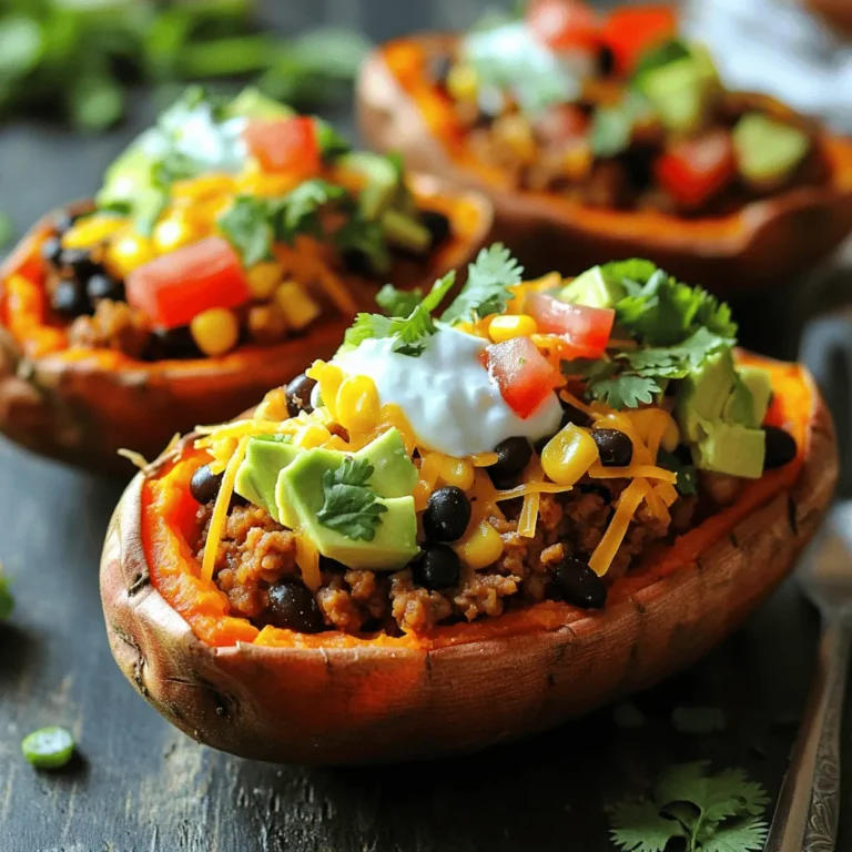 - 4 medium sweet potatoes - 1 lb ground turkey or beef - 1 can (15 oz) black beans, drained and rinsed - 1 cup corn (fresh or frozen) - 1 cup diced tomatoes (canned or fresh) For the main ingredients, sweet potatoes stand out. They are naturally sweet and creamy. Ground turkey or beef brings protein and flavor, making it hearty. Black beans add fiber and texture, while corn gives a sweet crunch. Diced tomatoes add moisture and a fresh taste. This mix creates a strong base for our dish. - 1 cup shredded cheese (cheddar or Mexican blend) - 1 avocado, diced - 1/2 cup plain Greek yogurt or sour cream - Fresh cilantro, chopped (for garnish) Toppings elevate the flavor and presentation. Cheese melts beautifully, adding richness. Diced avocado adds creaminess and healthy fats. Greek yogurt or sour cream gives a tangy kick. Fresh cilantro adds brightness and a pop of color. Together, these toppings make the dish feel gourmet. - 1 tablespoon taco seasoning - Salt and pepper to taste Seasonings tie all flavors together. Taco seasoning provides warmth and spice. Adjust salt and pepper to your liking. This simple step transforms the dish and makes it truly delicious. For the full recipe, check out Taco Stuffed Sweet Potatoes. To start, I wash the sweet potatoes well. This step is key to remove dirt. Next, I poke holes in each potato using a fork. This lets steam escape while baking. I then place the sweet potatoes on a baking sheet. I set my oven to 400°F (200°C) and bake them for about 45-50 minutes. You know they are done when a fork goes in easily. This makes the sweet potatoes soft and sweet. While the sweet potatoes bake, I heat a skillet over medium heat. I add the ground turkey or beef, cooking until it's brown. This takes about 5-7 minutes. If I use beef, I drain any extra fat. Next, I add taco seasoning, black beans, corn, and diced tomatoes to the skillet. I let this cook for another 5-7 minutes. This step helps all the flavors mix well together. Once the sweet potatoes are done, I carefully take them out of the oven. I let them cool slightly before cutting them in half lengthwise. I scoop out a little flesh to make room for the filling. I fill each half with the taco mixture, pressing down gently. Then, I top each stuffed sweet potato with shredded cheese. I put them back in the oven for 5-10 minutes to melt the cheese. Finally, I remove them from the oven. I like to garnish with diced avocado, a dollop of Greek yogurt, and chopped cilantro. For the full recipe, check out the detailed steps above. Enjoy your tasty Taco Stuffed Sweet Potatoes! To check if your sweet potatoes are done, pierce them with a fork. If it goes in easily, they are ready. You can also squeeze them gently; they should feel soft. If you need a faster method, try the microwave. Poke holes in the sweet potatoes, place them on a plate, and microwave for about 5-7 minutes. Turn them halfway through for even cooking. Adding spices can really boost the taste. Try garlic powder, cayenne, or smoked paprika for a kick. You can also mix in vegetables like bell peppers or onions. Sauté these before adding to your taco mix for a flavor boost. This adds color and nutrition to your meal. To round out your meal, serve with a side salad or corn on the cob. You can make a fresh salsa with tomatoes, onion, and lime juice for extra zing. For leftovers, try making quesadillas or wraps. Just scoop the filling into a tortilla, add cheese, and grill until crispy. This keeps your meals exciting and tasty! You can find the full recipe for Taco Stuffed Sweet Potatoes in my earlier section. {{image_2}} You can easily make Taco Stuffed Sweet Potatoes gluten-free. Just use gluten-free taco seasoning. This small change keeps your meal tasty for everyone. For a vegetarian option, switch the meat for lentils or plant-based meat. Lentils cook quickly and add protein. Plant-based meat mimics the taste and texture of beef or turkey. Both options work well with the sweet potatoes. Want some heat? Add jalapeños to your taco mix. Chopped fresh jalapeños give a spicy kick. You can also use pickled jalapeños for a tangy twist. Both add great flavor and crunch. Cheese can change the whole dish! Try different types like pepper jack for spice or feta for a tangy taste. Mixing cheeses also brings new flavors to your meal. You can swap out beans for a fun twist. Black beans are great, but pinto or kidney beans work too. Each bean adds a unique flavor and texture. Want different proteins? Use chicken or tofu instead. Chicken cooks fast and absorbs flavors well. Tofu is a great plant-based option that soaks up spices nicely. These variations keep Taco Stuffed Sweet Potatoes exciting. You can mix, match, and create your own perfect dish. For the full recipe, check the earlier section! To store leftovers, let the stuffed sweet potatoes cool first. Then, place them in airtight containers. This keeps them fresh and tasty. You can use glass or plastic containers with tight lids. These containers help prevent moisture loss and keep flavors intact. You can freeze Taco Stuffed Sweet Potatoes either assembled or unassembled. If you freeze them unassembled, store the sweet potatoes and taco filling separately. This method helps keep the texture better. To thaw, move them to the fridge overnight. For reheating, use the oven or microwave. Heat them until hot, about 10-15 minutes in the oven or 3-5 minutes in the microwave. In the fridge, stored Taco Stuffed Sweet Potatoes last about 3 to 5 days. In the freezer, they can stay good for up to 3 months. Always check for signs of spoilage. If you see mold or an off smell, it's best to throw them away. Keep your leftovers safe and delicious! Taco stuffed sweet potatoes can last up to four days in the fridge. Make sure to store them in an airtight container. This keeps them fresh and tasty. If you notice any strange smells or colors, it’s best to throw them away. Yes, you can make taco stuffed sweet potatoes ahead of time! You can prepare the filling and bake the sweet potatoes in advance. Store them separately in the fridge. When you are ready to eat, just assemble and heat them. This makes meal prep easy and fun! Many sides pair well with taco stuffed sweet potatoes. Here are some great options: - Simple green salad - Mexican rice or quinoa - Chips with salsa or guacamole - Grilled corn on the cob These sides add color and flavor to your meal. Yes, you can easily adjust the spiciness! If you want it milder, use less taco seasoning. You can also skip spicy toppings like jalapeños. For more heat, add chili powder or diced peppers to the filling. This lets you create the perfect heat level for your taste! Taco stuffed sweet potatoes offer a tasty meal with many options. We covered key ingredients like sweet potatoes, ground turkey or beef, and black beans. The toppings can elevate your dish, while the step-by-step guide makes preparation easy. You can customize it to fit your diet and storage needs. Now, you can create a dish that fits your taste and lifestyle. Enjoy your cooking adventure!