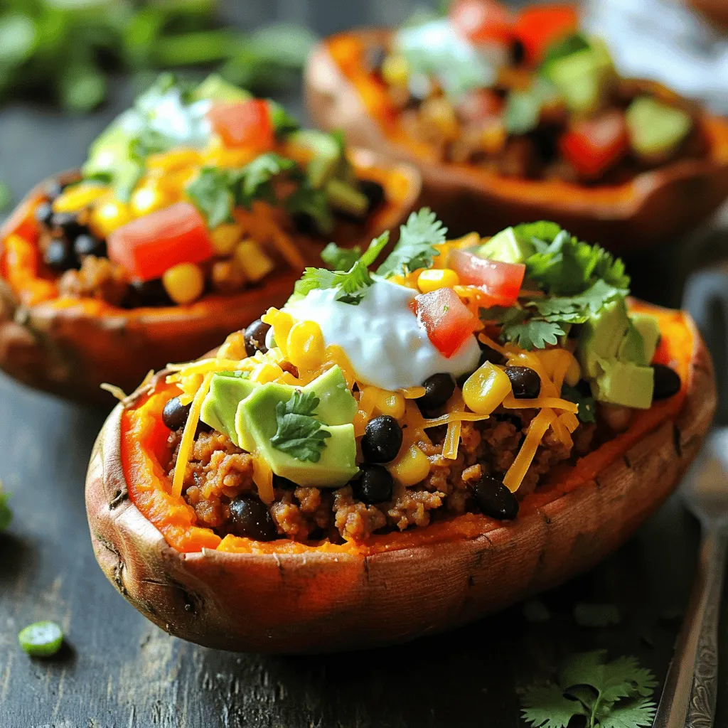 - 4 medium sweet potatoes - 1 lb ground turkey or beef - 1 can (15 oz) black beans, drained and rinsed - 1 cup corn (fresh or frozen) - 1 cup diced tomatoes (canned or fresh) For the main ingredients, sweet potatoes stand out. They are naturally sweet and creamy. Ground turkey or beef brings protein and flavor, making it hearty. Black beans add fiber and texture, while corn gives a sweet crunch. Diced tomatoes add moisture and a fresh taste. This mix creates a strong base for our dish. - 1 cup shredded cheese (cheddar or Mexican blend) - 1 avocado, diced - 1/2 cup plain Greek yogurt or sour cream - Fresh cilantro, chopped (for garnish) Toppings elevate the flavor and presentation. Cheese melts beautifully, adding richness. Diced avocado adds creaminess and healthy fats. Greek yogurt or sour cream gives a tangy kick. Fresh cilantro adds brightness and a pop of color. Together, these toppings make the dish feel gourmet. - 1 tablespoon taco seasoning - Salt and pepper to taste Seasonings tie all flavors together. Taco seasoning provides warmth and spice. Adjust salt and pepper to your liking. This simple step transforms the dish and makes it truly delicious. For the full recipe, check out Taco Stuffed Sweet Potatoes. To start, I wash the sweet potatoes well. This step is key to remove dirt. Next, I poke holes in each potato using a fork. This lets steam escape while baking. I then place the sweet potatoes on a baking sheet. I set my oven to 400°F (200°C) and bake them for about 45-50 minutes. You know they are done when a fork goes in easily. This makes the sweet potatoes soft and sweet. While the sweet potatoes bake, I heat a skillet over medium heat. I add the ground turkey or beef, cooking until it's brown. This takes about 5-7 minutes. If I use beef, I drain any extra fat. Next, I add taco seasoning, black beans, corn, and diced tomatoes to the skillet. I let this cook for another 5-7 minutes. This step helps all the flavors mix well together. Once the sweet potatoes are done, I carefully take them out of the oven. I let them cool slightly before cutting them in half lengthwise. I scoop out a little flesh to make room for the filling. I fill each half with the taco mixture, pressing down gently. Then, I top each stuffed sweet potato with shredded cheese. I put them back in the oven for 5-10 minutes to melt the cheese. Finally, I remove them from the oven. I like to garnish with diced avocado, a dollop of Greek yogurt, and chopped cilantro. For the full recipe, check out the detailed steps above. Enjoy your tasty Taco Stuffed Sweet Potatoes! To check if your sweet potatoes are done, pierce them with a fork. If it goes in easily, they are ready. You can also squeeze them gently; they should feel soft. If you need a faster method, try the microwave. Poke holes in the sweet potatoes, place them on a plate, and microwave for about 5-7 minutes. Turn them halfway through for even cooking. Adding spices can really boost the taste. Try garlic powder, cayenne, or smoked paprika for a kick. You can also mix in vegetables like bell peppers or onions. Sauté these before adding to your taco mix for a flavor boost. This adds color and nutrition to your meal. To round out your meal, serve with a side salad or corn on the cob. You can make a fresh salsa with tomatoes, onion, and lime juice for extra zing. For leftovers, try making quesadillas or wraps. Just scoop the filling into a tortilla, add cheese, and grill until crispy. This keeps your meals exciting and tasty! You can find the full recipe for Taco Stuffed Sweet Potatoes in my earlier section. {{image_2}} You can easily make Taco Stuffed Sweet Potatoes gluten-free. Just use gluten-free taco seasoning. This small change keeps your meal tasty for everyone. For a vegetarian option, switch the meat for lentils or plant-based meat. Lentils cook quickly and add protein. Plant-based meat mimics the taste and texture of beef or turkey. Both options work well with the sweet potatoes. Want some heat? Add jalapeños to your taco mix. Chopped fresh jalapeños give a spicy kick. You can also use pickled jalapeños for a tangy twist. Both add great flavor and crunch. Cheese can change the whole dish! Try different types like pepper jack for spice or feta for a tangy taste. Mixing cheeses also brings new flavors to your meal. You can swap out beans for a fun twist. Black beans are great, but pinto or kidney beans work too. Each bean adds a unique flavor and texture. Want different proteins? Use chicken or tofu instead. Chicken cooks fast and absorbs flavors well. Tofu is a great plant-based option that soaks up spices nicely. These variations keep Taco Stuffed Sweet Potatoes exciting. You can mix, match, and create your own perfect dish. For the full recipe, check the earlier section! To store leftovers, let the stuffed sweet potatoes cool first. Then, place them in airtight containers. This keeps them fresh and tasty. You can use glass or plastic containers with tight lids. These containers help prevent moisture loss and keep flavors intact. You can freeze Taco Stuffed Sweet Potatoes either assembled or unassembled. If you freeze them unassembled, store the sweet potatoes and taco filling separately. This method helps keep the texture better. To thaw, move them to the fridge overnight. For reheating, use the oven or microwave. Heat them until hot, about 10-15 minutes in the oven or 3-5 minutes in the microwave. In the fridge, stored Taco Stuffed Sweet Potatoes last about 3 to 5 days. In the freezer, they can stay good for up to 3 months. Always check for signs of spoilage. If you see mold or an off smell, it's best to throw them away. Keep your leftovers safe and delicious! Taco stuffed sweet potatoes can last up to four days in the fridge. Make sure to store them in an airtight container. This keeps them fresh and tasty. If you notice any strange smells or colors, it’s best to throw them away. Yes, you can make taco stuffed sweet potatoes ahead of time! You can prepare the filling and bake the sweet potatoes in advance. Store them separately in the fridge. When you are ready to eat, just assemble and heat them. This makes meal prep easy and fun! Many sides pair well with taco stuffed sweet potatoes. Here are some great options: - Simple green salad - Mexican rice or quinoa - Chips with salsa or guacamole - Grilled corn on the cob These sides add color and flavor to your meal. Yes, you can easily adjust the spiciness! If you want it milder, use less taco seasoning. You can also skip spicy toppings like jalapeños. For more heat, add chili powder or diced peppers to the filling. This lets you create the perfect heat level for your taste! Taco stuffed sweet potatoes offer a tasty meal with many options. We covered key ingredients like sweet potatoes, ground turkey or beef, and black beans. The toppings can elevate your dish, while the step-by-step guide makes preparation easy. You can customize it to fit your diet and storage needs. Now, you can create a dish that fits your taste and lifestyle. Enjoy your cooking adventure!