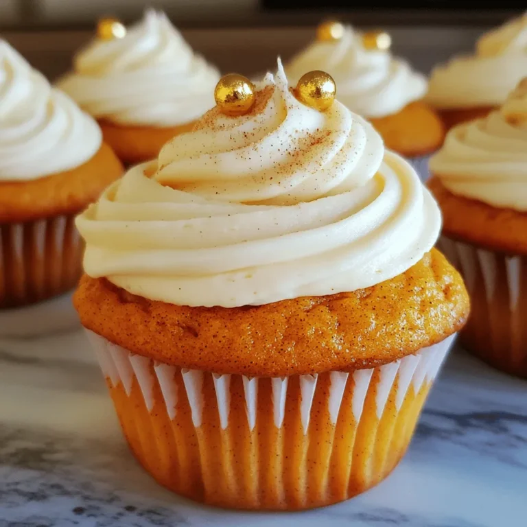 - 1 cup all-purpose flour - 1/2 cup almond flour - 1 tsp baking powder - 1/2 tsp baking soda - 1 tsp ground cinnamon - 1/2 tsp ground nutmeg - 1/4 tsp ground ginger - 1/4 tsp ground cloves - 1/2 tsp salt I love starting with the dry ingredients. Mixing the flours, baking powder, and spices fills the air with warm scents. Cinnamon, nutmeg, and ginger blend perfectly. This mix makes the cupcakes special. - 1/2 cup granulated sugar - 1/2 cup brown sugar, packed - 1/2 cup vegetable oil - 2 large eggs - 1 cup pumpkin puree - 1 tsp vanilla extract Next, we focus on wet ingredients. The sugars give sweetness, while the vegetable oil adds moisture. Pumpkin puree brings flavor and color. Vanilla extract rounds it off with a lovely aroma. Together, they create a rich batter. - 8 oz cream cheese, softened - 1/2 cup butter, softened - 2 cups powdered sugar - 1 tsp vanilla extract - 1/4 tsp cinnamon (optional) The cream cheese frosting makes these cupcakes shine. Cream cheese and butter blend to form a smooth base. Adding powdered sugar sweetens the mix. A touch of vanilla and optional cinnamon gives it a warm twist. This frosting complements the cupcakes perfectly. For the full recipe, please refer to the [Full Recipe]. 1. Preheat your oven to 350°F (175°C). This helps the cupcakes bake evenly. 2. In a medium bowl, mix together the dry ingredients: - 1 cup all-purpose flour - 1/2 cup almond flour - 1 tsp baking powder - 1/2 tsp baking soda - 1 tsp ground cinnamon - 1/2 tsp ground nutmeg - 1/4 tsp ground ginger - 1/4 tsp ground cloves - 1/2 tsp salt 3. Set the dry mix aside. In a large bowl, blend the wet ingredients: - 1/2 cup granulated sugar - 1/2 cup brown sugar, packed - 1/2 cup vegetable oil - 2 large eggs - 1 cup pumpkin puree - 1 tsp vanilla extract Stir until smooth. 4. Gradually add the dry ingredients to the wet mix. Stir gently until just combined. Do not overmix or your cupcakes may turn out dense. 1. Line your muffin tin with cupcake liners. 2. Divide the batter evenly among the liners. Fill each about two-thirds full. 3. Bake in the preheated oven for 18-20 minutes. Check if they are done by inserting a toothpick. It should come out clean. 4. Let the cupcakes cool in the pan for 5 minutes. After that, move them to a wire rack to cool completely. 1. While the cupcakes cool, prepare the cream cheese frosting. In a mixing bowl, combine: - 8 oz cream cheese, softened - 1/2 cup butter, softened 2. Beat these two until smooth and creamy. 3. Gradually add 2 cups powdered sugar. Mix until well incorporated. 4. Stir in 1 tsp vanilla extract and 1/4 tsp cinnamon, if using. Mix until smooth. 5. Once the cupcakes are cool, frost them generously. You can use a piping bag or a spatula for this task. For the full recipe, you can refer to the beginning of the article. Enjoy your delicious pumpkin spice cupcakes with cream cheese frosting! To avoid dry cupcakes, measure your flour correctly. Use a spoon to scoop flour into your measuring cup, then level it off. This method helps you avoid adding too much flour. Also, make sure not to overmix your batter. Stir just until you see no dry spots; you want a light texture. For perfect frosting, always start with softened cream cheese and butter. This ensures a smooth and creamy blend. Beat them together until they are well mixed before adding powdered sugar. Adding sugar slowly helps you avoid lumps. Adding extra spices can deepen the pumpkin flavor. Try adding a pinch of allspice or cardamom for a unique twist. You can also mix in some chocolate chips or nuts to add texture and taste. Alternative flavor combinations are fun to explore. Consider using sweet potato instead of pumpkin for a different flavor profile. You can even try a maple syrup frosting for a sweet change! For the best ways to serve, place cupcakes on a pretty plate. You can also use decorative cupcake liners to enhance the look. Presentation ideas can make your cupcakes stand out. Top with a sprinkle of cinnamon and edible gold decorations. This adds a touch of elegance that will impress your guests. Enjoy your delicious Pumpkin Spice Cupcakes! For the full recipe, check back in the article. {{image_2}} For a gluten-free version of these pumpkin spice cupcakes, you can swap out the all-purpose flour. Use an all-purpose gluten-free flour blend instead. This blend usually contains rice flour and starches, which will keep the texture light and fluffy. You may also want to add xanthan gum. This helps the cupcakes hold together well. To make these cupcakes vegan, you need to replace the eggs. Use flaxseed meal or applesauce as a substitute. For each egg, mix 1 tablespoon of flaxseed meal with 2.5 tablespoons of water. Let it sit for 5 minutes to thicken. You can also use 1/4 cup of applesauce per egg. For frosting, use a dairy-free cream cheese. You can find many brands that offer great taste and texture. If you want to make mini cupcakes, simply adjust your baking time. Fill the mini cupcake liners about halfway. Bake for 12-15 minutes, or until a toothpick comes out clean. This will give you bite-sized treats that are perfect for any occasion. Explore the Full Recipe for more detailed steps and tips to create these delicious variations! You can store your pumpkin spice cupcakes at room temperature or in the fridge. If you plan to eat them within two days, keep them in an airtight container at room temperature. This keeps them soft and fresh. If you want them to last longer, place them in the fridge. Just make sure to cover them well to avoid drying out. To freeze your cupcakes, first let them cool completely. Wrap each cupcake tightly in plastic wrap. Place the wrapped cupcakes in a freezer bag or airtight container. They can last up to three months in the freezer. When you want to enjoy one, take it out and let it thaw at room temperature for about an hour. You can frost them afterward if you wish. For the best taste, eat the cupcakes within three days if stored at room temperature. If kept in the fridge, they stay fresh for about a week. Always check for any signs of spoilage before serving. To enjoy the best flavor, frost them just before serving. You can find the full recipe for these delightful cupcakes in the earlier section. If you don't have pumpkin puree, you can use applesauce or mashed bananas. Both options give moisture and a hint of sweetness. Sweet potato puree also works well. If you use these, adjust the spices to your taste. To reduce the sweetness of your cream cheese frosting, add a pinch of salt. You can also mix in some sour cream or Greek yogurt. This adds a nice tang and balances the sweetness. Start with a small amount and taste as you go. Yes, you can make eggless pumpkin spice cupcakes. Use a flaxseed meal or chia seed mixture instead. Mix one tablespoon of flaxseed meal or chia seeds with three tablespoons of water. Let it sit for five minutes to thicken. This will act as a binder. To get fluffy cupcakes, do not overmix the batter. Mix until just combined, and avoid beating too hard. Use room temperature ingredients, as they blend better. Ensure your baking powder and soda are fresh for a good rise. If you want to avoid cream cheese, try mascarpone cheese or Greek yogurt. You could also use buttercream with just butter and powdered sugar. For a vegan option, use coconut cream whipped until fluffy. This keeps the frosting light and tasty. Discover the Full Recipe to create these delightful treats! You now have a clear recipe for tasty pumpkin cupcakes. We covered ingredients, baking steps, and tips for success. You learned how to make delicious variations and store them well. Baking is fun, and with these steps, you can impress friends and family. Make these cupcakes your own by trying new flavors or techniques. Enjoy your baking adventure and keep experimenting to find what you love most!