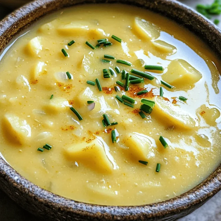 To make this creamy potato soup, gather these ingredients: - 4 large Yukon Gold potatoes, peeled and diced - 1 medium onion, chopped - 2 cloves garlic, minced - 4 cups vegetable broth - 1 cup heavy cream (or coconut cream for a dairy-free option) - 1 teaspoon dried thyme - 1 teaspoon paprika - Salt and pepper to taste - 2 tablespoons olive oil - Fresh chives or parsley for garnish You can easily swap some ingredients for a different taste or diet. Here are a few ideas: - Dairy-free: Use coconut cream instead of heavy cream. - Broth: Swap vegetable broth for chicken broth if you prefer. - Potatoes: If Yukon Gold is not available, russet potatoes work too. - Herbs: You can replace dried thyme with fresh thyme or rosemary for a fresh twist. Choosing the right potatoes makes a difference in flavor and texture. Here’s how to pick good ones: - Look for firm potatoes without any soft spots or blemishes. - Choose potatoes that are uniform in size for even cooking. - Avoid potatoes with green skin, as this can be toxic. - If possible, pick organic potatoes for better taste and fewer chemicals. Gather all your ingredients first. You need four large Yukon Gold potatoes, one medium onion, and two cloves of garlic. Also, have your vegetable broth, heavy cream, thyme, paprika, olive oil, salt, and pepper ready. This will make cooking easy. Start by heating two tablespoons of olive oil in a large pot over medium heat. Add the chopped onion and sauté for about four to five minutes until it looks clear. Then, add the minced garlic and sauté for another minute. This step builds a great base flavor. Next, mix in the diced potatoes, dried thyme, and paprika. Cook this mixture for two to three minutes. This helps the potatoes soak in the spices. Now, pour in four cups of vegetable broth. Bring this to a boil, then reduce the heat. Let it simmer for about 15 to 20 minutes. You want the potatoes to be soft. After the potatoes are tender, it's time to blend. Use an immersion blender to mix the soup until it is smooth and creamy. If you do not have one, carefully transfer the soup to a standard blender. Blend in small batches to avoid spills. Once blended, return the soup to the pot if you used a blender. Stir in one cup of heavy cream, letting it warm over low heat for about five minutes. Season with salt and pepper. Your creamy potato soup is now ready to serve! To get that perfect creamy texture, blend the soup well. An immersion blender works best. If you use a standard blender, do it in small batches. Be careful with hot soup! Blend until it is smooth and no lumps remain. This step is key for a rich and velvety feel. Serve this soup hot. The warm soup brings out all the flavors. Heat it gently over low heat before serving. If it cools too much, it can lose its creamy goodness. A temperature of about 160°F is ideal for serving. One common mistake is not cooking the potatoes enough. Make sure the potatoes are very tender before blending. Another mistake is adding too much cream too early. Add the cream after blending for the best texture. Lastly, remember to season well. A little salt and pepper can make a big difference! {{image_2}} To make your creamy potato soup pop, try adding spices and herbs. A sprinkle of garlic powder can boost flavor. Fresh herbs like rosemary or thyme add a nice touch. You can also use smoked paprika for a smoky taste. Try adding a pinch of cayenne pepper if you like some heat. These small changes can make a big difference in taste! You can add more veggies to the soup for extra flavor. Carrots or celery work well with potatoes. If you want protein, consider adding cooked bacon or diced ham. You can also mix in some sautéed mushrooms for an earthy flavor. These ingredients can make the soup heartier and more filling. Serving your soup can be fun! Try topping the soup with crispy bacon bits or shredded cheese. You can also add a dollop of sour cream for creaminess. Fresh herbs like chives or parsley look great on top too. For a crunchy twist, serve with homemade croutons or garlic bread on the side. These ideas can make your meal feel special! You can keep your creamy potato soup in the fridge. Use an airtight container. This keeps the soup fresh. It lasts about 3 to 4 days. Before storing, let the soup cool down first. This helps avoid extra moisture. To freeze, let the soup cool completely. Then, pour it into freezer-safe bags or containers. Leave some space at the top. The soup expands when frozen. It stays good for up to 3 months. When ready to eat, move it to the fridge to thaw overnight. Reheat the soup slowly on the stove. Use low to medium heat. Stir often to keep it smooth. If the soup is too thick, add a bit of broth or water. You can also microwave it. Use a microwave-safe bowl and cover it loosely. Heat in short bursts, stirring in between. Enjoy your warm and creamy soup! Yes, you can make this soup ahead. Cook the soup, then let it cool. Store it in the fridge for up to three days. When ready to eat, heat it gently on the stove. This soup tastes even better the next day! The flavors blend well when it sits. This creamy potato soup is naturally gluten-free. Use vegetable broth that is gluten-free. Check the label on your broth to be sure. If you add any toppings, use gluten-free options like fresh herbs or nuts. This way, everyone can enjoy the soup. To spice up your creamy potato soup, add a pinch of cayenne pepper. You can also use crushed red pepper flakes for a different heat. Another option is to add diced jalapeños when cooking the onions. The heat level is up to you! Adjust it to suit your taste. You learned about the key ingredients for creamy potato soup and how to select the best ones. We discussed step-by-step preparation, cooking methods, and blending for a smooth texture. I shared tips for serving, avoiding common mistakes, and creative variations to boost flavor. Lastly, we covered proper storage and answered FAQs. Remember, making this soup can be simple and fun. Enjoy experimenting with flavors and sharing warmth with others. Your creamy potato soup journey starts now!