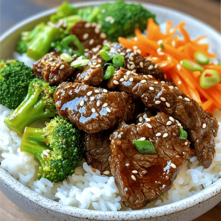 - 1 lb (450g) thinly sliced beef sirloin - 1/4 cup soy sauce (low sodium if preferred) - 2 tablespoons brown sugar - 1 tablespoon sesame oil - 1 tablespoon grated ginger - 2 cloves garlic, minced - 1/2 teaspoon red pepper flakes (adjust to taste) - 2 green onions, sliced (white and green parts separated) The beef sirloin is key to this dish. It cooks fast and stays tender. The soy sauce and brown sugar add depth and sweetness. Sesame oil, ginger, and garlic bring bold flavors to the mix. Red pepper flakes add just the right amount of heat. - 1 cup broccoli florets - 1 small carrot, julienned - Sesame seeds for garnish - 2 green onions, sliced (white and green parts separated) Fresh veggies make this meal bright and colorful. Broccoli gives a great crunch. The julienned carrot adds sweetness and texture. Green onions and sesame seeds are perfect for garnishing. They make your bowls look fancy and appetizing. - 1 cup of cooked jasmine rice (or rice of choice) Jasmine rice is fragrant and fluffy. It pairs well with the savory beef. If you prefer, you can use other rice types. Brown rice or cauliflower rice are tasty alternatives. Just choose what you like best! Start by mixing the marinade. In a bowl, add soy sauce, brown sugar, sesame oil, grated ginger, minced garlic, red pepper flakes, and the white parts of the green onions. This mix gives the beef its sweet and savory taste. Next, add the thinly sliced beef to the bowl. Stir well to coat every piece. Let the beef marinate for at least 15 minutes. The longer it sits, the more flavor it gets. While the beef marinates, prepare the vegetables. First, steam the broccoli florets for about 2 minutes. This keeps them bright green and slightly tender. Next, soak the julienned carrot in cold water. Soaking helps it stay crunchy. Set both vegetables aside once done. Now, it’s time to cook the beef. Heat vegetable oil in a large skillet over medium-high heat. Add the marinated beef to the hot skillet. Cook for about 5-7 minutes, stirring often. You want the beef to turn caramelized and cooked through. If you want more flavor, add the reserved marinade and cook for another 1-2 minutes. Now we build the bowls. Start with a scoop of jasmine rice in each bowl. Next, add the cooked beef on top. Then, layer on the steamed broccoli and the fresh julienned carrots. This creates a colorful and tasty dish. To finish, sprinkle sesame seeds over the bowls. Then, add the green parts of the sliced green onions for a fresh touch. Serve your delicious bowls while they are hot. Enjoy the savory flavors of your Minute Korean Beef Bulgogi Bowls! Marinating beef is key for flavor. I recommend marinating for at least 15 minutes. If you have more time, go for 30 minutes or longer. This step lets the beef soak in the flavors from the soy sauce, brown sugar, and spices. The longer the marination, the tastier your beef will be. To get the best texture, cook the beef in a hot skillet. I like using medium-high heat. This helps the beef sear and caramelize nicely. Stir the beef often while it cooks. This way, it cooks evenly. If you want extra flavor, add the reserved marinade in the last few minutes of cooking. It gives the beef a nice glaze. Serving your meal well makes a big difference. Start with a mound of jasmine rice in each bowl. Then, add the beef on top. Next, place steamed broccoli and julienned carrots around the beef. Finish with a sprinkle of sesame seeds and sliced green onions for color. This makes the dish look vibrant and appetizing. {{image_2}} You can switch the beef for chicken or tofu. Chicken thighs or breasts work well. Just slice them thin. If you choose tofu, press it to remove excess water. Then cut it into bite-sized pieces. Marinate it just like the beef. This way, you keep the flavors strong. Feel free to change the veggies too. Bell peppers, snap peas, and mushrooms are great choices. You can also add spinach or zucchini for color and taste. Use what you have on hand. This dish is all about your favorites. Top the bowls with your chosen veggies for a fun twist. Want more flavor? Add extra spice with more red pepper flakes or go for sriracha. A splash of rice vinegar can add a nice tang. For sweetness, drizzle honey or maple syrup over the beef. Mix and match these ideas to find your perfect taste. You can make each bowl unique! To keep your beef bulgogi fresh, use airtight containers. Place the beef and veggies in separate containers. This helps keep the beef juicy and the veggies crisp. Store in the fridge for up to three days. If you want to keep it longer, freezing is a good option. When you are ready to eat, reheating is key. Use a skillet on low heat. Add a splash of water or broth to keep the beef moist. Stir often. This helps keep the texture and flavor. You can also use the microwave. Cover the bowl with a damp paper towel. Heat in short bursts to avoid overcooking. To freeze, place the cooled beef in a freezer-safe bag. Squeeze out the air before sealing. You can freeze the veggies too, but they may lose some crunch. Label the bags with the date. The beef can stay fresh for up to three months. When ready to eat, thaw in the fridge overnight. Then reheat as mentioned above. Bulgogi is a popular Korean dish made from marinated beef. The name means "fire meat" in Korean. It usually uses thinly sliced beef sirloin. The beef is marinated in a mix of soy sauce, sugar, and spices. This dish has roots that go back centuries. Traditionally, it is grilled over an open flame, giving it a smoky taste. Bulgogi is often served with rice and vegetables, making it a well-rounded meal. Cooking Korean Beef Bulgogi is quick and easy. The total time is about 30 minutes. Here's a simple breakdown: - Prep Time: 15 minutes for marinating and chopping veggies. - Cook Time: 10-12 minutes to sauté the beef and steam vegetables. This makes it perfect for busy weeknights! Yes, you can easily make this recipe gluten-free. Just swap out regular soy sauce for tamari, which is gluten-free. You can also use coconut aminos as a soy sauce alternative. Check the brown sugar, too, as some brands may have gluten. Make sure all ingredients are certified gluten-free for the best results. To add heat to your dish, you can adjust the red pepper flakes. Start with half a teaspoon, and add more if you like. You can also include sliced chilies or a dash of hot sauce. For an extra kick, try Korean gochujang paste. This fermented chili paste adds flavor and heat. Just mix a small amount into the marinade for a spicy twist! Bulgogi bowls combine savory beef, fresh veggies, and fragrant rice. We explored the key ingredients like soy sauce and sesame oil, outlined easy steps for preparation, and provided tips to enhance your dish. Remember, customizing your bowl with different proteins or vegetables elevates the meal. Store leftovers properly to enjoy later, and reheating tips keep flavors intact. Dive into this delicious recipe and enjoy creating your own unique Bulgogi bowl!
