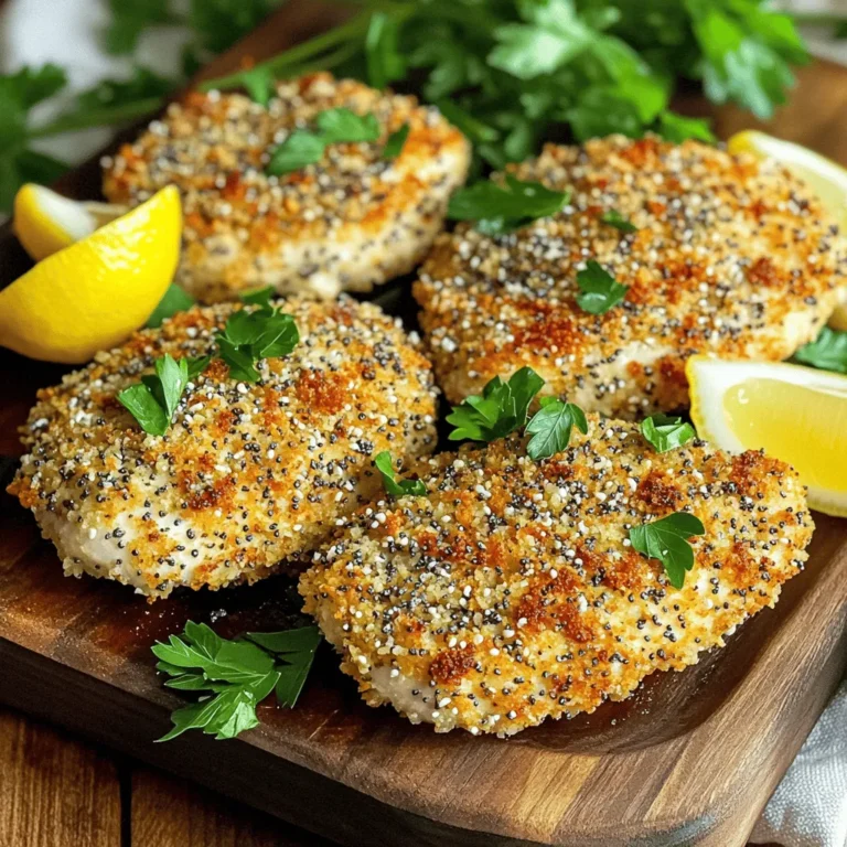 - 4 boneless, skinless chicken cutlets - 1 cup panko breadcrumbs - 2 tablespoons everything bagel seasoning - 1/2 cup plain Greek yogurt - 1 egg, beaten - Salt and pepper to taste - Olive oil spray - Air fryer - Shallow bowls for breading station - Meat thermometer To make Air Fryer Everything Bagel Chicken Cutlets, gather these simple ingredients. Start with four boneless, skinless chicken cutlets. They are easy to cook and absorb flavors well. You will need a cup of panko breadcrumbs for crunch. Add two tablespoons of everything bagel seasoning for that unique flavor. Next, grab half a cup of plain Greek yogurt. This helps the coating stick and adds creaminess. You will also need one beaten egg for the breading process. Don’t forget salt and pepper for seasoning. Lastly, have olive oil spray ready. It helps achieve that perfect golden color while keeping it light. For tools, an air fryer is a must. It cooks the chicken evenly and quickly. You will also need shallow bowls to set up your breading station. A meat thermometer is key to check the chicken’s doneness. Having the right tools and ingredients makes cooking fun and easy! Start by seasoning the chicken cutlets. Use salt and pepper to add flavor. Make sure to season both sides well. This step is key for great taste. Next, set up your breading station. You will need three shallow bowls. In the first bowl, add the Greek yogurt. In the second, whisk the beaten egg. In the third bowl, mix the panko breadcrumbs and everything bagel seasoning. This setup makes breading easy. Now, it’s time to coat the chicken. Take one cutlet and dip it in the Greek yogurt. Let any excess drip off. Then, dip it in the beaten egg. Finally, coat it in the panko mixture. Press the breadcrumbs onto the chicken to help them stick. Repeat this for each cutlet. It is important to coat well for crunch. Before cooking, preheat your air fryer. Set it to 400°F (200°C) for about 5 minutes. This helps the cutlets cook evenly and get crispy. Once preheated, lightly spray the air fryer basket with olive oil spray. Place the breaded chicken cutlets in a single layer. Avoid overlapping them. Spray the tops with a bit more olive oil for extra crunch. Cook the cutlets for about 12-15 minutes. Flip them halfway through cooking. This ensures even browning. The chicken is done when it is golden brown and reaches an internal temperature of 165°F (75°C). To get the best crispy texture on your chicken cutlets, here’s what you need to do: - Use panko breadcrumbs: These are lighter than regular breadcrumbs. They create a crunchier crust. - Don’t skip the olive oil spray: This helps the breadcrumbs crisp up in the air fryer. - Preheat your air fryer: Set it to 400°F (200°C) for about 5 minutes. This step is key to a crispy finish. - Cook in a single layer: Lay the chicken cutlets flat. Avoid stacking them. This allows hot air to circulate and crisp all sides. The right cooking temperature is crucial. If your air fryer is too cool, the chicken will not cook right. If it is too hot, the outside can burn while the inside stays raw. Always aim for 400°F (200°C) for even cooking and great texture. Pair your everything bagel chicken cutlets with sides that complement their flavor: - Fresh salad: A light garden salad works well. The crunch of greens balances the chicken. - Roasted vegetables: Carrots, broccoli, or bell peppers add color and nutrition. - Dipping sauce: Consider ranch dressing or a tangy yogurt dip to enhance taste. For presentation, serve the chicken cutlets on a wooden board. Add fresh parsley on top for a pop of color. Include lemon wedges on the side. This not only looks great but also adds a refreshing touch. {{image_2}} You can switch up the flavor of your chicken cutlets easily. Try using ranch seasoning or taco seasoning for a twist. If you want a spicy kick, add some cayenne pepper or chili powder to the breadcrumbs. You can also use Italian seasoning for a herby taste. When it comes to substitutions, you can replace Greek yogurt with buttermilk or sour cream. These will still help the breadcrumbs stick. If you want a different crunch, use crushed cornflakes instead of panko. If you need to change the serving size, it’s simple. Just multiply or divide the ingredients. For instance, if you want to make eight cutlets, use eight chicken cutlets and double the other ingredients. To make cooking easier, cook in batches if your air fryer is small. You can keep the first batch warm in the oven while cooking the rest. This way, all your cutlets stay warm and crispy when it’s time to serve. To keep your air fryer everything bagel chicken cutlets fresh, store them well. Place the cutlets in a shallow container. Make sure they cool down first. This helps keep them juicy. Seal the container tightly. You can keep them in the refrigerator for about 3 to 4 days. - Use an airtight container. - Glass or plastic works well. - Avoid stacking to prevent crushing. When it's time to enjoy leftovers, reheating is key. To keep the chicken crispy, I recommend using the air fryer again. Preheat it to 350°F (175°C). Then, place the cutlets inside. This method keeps the texture nice. - Heat for about 5 to 7 minutes. - Check that the internal temp reaches 165°F (75°C). - If you don’t have an air fryer, use a skillet. Add a bit of oil, and heat over medium. This also helps maintain crispiness. Everything bagel seasoning is a mix of flavors. It usually contains: - Sesame seeds - Poppy seeds - Dried garlic - Dried onion - Salt You can buy this seasoning in stores or online. If you want to make your own, just mix equal parts of the ingredients above. This blend adds a great crunch and flavor to chicken cutlets. Yes, you can use chicken breasts. Just be aware that chicken breasts are thicker than cutlets. You will need to cook them longer, about 18 to 20 minutes. Make sure they reach an internal temperature of 165°F (75°C). The flavor may differ slightly, but the seasoning will still shine through. To make this recipe gluten-free, swap out the panko breadcrumbs. You can use gluten-free breadcrumbs or crushed gluten-free crackers. For coating, you can also use almond flour for a nutty flavor. Just ensure that your Greek yogurt and other ingredients are gluten-free too. In this blog post, we explored a simple and tasty air fryer recipe for chicken cutlets. We covered the key ingredients, step-by-step cooking instructions, and helpful tips for best results. You learned how to make the chicken crispy and flavorful, plus variations and storage tips. Cooking can be fun, and with these methods, you can impress anyone. Enjoy creating this dish and customizing it to your taste!