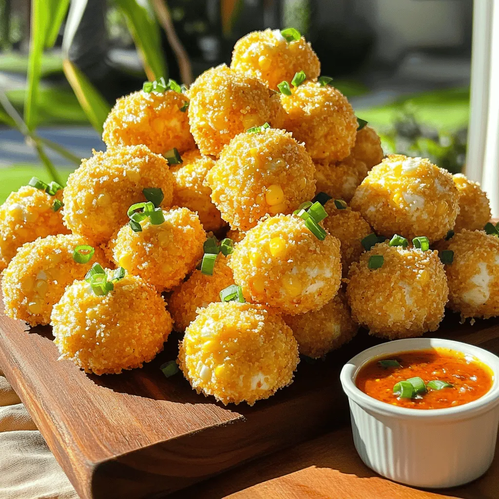 - 2 cups sweet corn kernels (fresh or frozen, thawed) - 1 cup shredded mozzarella cheese - 1/2 cup all-purpose flour - 1/2 cup breadcrumbs (panko for extra crunch) - 1/4 cup chopped green onions - 1/4 cup grated Parmesan cheese - 1 teaspoon garlic powder - 1 teaspoon paprika - 1/2 teaspoon salt - 1/4 teaspoon black pepper - 2 large eggs, beaten - Oil for frying Sweet corn brings natural sweetness and pops of flavor. I love using fresh corn when in season. Mozzarella cheese provides that amazing gooeyness we all crave. The breadcrumbs add a perfect crunch. Green onions give a fresh, mild onion taste, which brightens the dish. Garlic powder and paprika add depth with robust flavor. The eggs help bind everything and give a soft texture. If you want a gluten-free version, use gluten-free flour and breadcrumbs. For a vegan option, replace eggs with a flaxseed mixture: mix 1 tablespoon flaxseed meal with 2.5 tablespoons water. Let it sit until it thickens. You can swap mozzarella for a vegan cheese. Enjoy customizing your bites to fit your needs! To make crispy corn cheese bites, gather your ingredients first. You need sweet corn, mozzarella cheese, green onions, and spices. Make sure to have flour and breadcrumbs ready too. This dish is fun to make and great for sharing. 1. In a big bowl, mix the sweet corn and mozzarella cheese. 2. Add the chopped green onions and Parmesan cheese. 3. Sprinkle in garlic powder, paprika, salt, and black pepper. 4. Pour in the beaten eggs and stir well. 5. Gradually add the flour until a sticky dough forms. 6. Shape the dough into small balls, about 1 inch wide. 7. Roll each ball in breadcrumbs for extra crunch. 8. Heat oil in a deep frying pan over medium heat. 9. When the oil is hot (about 350°F), drop in the bites. 10. Fry them for 3-4 minutes until golden brown. 11. Use a slotted spoon to take them out and drain on paper towels. 12. Repeat until all bites are cooked. For the best texture, use panko breadcrumbs. They give a crispier bite. Make sure the oil is hot enough before frying. If it's too cool, the bites will soak up oil. Keep the bites small and uniform in size for even cooking. When making crispy corn cheese bites, avoid overmixing the dough. If you mix too much, the bites can turn tough. Also, don't skip the breadcrumbs. They add crunch and seal in moisture. Ensure your oil is hot enough. If it's too cool, the bites will absorb oil and become greasy. Frying gives the best texture and taste. The bites turn golden brown and crispy. For frying, heat oil to about 350°F. Fry them for 3-4 minutes until they are perfect. Baking is a healthier option but might not be as crispy. If you choose to bake, preheat your oven to 400°F. Place the bites on a baking sheet and spray them with oil. Bake for 15-20 minutes until they are golden. Dipping sauces can take your bites to the next level. Try a spicy aioli for a kick. Mix mayonnaise with garlic and your favorite hot sauce. Another great option is a tangy ranch dip. It pairs well with the cheesy flavor. You can also serve them with a simple ketchup or a sweet chili sauce for added sweetness. {{image_2}} You can customize your crispy corn cheese bites easily. Start with spices like cumin or chili powder for a kick. You can also mix in herbs like cilantro or parsley for fresh flavor. Want a cheesy boost? Add a different cheese, like cheddar or pepper jack. For a sweet touch, try adding diced jalapeños or bell peppers. These changes can make your bites unique and fun. If you want a lighter snack, you can bake these bites instead of frying. Preheat your oven to 400°F (200°C). Use a baking sheet lined with parchment paper. Lightly spray the bites with cooking oil before baking. Bake for about 20-25 minutes, flipping halfway through. They will be crispy and golden, with less oil than frying. It’s a great way to enjoy them without the extra fat. These bites fit many events. For game day, serve them with spicy dipping sauce or ranch dressing. At a party, arrange them on a platter with colorful veggie sticks. You can also serve them as an appetizer for a fancy dinner. Just add a drizzle of garlic aioli on top and sprinkle with extra green onions. They will look and taste amazing, no matter the occasion! To keep your crispy corn cheese bites fresh, store them in an airtight container. Layer parchment paper between each layer to avoid sticking. Place the container in the fridge if you plan to eat them within a few days. For longer storage, freezing is the best choice. Reheating is simple. Preheat your oven to 350°F (175°C). Place the corn cheese bites on a baking sheet. Bake them for about 10-12 minutes until they are hot and crispy again. This method keeps the texture tasty and crunchy. If you want to freeze these bites, first let them cool completely. Then, place them in a single layer on a baking sheet and freeze for 1-2 hours. Once frozen, transfer them to a freezer-safe bag. They can stay frozen for up to three months. When ready to eat, you can fry them straight from the freezer without thawing. This keeps them crispy and delicious! You can serve Crispy Corn Cheese Bites with many tasty options. I love pairing them with a spicy dipping sauce or creamy garlic aioli. These sauces add a nice kick and balance the cheese's richness. You can also serve them with fresh veggies or a light salad. This adds color and freshness to your snack table. Yes, you can prepare these bites ahead of time. You can mix the ingredients and form the balls. Store them in the fridge for up to 24 hours. When you are ready to eat, just fry them until golden. This makes it easy for parties or busy days. Absolutely! You can make Crispy Corn Cheese Bites gluten-free. Just swap all-purpose flour with a gluten-free flour blend. Use gluten-free breadcrumbs for coating. This way, everyone can enjoy these delicious bites without worries. To add heat, you can mix in some chopped jalapeños or diced chili peppers. You can also sprinkle more paprika or cayenne pepper into the mix. Another fun way is to serve them with a spicy sauce on the side. This lets you control the heat level. Yes, you can use canned corn! Just drain and rinse it well before using. Canned corn is handy and saves time. Make sure to adjust the seasoning since canned corn can be sweeter. This way, your Crispy Corn Cheese Bites will still taste amazing. You learned about making Crispy Corn Cheese Bites from start to finish. We covered the ingredients, cooking steps, and tips to avoid mistakes. You can swap items to fit dietary needs. You can try different flavors and store leftovers easily. Experiment with sauces and serving styles for fun. Enjoy your tasty corn bites at any gathering!