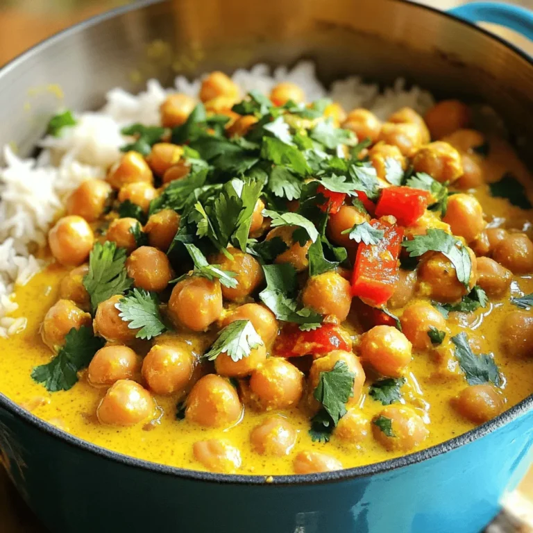 For this tasty dish, you need: - 2 cans (15 oz each) chickpeas, drained and rinsed - 1 can (14 oz) coconut milk - 1 medium onion, finely chopped - 3 cloves garlic, minced - 1 tablespoon ginger, grated - 1 red bell pepper, chopped - 2 tablespoons red curry paste - 1 teaspoon turmeric powder - 1 teaspoon cumin - 2 tablespoons vegetable oil - 1 tablespoon soy sauce - Salt to taste These main ingredients bring flavor and richness to your curry. The chickpeas provide protein, while coconut milk adds creaminess. You likely have some of these staples at home: - Vegetable oil - Soy sauce - Salt These items are essential for cooking. They help build the base flavor of the dish. To make your meal shine, consider these garnishes: - Fresh cilantro, for garnish - Cooked rice or quinoa, for serving Garnishing with fresh cilantro adds a burst of color and freshness. Serving with rice or quinoa makes the dish more filling. First, grab a large pot. Heat 2 tablespoons of vegetable oil over medium heat. Once the oil is hot, add 1 finely chopped onion. Sauté the onion for about 5 minutes. You want it soft and translucent. This step builds a nice base for your curry. Next, stir in 3 minced garlic cloves and 1 tablespoon of grated ginger. Cook this for 1-2 minutes. You will smell a lovely aroma. Now, add 1 chopped red bell pepper to the pot. Let it cook for another 3-4 minutes until it starts to soften. This adds color and sweetness to your dish. Now it's time for the spices! Stir in 2 tablespoons of red curry paste, 1 teaspoon of turmeric powder, and 1 teaspoon of cumin. Cook for 1 minute to toast the spices. This brings out their flavors. After that, pour in 1 can of coconut milk and 1 tablespoon of soy sauce. Add 2 cans of drained and rinsed chickpeas. Give it a good stir to mix everything well. Let the mixture simmer for 15-20 minutes. Stir occasionally to prevent sticking. You want the chickpeas heated through and the sauce to thicken slightly. Taste your dish and add salt as needed. When ready, serve your coconut curry chickpeas over cooked rice or quinoa. Don't forget to garnish with fresh cilantro! To get the best flavor in your coconut curry chickpeas, start with fresh ingredients. Use ripe bell peppers and good quality coconut milk. Sauté your onions until they are golden brown. This step adds depth to the dish. You can also adjust the spice level. Add more red curry paste for heat, or a pinch of sugar for balance. You can use canned or dried chickpeas for this recipe. Canned chickpeas are quick and easy. Just rinse and drain them before cooking. They save time and still taste great. If you prefer dried chickpeas, soak them overnight. Cook them until tender before adding them to your curry. This method gives a firmer texture and a more intense flavor. Serve your coconut curry chickpeas over rice or quinoa for a filling meal. You can also add a side of steamed veggies. Fresh cilantro on top adds a nice touch and bright flavor. For a twist, try serving it with naan bread. It’s perfect for dipping! {{image_2}} You can easily make this dish vegan and gluten-free. The base of coconut milk and chickpeas is naturally vegan. Just make sure to use gluten-free soy sauce or tamari. This dish fits many diets, so everyone can enjoy it. Feel free to swap some ingredients. You can use light coconut milk for fewer calories. If you don’t have red curry paste, green curry paste works too. Bell peppers can be replaced with any veggies you have, like carrots or zucchini. If you want a different flavor, try adding lime juice or fresh herbs. Coconut curry chickpeas taste great with various grains. You can serve them over rice or quinoa, as the recipe suggests. For a twist, try farro or barley for a nutty flavor. You can even use cauliflower rice for a low-carb option. Each grain adds a unique touch to your meal. After you enjoy your coconut curry chickpeas, let them cool down. Then, transfer them to an airtight container. Store the leftovers in the fridge. They stay fresh for up to four days. Always label your container with the date. This helps you keep track of how long they have been stored. To reheat your coconut curry chickpeas, you can use the stovetop or microwave. If using the stovetop, pour the chickpeas into a pot. Heat them over medium heat for about five to seven minutes. Stir often to prevent sticking. If using a microwave, place them in a microwave-safe bowl. Cover the bowl and heat for 2-3 minutes. Check that they are hot throughout before serving. You can freeze coconut curry chickpeas for later use. First, let the dish cool completely. Next, place it in a freezer-safe container or bag. Remove as much air as possible. Label it with the date, so you remember when you froze it. It can last in the freezer for up to three months. To thaw, simply transfer it to the fridge overnight before reheating. Yes, you can use dried chickpeas. First, soak them overnight in water. Then, cook them until soft before adding them to the curry. This step takes longer than using canned chickpeas, but it adds great texture and flavor. If you don’t have coconut milk, try almond milk or cashew cream. These options give a nice creaminess but change the flavor. You can also mix regular milk with a bit of coconut extract for a similar taste. Coconut curry can last up to four days in the fridge. Store it in an airtight container. To keep it fresh, let it cool before sealing. Yes, coconut curry chickpeas are healthy. They are high in protein and fiber from the chickpeas. The coconut milk adds healthy fats, while the spices provide antioxidants. Coconut curry chickpeas pair well with cooked rice or quinoa. You can also serve it with naan bread for a nice touch. Fresh cilantro on top adds flavor and color. Coconut curry chickpeas are easy and tasty. We covered the best ingredients, step-by-step cooking, and helpful tips. Remember to try different variations and substitutes to match your taste. Proper storage can keep this dish fresh and delicious. You can enjoy it in many ways, making it a versatile meal. By following these guidelines, you’ll create a hearty dish rich in flavor and nutrition. Explore the options, and have fun cooking!