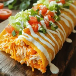 - 2 cups cooked chicken, shredded - 1/2 cup buffalo sauce - 1 cup cream cheese, softened - 1 cup shredded cheddar cheese - 1/2 cup crumbled blue cheese (optional) The main ingredients create the heart of this dish. Shredded chicken adds protein and texture. Buffalo sauce brings the heat and tang. Cream cheese gives a rich, creamy base. Cheddar cheese adds sharpness, while blue cheese offers a bold flavor. - 4 large flour tortillas - 1/2 cup ranch dressing - 1 cup lettuce, shredded - 1/2 cup diced tomatoes - 1/4 cup green onions, sliced Flour tortillas wrap all the goodness inside. Ranch dressing cools the heat from buffalo sauce. Fresh veggies like lettuce and tomatoes add crunch and color. Green onions give a nice pop of flavor. - Different cheese varieties - Add-ins like jalapeños or corn Get creative with optional ingredients! Use different cheeses for a unique twist. If you like spice, add jalapeños. Corn adds sweetness. These choices let you customize the burrito to your taste. First, take a large mixing bowl. Combine 2 cups of shredded chicken with 1/2 cup of buffalo sauce and 1 cup of softened cream cheese. Stir this mix until it is creamy and well-blended. Next, add 1 cup of shredded cheddar cheese and 1/2 cup of crumbled blue cheese if you like. Gently fold everything together until fully mixed. This mixture will be the heart of your burritos. Now, it’s time to prepare the tortillas. Warm 4 large flour tortillas in the microwave or on a skillet for a few seconds. This makes them soft and easy to roll. Take one tortilla and spread 1/4 of the chicken mixture along the center, leaving about an inch at the edges. Drizzle some ranch dressing over the chicken. Add a handful of shredded lettuce, diced tomatoes, and sliced green onions for crunch and flavor. For the final step, heat a skillet over medium heat. Add a little olive oil so the burritos don’t stick. Place the burritos seam-side down in the skillet. Grill them for about 3 to 4 minutes on each side until they are golden brown and crispy. Once done, remove them from the skillet and let them cool slightly. Then, slice them in half to reveal the tasty filling inside. Enjoy your Cheesy Buffalo Chicken Burritos! To make great burritos, start with warm tortillas. Warm tortillas are soft and easy to roll. You can heat them in the microwave for 10-15 seconds or in a skillet for a few seconds. This step is key to keeping your burritos intact. Avoid overfilling your burritos. If you pack too much inside, they may burst. Stick to about one-fourth of the chicken mixture per tortilla. You can change the heat level of your buffalo sauce. Try mild for a family-friendly meal or extra hot for a spicy kick. Mixing different cheese blends can add depth. Cheddar and blue cheese work great, but you can also try pepper jack or mozzarella. Each cheese brings a unique taste to your burrito. Pair your burritos with dips like ranch or blue cheese dressing. These dips add a creamy touch and balance the heat from the buffalo sauce. For sides, consider serving with chips or a fresh salad. Crunchy chips complement the soft burrito, while a salad adds freshness and color to your meal. {{image_2}} You can easily make a vegetarian version of these burritos. Instead of chicken, use beans or a mix of veggies. Black beans or pinto beans work great. You can also use sautéed peppers, onions, or mushrooms. Mix them well with buffalo sauce and cream cheese. This swap keeps the creamy texture and adds a nice twist. If you love heat, add hot sauce or jalapeños to the chicken mixture. You can mix in a few dashes of hot sauce for a bold flavor. For even more spice, toss in some sliced jalapeños before rolling the burritos. This variation gives your burrito a kick that will wake up your taste buds. Looking for a low-carb option? Use lettuce wraps instead of tortillas. Simply take large leaves of romaine or butter lettuce. Fill them with the chicken mixture and toppings. This keeps the burrito fresh and light while still being tasty. Enjoy the crunch of the lettuce with every bite! To keep your cheesy buffalo chicken burritos fresh, store them in the fridge. Place them in an airtight container. They will stay good for about three to four days. If you want to save them longer, freezing is a great option. Wrap each burrito in plastic wrap and then place them in a freezer bag. This helps prevent freezer burn. When it's time to eat your leftovers, you have some tasty options. You can use a microwave for quick reheating. Wrap the burrito in a damp paper towel to keep it moist. Heat it for about one to two minutes. For a crispier texture, try the skillet method. Heat a skillet over medium heat and grill the burrito for about three to four minutes on each side. This keeps the outside crunchy and warm. In the fridge, your burritos last about three to four days. In the freezer, they can last for up to three months. Just remember to label the bags with the date you made them. This way, you’ll know when to enjoy them before they lose flavor. Yes, you can use other proteins. Shredded turkey works well and tastes great. You can also use cooked pork for a different flavor. If you want a plant-based option, try using shredded jackfruit or tofu. Both can soak up the buffalo sauce nicely and add some fun texture. Yes, it can be kid-friendly! To ease spice levels, you can use a mild buffalo sauce. You could also mix in some cream cheese to cut the heat. If your kids like ranch, serve it on the side. This way, they can dip and enjoy without too much spice. You can make burritos ahead for meal planning. Start by preparing the chicken mixture and letting it cool. Next, fill and wrap the tortillas as usual. Then, wrap each burrito in foil or plastic wrap. Store them in the fridge for up to three days. For longer storage, freeze them. Just reheat them in the oven or microwave when you're ready to eat. This blog covered how to make delicious buffalo chicken burritos. You learned about the key ingredients like chicken, buffalo sauce, and cheeses. I guided you through preparing the mixture, assembling the burritos, and grilling them to perfection. Remember to keep the tortillas warm and not overfill. Try variations like vegetarian or spicy versions for fun. These burritos store well and reheat easily. Enjoy making and sharing this tasty dish!