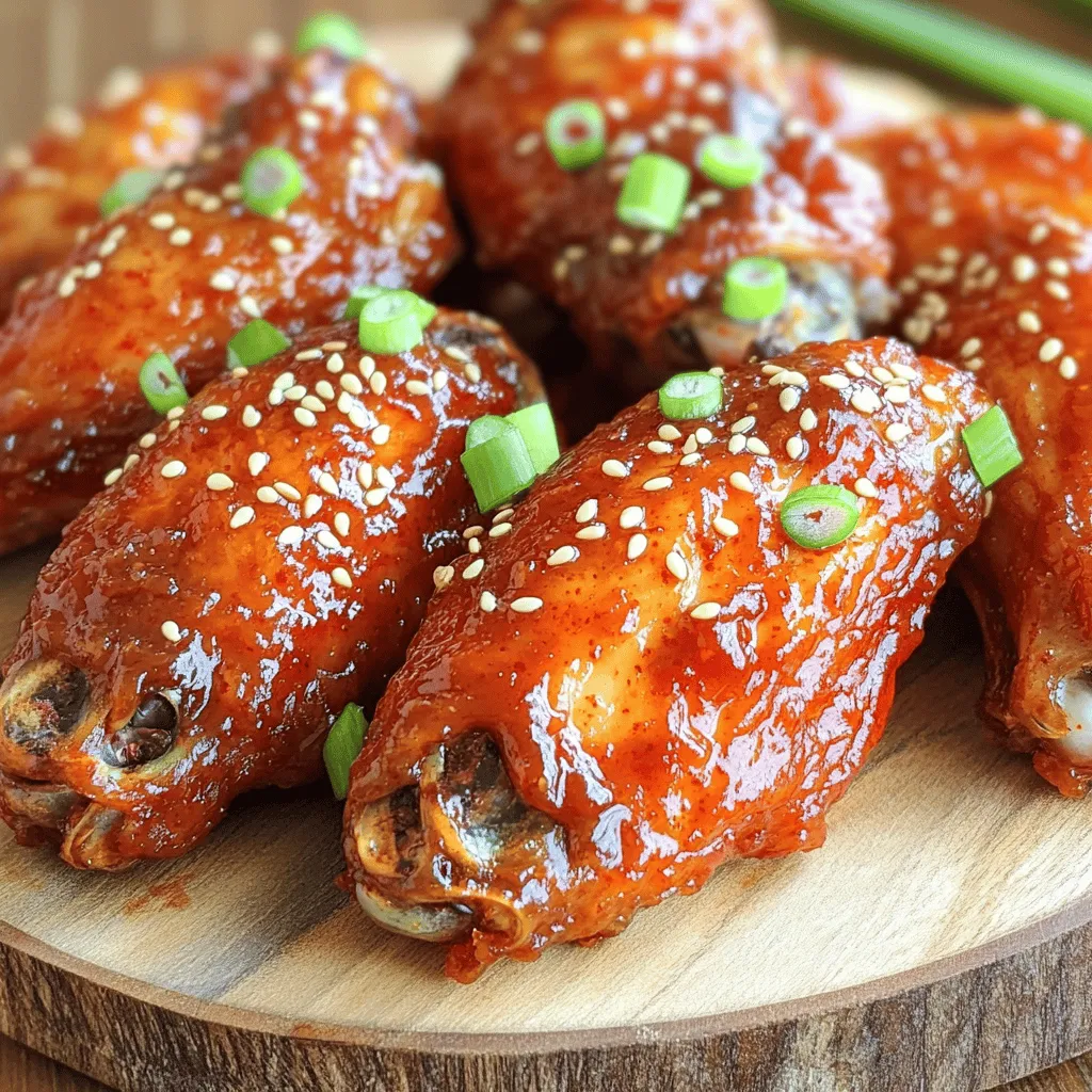 - 2 lbs chicken wings - 1 cup cornstarch - 1 teaspoon salt - 1/2 teaspoon black pepper - 1/2 teaspoon garlic powder - 1/2 teaspoon onion powder - 1/4 teaspoon cayenne pepper - Vegetable oil (for frying) For the BBQ Sauce: - 1/2 cup gochujang (Korean red pepper paste) - 1/4 cup honey - 2 tablespoons soy sauce (low sodium) - 2 tablespoons rice vinegar - 1 tablespoon sesame oil - 1 tablespoon grated ginger - 2 cloves garlic, minced - 1 teaspoon sesame seeds (for garnish) - Sliced green onions (for garnish) - Sesame seeds - Sliced green onions Gather these ingredients first. The chicken wings will be the star of this dish. The cornstarch mixture gives them that perfect crisp. The BBQ sauce adds a rich and spicy flavor that you will love. The garnishes are not just for looks; they add a nice crunch and flavor, too. - Rinse and Dry the Chicken Wings: Start by rinsing the chicken wings under cold water. This removes any unwanted bits. Next, pat them dry with paper towels. Dry wings help create that crispy skin we all love. - Prepare the Seasoned Cornstarch: In a large bowl, mix together 1 cup of cornstarch, 1 teaspoon of salt, 1/2 teaspoon of black pepper, 1/2 teaspoon of garlic powder, 1/2 teaspoon of onion powder, and 1/4 teaspoon of cayenne pepper. This mix adds flavor and crunch. - Frying the Chicken Wings: In a deep frying pan, heat about 2 inches of vegetable oil. The oil should be at 350°F (175°C). Carefully add the wings, frying them in batches. Cook for 8 to 10 minutes until they are golden brown and crispy. Don’t overcrowd the pan, or they won’t cook right. - Preparing the BBQ Sauce: While the wings fry, make the BBQ sauce. In a small saucepan, mix 1/2 cup of gochujang, 1/4 cup of honey, 2 tablespoons of low-sodium soy sauce, 2 tablespoons of rice vinegar, 1 tablespoon of sesame oil, 1 tablespoon of grated ginger, and 2 cloves of minced garlic. Heat this over medium heat, stirring until it thickens a bit. - Coating the Wings with Sauce: Once your wings are golden and crispy, take them out of the oil and place them on a paper towel-lined plate. This removes extra oil. In a large bowl, toss the hot wings with the BBQ sauce until they are fully coated. - Presentation Tips: Transfer the wings to a serving platter. Sprinkle sesame seeds and sliced green onions on top for a nice touch. This not only looks great but adds more flavor. Importance of Drying Chicken Before you fry, drying the chicken is key. Pat the chicken wings dry with paper towels. This step helps the skin get crispy. Moisture on the wings can make them soggy. Dry wings will fry better. Oil Temperature Management Heat your oil to about 350°F (175°C). Use a thermometer for best results. If the oil is too cool, the wings will absorb grease. If it’s too hot, they will burn. Fry in small batches. This keeps the oil temperature steady and helps the wings cook evenly. Marinating the Chicken For extra flavor, consider marinating the wings. You can marinate them in the BBQ sauce before frying. Let them sit for at least 30 minutes. This step adds depth to the taste. Adjusting Spice Levels If you like heat, add more cayenne pepper to the cornstarch mix. For a milder taste, use less gochujang in the sauce. You can also add honey for sweetness. Adjust the flavors to fit your taste buds. Cooking is all about your preferences! {{image_2}} Sweet and Spicy Variation You can change the BBQ sauce to add more flavor. Mix in some brown sugar or maple syrup to make it sweeter. Add more gochujang for extra heat. This gives your wings a sweet and spicy kick. You can also add a splash of lime juice for a zesty twist. Soy-Garlic Glaze Option If you want a different taste, try a soy-garlic glaze. Combine soy sauce, minced garlic, and a bit of honey in a pot. Heat it until it thickens slightly. This sauce adds a savory flavor that pairs well with the crispy wings. Toss the cooked wings in this glaze for a unique twist. Oven-Baked Version You can bake the wings instead of frying them. Preheat your oven to 425°F (220°C). Arrange the coated wings on a baking sheet lined with parchment paper. Bake them for 40-45 minutes, flipping halfway through. This method gives you crispy wings with less oil. Air Fryer Instructions Using an air fryer is a quick and healthier option. Preheat your air fryer to 400°F (200°C). Place the wings in a single layer in the basket. Cook for about 25-30 minutes, shaking the basket halfway through. This method gives you crispy wings without all the oil. - Best Practices for Refrigeration: Store any leftover chicken wings in an airtight container. This keeps them fresh and tasty. Place them in the fridge within two hours of cooking. They will stay good for about three days. If you want to keep them longer, consider freezing. - Freezing Tips: For freezing, let the wings cool completely. Then, place them in a freezer-safe bag. Remove as much air as possible before sealing. Label the bag with the date. These wings can last up to three months in the freezer. - Oven vs. Microwave: I recommend using the oven for reheating. Oven reheating keeps the wings crispy. Preheat the oven to 375°F (190°C). Place the wings on a baking sheet and heat for about 10-15 minutes. If using the microwave, expect softer skin. Heat for one minute, check, then heat in 30-second bursts until warm. - Maintaining Crispiness when Reheating: To keep wings crispy, don’t cover them when reheating. Covering traps steam, making them soggy. If using the oven, a wire rack can help. Place wings on the rack over the baking sheet to allow air to circulate. Enjoy your crispy wings again! How to make wings extra crispy? To make wings extra crispy, start with dry wings. Rinse them and pat dry. Next, coat them well in seasoned cornstarch. Fry them in hot oil, around 350°F. Frying in small batches keeps them crispy. Can I use frozen chicken wings? Yes, you can use frozen chicken wings. Just make sure to thaw them completely. Dry them well before coating them. This helps achieve that crispy skin you want. What is gochujang? Gochujang is a Korean red pepper paste. It adds heat and a sweet flavor to dishes. It’s thick and rich, perfect for making BBQ sauce. You can find it in most grocery stores or Asian markets. Can I adjust the spice level in the BBQ sauce? Yes, you can adjust the spice level. To make it milder, use less gochujang. You can also add more honey for sweetness. If you like it spicier, add more gochujang or a dash of chili flakes. This article covered how to make tasty chicken wings from start to finish. You learned about the key ingredients, cooking methods, and fun garnishes. I shared tips for crispy wings and flavor tricks. You can try sauce variations and even different cooking methods. Remember, good storage helps keep leftovers fresh. With these steps, you can create mouth-watering wings. Enjoy your cooking and impress your friends with your skills!