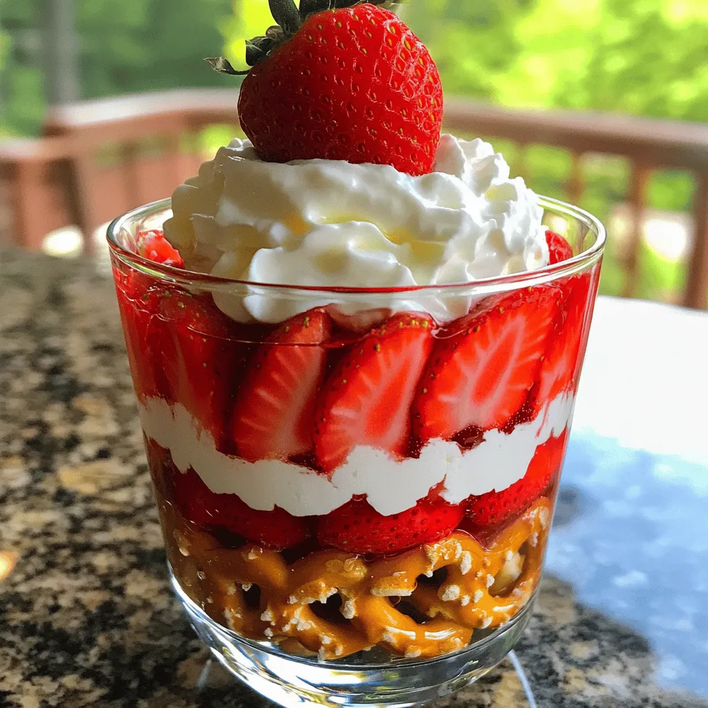 - 2 cups pretzel twists - ½ cup unsalted butter, melted - 1 cup granulated sugar, divided - 8 oz cream cheese, softened - 1 cup whipped topping (like Cool Whip) - 1 cup boiling water - 6 oz strawberry gelatin - 2 cups fresh strawberries, sliced - 1 cup cold water To create a great Strawberry Pretzel Salad, we need to gather the right ingredients. The base starts with pretzel twists. They give a salty crunch that balances the sweetness. Next, we need unsalted butter, which adds richness. We also use granulated sugar, both to mix in and to top the cream cheese layer. Cream cheese is key for our filling. It makes the salad creamy and smooth. Whipped topping adds lightness and airiness. Strawberry gelatin gives that lovely fruity flavor. Fresh strawberries add a burst of freshness and color. Lastly, we need water, both boiling and cold, to prepare the gelatin. These ingredients work together to create layers of flavor and texture in this delightful dish. First, preheat your oven to 350°F (175°C). In a large bowl, mix 2 cups of pretzel twists with ½ cup of melted unsalted butter and ½ cup of granulated sugar. Stir well until the pretzels are fully coated. Next, spread this mixture evenly into a 9x13 inch baking dish. Bake it in the oven for 10 minutes. After that, take it out and let it cool completely. In another clean bowl, beat 8 oz of softened cream cheese with the remaining ½ cup of sugar. You want it to be smooth and creamy. Once mixed, gently fold in 1 cup of whipped topping. This creates a light and airy filling. Spread this cream cheese mixture over the cooled pretzel layer. Make sure it covers the pretzels all the way to the edges. Now, let’s make the strawberry layer. Start by dissolving 6 oz of strawberry gelatin in 1 cup of boiling water. Stir until it's fully dissolved, then add 1 cup of cold water. Allow the mixture to cool slightly. Once it’s cool, add 2 cups of sliced fresh strawberries into the gelatin. Pour this fruity mixture over the cream cheese layer in your dish. Finally, refrigerate the salad for at least 4 hours. This allows the gelatin to set completely. When it’s ready, cut it into squares and serve it chilled. Enjoy this delightful treat! To make the best Strawberry Pretzel Salad, focus on the texture. The pretzel layer should be crunchy, while the cream cheese layer is smooth. Start by mixing the pretzels with melted butter and sugar. Bake them for just 10 minutes. This keeps them crispy. Let the pretzel crust cool completely before adding the cream cheese layer. Cooling helps the layers set well and keeps the salad from becoming soggy. If you need alternatives, you can swap cream cheese with Greek yogurt for a lighter option. For whipped topping, you can use whipped coconut cream. This gives a nice flavor twist. If fresh strawberries are out of season, frozen strawberries work too. Just thaw and slice them before adding them to the gelatin. Presentation makes your dish more inviting. Serve Strawberry Pretzel Salad in individual cups for a fun touch. This way, each serving looks special. You can also add a fresh strawberry on top for garnish. For a creative plate, use a drizzle of strawberry sauce around the edges. This adds color and flair to your dish. {{image_2}} You can have fun with flavors in Strawberry Pretzel Salad. Try using different fruits. Mango and raspberry work great. These fruits add a unique twist. Just remember to keep the fruit fresh and ripe for the best taste. You can also play with flavored gelatin. Instead of strawberry, try blue raspberry or peach. Each flavor gives a new taste. This lets you create a salad that fits your mood. If you need gluten-free options, swap pretzel twists for gluten-free pretzels. Make sure to check the labels. There are tasty brands that fit this need. Your salad will still taste great! For a low-sugar alternative, use sugar substitutes. Products like stevia or erythritol work well. Just adjust the amount to match your taste. This way, you can enjoy your salad without worry. To keep your Strawberry Pretzel Salad fresh, store it in the fridge. First, cover the dish tightly with plastic wrap or foil. This keeps the flavors strong. If you have leftovers, transfer them to an airtight container. This helps to avoid drying out the salad. Make sure to keep it chilled, as this dessert tastes best cold. You can freeze Strawberry Pretzel Salad, but it’s best to do this with caution. First, let the salad set and cool completely in the fridge. Then, cut it into squares. Wrap each piece in plastic wrap. After that, place the wrapped pieces in a freezer-safe bag. Remove as much air as you can to avoid freezer burn. To enjoy later, thaw the salad in the fridge overnight. This will keep the taste and texture as fresh as possible. Yes, you can make Strawberry Pretzel Salad up to a day in advance. This gives the layers time to set well. I often prepare it the night before a meal. That way, it’s ready to serve when guests arrive. Just make sure to cover it well to keep it fresh. Strawberry Pretzel Salad lasts about 3 to 5 days in the fridge. To keep it fresh, store it in an airtight container. If you see any signs of spoilage, it’s best to toss it. Always check for changes in smell or texture before eating. You can add many fun toppings to your salad! Here are a few ideas: - Chopped nuts like pecans or walnuts for crunch. - Drizzles of chocolate or caramel sauce for extra sweetness. - Coconut flakes for a tropical twist. - Fresh mint leaves for a pop of color and flavor. Feel free to get creative with your toppings! This blog post covered how to make a delightful Strawberry Pretzel Salad. You learned about the ingredients needed and how to prepare each layer. The tips and tricks section gave you tools for perfecting the dish. We also explored various flavor options and how to store it properly. Remember, you can make this dessert with different fruits and keep it in the fridge for a few days. Enjoy your cooking adventure, and share this fun recipe with friends and family!