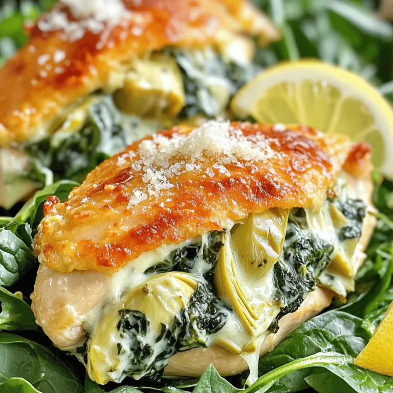 - 4 boneless, skinless chicken breasts - 1 cup fresh spinach, chopped - 1 cup canned artichoke hearts, drained and chopped - 1/2 cup cream cheese, softened - 1/2 cup shredded mozzarella cheese - 1/4 cup grated Parmesan cheese - 1 teaspoon garlic powder - 1 teaspoon onion powder - Salt and pepper to taste - 1 tablespoon olive oil - Toothpicks or kitchen twine for securing When making Spinach Artichoke Stuffed Chicken, start with fresh and high-quality ingredients. Each one plays a key role in the dish. - Chicken Breasts: Choose good quality, boneless, skinless chicken breasts. They are easy to work with and cook quickly. - Spinach and Artichokes: Fresh spinach adds color and nutrition. The artichoke hearts bring a unique flavor. - Cream Cheese and Mozzarella: They create a rich and creamy filling. Parmesan adds a nice sharpness. - Spices: Garlic and onion powders boost the flavor. Salt and pepper are must-haves for seasoning. - Olive Oil: This is great for cooking and helps brown the chicken. - Toothpicks or Twine: These keep the chicken closed while cooking. Using these ingredients will ensure your stuffed chicken is flavorful and satisfying. - Preheat the oven to 375°F (190°C). This helps to cook the chicken evenly. - In a mixing bowl, combine the spinach, artichoke hearts, cream cheese, mozzarella, and Parmesan. Add garlic powder, onion powder, salt, and pepper. Mix until it is smooth and well blended. - Place each chicken breast between two pieces of plastic wrap. Use a meat mallet to pound them to about 1/2 inch thick. This makes them easier to stuff. - Remove the plastic wrap and season both sides of the chicken breasts with salt and pepper. This adds flavor to the chicken. - Heat olive oil in a large oven-safe skillet over medium-high heat. Add the stuffed chicken breasts. Sear them for about 3-4 minutes on each side until golden brown. This gives a nice crust. - Transfer the skillet to the preheated oven and bake for 20-25 minutes. Cook until the chicken is done and the juices run clear. - Once cooked, take the chicken out of the oven. Let it rest for about 5 minutes. This helps the juices settle. - For serving, place the stuffed chicken on a bed of mixed greens. Garnish with extra Parmesan and a slice of lemon. This adds color and freshness to your dish. - Ensuring Even Cooking: To cook your chicken evenly, pound each breast to about 1/2 inch thick. This helps them cook at the same rate. Additionally, make sure your oven is fully preheated before baking. - Avoiding Dry Chicken: To keep chicken moist, don't overcook it. Use a meat thermometer to check for doneness. It should reach 165°F. Let the chicken rest for five minutes after baking. This keeps the juices inside. - Alternative Cooking Techniques: You can grill or air-fry your stuffed chicken for a different flavor. Grilling adds a smoky taste, while air frying gives it a crispy outside with less oil. - Modifying Seasonings and Cheeses: Feel free to switch up the spices! Try adding fresh herbs like basil or thyme. You can also use different cheeses, such as feta or goat cheese, for a unique twist. - Pairing Ideas: This dish pairs well with light sides. Consider serving it with a fresh salad or roasted vegetables. A tangy lemon sauce or a creamy dip can also enhance the flavors. - Creative Serving Styles: For a fun presentation, place the stuffed chicken on a bed of mixed greens. Garnish with extra Parmesan and a lemon slice for a pop of color. This not only looks great but adds fresh flavors too! {{image_2}} - Gluten-Free Options: Use gluten-free bread crumbs in the stuffing. You can also skip the bread altogether for a lighter dish. Just focus on the rich flavors of spinach and artichokes. - Dairy-Free Alternatives: Substitute cream cheese with cashew cream or dairy-free cream cheese. Use a dairy-free cheese blend for the mozzarella and Parmesan. These swaps keep the dish creamy and tasty. - Adding Herbs and Spices: Fresh herbs like basil or parsley add a great twist. Feel free to add a pinch of red pepper flakes for heat. A squeeze of lemon juice brightens the flavors too. - Incorporating Other Vegetables: Try adding chopped bell peppers or sun-dried tomatoes. These bring extra color and taste. You can even add mushrooms for a rich, earthy flavor. - Turkey Breast Variations: Turkey breast works well in place of chicken. It has a mild taste that pairs nicely with the stuffing. Adjust cooking times as turkey may take longer to cook. - Stuffing with Fish or Vegetarian Alternatives: Try stuffing a salmon fillet instead of chicken for a seafood twist. For a veggie option, use firm tofu or portobello mushrooms to hold the stuffing. These options provide great flavor and texture. To keep your Spinach Artichoke Stuffed Chicken fresh, let it cool first. Place the chicken in a shallow dish to help it cool quickly. Cover it with plastic wrap or foil. This keeps air out and moisture in. If you have a lot, use separate containers for each piece. This makes it easy to reheat later. When it’s time to eat leftovers, you have options. For the best taste, use the oven. Preheat it to 350°F (175°C). Place the chicken in a baking dish. Cover it with foil to keep it moist. Heat for about 20-25 minutes. Check that it’s hot all the way through. You can also use the microwave for a quicker meal. Place the chicken on a microwave-safe plate. Cover it with a damp paper towel. Heat for 2-3 minutes, checking halfway. If it needs more time, heat in 30-second bursts. If you want to freeze the stuffed chicken, wrap each piece in plastic wrap. Then place them in a freezer bag. Squeeze out as much air as you can. This helps prevent freezer burn. You can freeze it for up to three months. When you’re ready to eat, take it out of the freezer. Move it to the fridge and let it thaw overnight. To speed up the process, place it in a sealed bag and submerge it in cold water for a few hours. Always cook it right after thawing for best results. Yes, you can use frozen spinach. Just thaw it first. Squeeze out the excess water. This keeps the filling from being too watery. The chicken is done when it reaches 165°F (75°C) inside. You can use a meat thermometer for accuracy. The juices should run clear with no pink meat. Great sides include: - Roasted vegetables - Garlic mashed potatoes - Quinoa salad - Simple green salad These sides balance the flavors of the chicken well. Yes, you can prep it a day in advance. Stuff the chicken and store it in the fridge. Just cook it the next day as directed. For picky eaters, try these: - Use different cheeses like cheddar or gouda. - Add cooked bacon for extra flavor. - Swap spinach for other greens like kale. These changes keep it fun and tasty! This blog post shared a simple and tasty recipe for Spinach Artichoke Stuffed Chicken. You learned about the ingredients, tools, and step-by-step instructions to make it. I offered tips for perfecting your dish and suggested storage methods for leftovers. Remember, cooking is all about trying new things. Feel free to swap flavors or proteins to make the recipe your own. Enjoy making this dish with your family and share it at your next gathering!