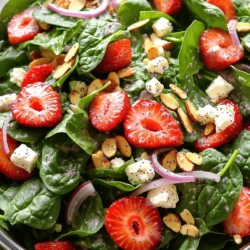 - 4 cups fresh baby spinach, washed and dried - 1 cup fresh strawberries, hulled and sliced - 1/4 cup red onion, thinly sliced Fresh produce is key to this salad. Baby spinach gives a crisp, green base. It adds vitamins and minerals. Strawberries bring sweetness and a lovely red color. They also add juicy flavor. Red onion adds a sharp bite. Together, these ingredients create a vibrant salad. - 1/2 cup crumbled feta cheese - 1/4 cup sliced almonds (toasted for extra flavor) Feta cheese adds creaminess and tang. It pairs well with the sweet strawberries. Sliced almonds give a nice crunch. Toasting them brings out their flavor. This mix of dairy and nuts adds depth to the salad. - 1/4 cup poppyseed dressing (homemade or store-bought) - Salt and pepper to taste The poppyseed dressing ties everything together. It adds sweetness and a bit of tang. You can use homemade dressing for more flavor. Salt and pepper enhance all the tastes. Adjust them to your liking for the best experience. Start by taking a large salad bowl. In it, combine 4 cups of fresh baby spinach and 1 cup of hulled, sliced strawberries. The spinach gives the salad a nice crunch, while the strawberries add sweetness. Next, sprinkle in 1/2 cup of crumbled feta cheese for a creamy texture. Finally, add 1/4 cup of thinly sliced red onion. This onion adds a sharp flavor that balances the sweetness of the strawberries. Now, let’s toast the almonds for extra flavor. Take 1/4 cup of sliced almonds and place them in a dry skillet. Set the heat to medium. Stir the almonds often for about 3 to 5 minutes. You want them to turn golden brown. Keep an eye on them to prevent burning. Once toasted, let them cool for a few minutes. Then, add the cooled almonds to your salad. Next, it's time to dress your salad. Drizzle 1/4 cup of poppyseed dressing over the salad base. Gently toss all the ingredients together until they are well coated with the dressing. This helps bring out the flavors. Taste your salad and adjust with a pinch of salt and pepper to suit your liking. Serve the salad right away for the best taste, or chill it in the fridge for up to 30 minutes to let the flavors blend. Enjoy this fresh and flavorful Strawberry Spinach Feta Poppyseed Salad! Selecting fresh strawberries: Pick strawberries that are bright red and firm. Avoid any with dark spots. Fresh berries taste the best and add a pop of color. Best baby spinach options: Look for baby spinach that is vibrant and crisp. It should feel fresh and not wilted. A good quality will enhance the salad's texture and taste. Homemade vs. store-bought poppyseed dressing: Homemade dressing can taste fresher and more vibrant. Use olive oil, vinegar, and poppyseeds for a quick mix. If you choose store-bought, select one with simple ingredients for a healthier option. How to adjust flavors: Taste your dressing before adding it to the salad. You can add a pinch of salt or a splash of vinegar to boost flavor. Balance is key. Ideal pairings for the salad: This salad pairs well with grilled chicken or toasted bread. You can also serve it alongside a light soup for a complete meal. Presentation tips for entertaining: Serve the salad in a large, clear bowl. This way, guests can see the colorful layers. Consider garnishing with extra almonds or feta on top for a beautiful finish. {{image_2}} You can easily change up this salad to suit your taste. - Swap feta cheese for goat cheese: Goat cheese adds a creamier texture and a tangy flavor. It pairs well with the sweet strawberries. - Adding proteins like chicken or shrimp: For a heartier meal, add grilled chicken or shrimp. This boost makes your salad filling and satisfying. You can also use seasonal ingredients to keep things fresh. - Using other berries in place of strawberries: Try raspberries, blueberries, or blackberries. Each berry brings its unique flavor to the salad. - Incorporating seasonal greens: Mix in other greens like arugula or kale. This adds variety and new tastes to your dish. Don't hesitate to experiment with different dressings. - Other homemade salad dressings: You can whip up a simple honey mustard or balsamic vinaigrette. These dressings change the salad's flavor profile. - Vinaigrette options: Try a citrus vinaigrette with fresh lemon or orange juice. This brightens the salad and enhances the fruit's sweetness. You can keep your Strawberry Spinach Feta Poppyseed Salad in the fridge for up to 30 minutes. This short time helps the flavors mix well, but be careful. If you store it longer, the spinach may wilt. To keep it fresh, place the salad in an airtight container. This helps reduce air exposure and keeps the salad crisp. Freezing this salad is not the best choice. When you freeze it, the spinach and strawberries lose their texture. If you must freeze, store the dressing and salad separately. You can freeze the dressing for up to three months. When you're ready to eat, thaw the dressing in the fridge overnight. Then, reassemble your salad with fresh spinach and strawberries for the best taste. Prepare your ingredients a day in advance. Wash and slice the strawberries, and store them in the fridge. You can also slice the red onion and toast the almonds ahead of time. Keep these ingredients in separate containers. Mix everything together just before serving. This way, your salad stays fresh and crunchy, and you get to enjoy that delightful flavor! This salad blends fresh baby spinach, sweet strawberries, and creamy feta. The red onion adds a nice crunch and some zing. Toasted almonds bring extra flavor and texture. The poppyseed dressing ties it all together with a sweet touch. Each bite bursts with flavor and freshness. It’s a perfect dish for warm days or gatherings. Yes, you can prepare parts of this salad ahead of time. Wash and dry the spinach early in the day. Slice the strawberries and store them in the fridge. Toast the almonds but keep them in a separate container. Mix everything together just before serving. This keeps the salad fresh and crunchy. This salad is packed with nutrients. Spinach is rich in vitamins A and K. Strawberries provide vitamin C and antioxidants. Feta cheese offers calcium and protein. Almonds add healthy fats and fiber. A serving has about 180 calories. Each ingredient boosts your health while keeping the salad light and tasty. This blog post showed how to make a delicious Strawberry Spinach Feta Poppyseed Salad. We covered fresh produce like spinach and strawberries, creamy feta, and crunchy almonds. I shared tips for choosing the best ingredients and dressing options. You can make this salad ahead or use fun variations. In the end, this salad is simple, healthy, and perfect for any meal. Enjoy making it fresh each time!