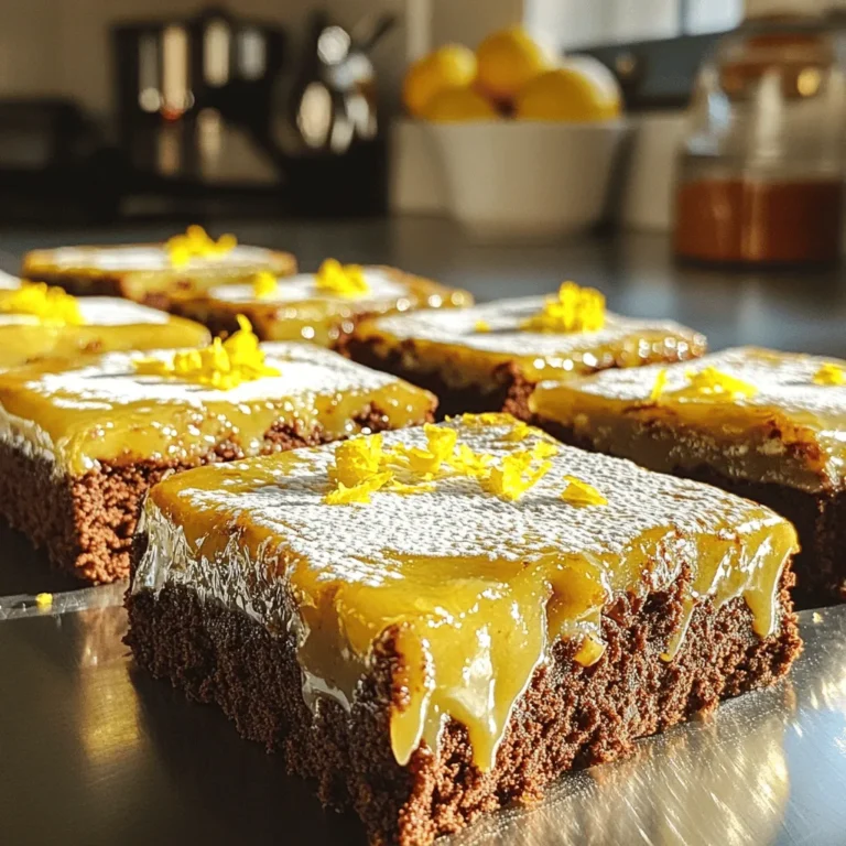 To make zesty lemon brownie bars, you need these key items: - 1 cup unsalted butter, melted - 1 ½ cups granulated sugar - 3 large eggs - 1 teaspoon vanilla extract - 1 cup all-purpose flour - ½ cup unsweetened cocoa powder - 1 teaspoon baking powder - ¼ teaspoon salt - Zest of 2 lemons - ¼ cup freshly squeezed lemon juice - ½ cup powdered sugar (for glaze) - Additional lemon zest (for garnish) Each ingredient plays a role. The butter adds richness, while the sugar sweetens. Eggs help bind everything together. Flour gives structure, and cocoa powder adds a chocolatey depth. Baking powder makes the bars fluffy. The lemon zest and juice bring a bright, fresh flavor that makes these bars special. If you need to swap ingredients, here are some ideas: - Unsalted butter can be replaced with coconut oil. - Granulated sugar can be switched for brown sugar for more moisture. - Eggs can be replaced with flax eggs for a vegan option. - All-purpose flour can be substituted with almond flour for a gluten-free version. - If you don’t have cocoa powder, you can use carob powder for a different taste. These swaps can change the texture and flavor, but they work well in this recipe. Using fresh ingredients is key to making the best zesty lemon brownie bars. Fresh lemons have the most juice and zest. They give a bright flavor that enhances the brownies. Old ingredients can lead to dull taste and poor texture. Always check your ingredients before baking. Fresh items will make your treats shine and impress everyone who tries them! Start by preheating your oven to 350°F (175°C). This heat helps your brownies bake evenly. Next, grease a 9x13 inch baking pan. If you prefer, line it with parchment paper. This makes it easy to lift out the brownies later. In a large bowl, pour in the melted butter and granulated sugar. Use a whisk to mix them until smooth. Then, crack in the three large eggs. Add the vanilla extract too. Whisk again until the mixture is creamy. In a separate bowl, sift together the flour, cocoa powder, baking powder, and salt. Slowly add these dry ingredients to the wet mixture. Stir just until combined; don’t overmix. Now, fold in the zest of two lemons and the lemon juice. This will give your brownies a fresh, zesty flavor. Pour the brownie batter into your prepared pan. Spread it out evenly using a spatula. Place the pan in the preheated oven and bake for 25 to 30 minutes. Check for doneness by inserting a toothpick in the center. It should come out clean with a few moist crumbs. Once baked, let the brownies cool in the pan for about 10 minutes. Use a knife to loosen the edges, then lift them out using the parchment paper. Let them cool completely on a wire rack before glazing. To bake the best brownies, start by using room temperature ingredients. This helps mix everything smoothly. Always measure your flour and cocoa correctly. Too much flour can make brownies dry. When baking, avoid opening the oven door too soon. This keeps the heat steady and helps brownies rise. Check for doneness by using a toothpick. It should have a few moist crumbs when done. To get that bright lemon taste, use fresh lemons. The zest adds a strong flavor, while the juice gives a nice tang. When zesting, avoid the white part of the peel. It can be bitter. For extra zing, try adding a bit more juice. You can also mix in some lemon extract for a stronger flavor. Just remember to adjust the sugar if you do! These brownies are great on their own, but you can elevate them further. Serve them warm with a scoop of vanilla ice cream. The cold ice cream pairs well with the zesty brownie. You can also add a dollop of whipped cream and fresh berries. If you want a drink, try pairing with iced tea or lemonade. Both will complement the lemon flavor nicely. {{image_2}} You can easily change the flavor of these lemon brownie bars. Try adding white chocolate chips for a sweet twist. You can also mix in a handful of blueberries or raspberries for a fruity touch. If you want more zest, add more lemon juice or lemon zest. A bit of ginger or cardamom can add warmth and spice. Each change gives a new taste to your brownies. You can make these brownie bars gluten-free. Just swap all-purpose flour for a gluten-free blend. Look for a mix that works well for baking. Be sure it has a good balance of starches and fibers. This way, you still get that nice texture without gluten. Your brownies will still be tasty and zesty. To make these brownies vegan, replace the eggs with flax eggs. Mix one tablespoon of flaxseed meal with three tablespoons of water. Let it sit for a few minutes to thicken. Use a plant-based butter instead of regular butter. You can also try coconut oil for a rich flavor. For the glaze, use a vegan powdered sugar. Your brownies will still be delicious and full of lemon flavor! Store your leftover brownie bars in an airtight container. This keeps them fresh and moist. Place a piece of parchment paper between layers to avoid sticking. You can keep them at room temperature for up to three days. If you want to save them longer, the fridge is a great option. They will stay fresh for up to a week when chilled. Freezing these zesty lemon brownie bars is easy. First, cut them into bars. Wrap each bar in plastic wrap tightly. Place the wrapped bars in a freezer bag, removing as much air as possible. Label the bag with the date. These brownies can last in the freezer for up to three months. When you're ready to enjoy them, just thaw overnight in the fridge. To reheat your brownie bars, take them out of the fridge or freezer. If they are frozen, let them thaw first. Preheat your oven to 350°F (175°C). Place the brownies on a baking sheet. Cover them with foil to prevent drying out. Heat for about 10 minutes. This warms them up and keeps them soft. You can also microwave them for about 15 seconds if you're in a hurry. Enjoy your zesty lemon brownie bars warm for a delightful treat! Yes, you can add nuts to the brownie batter. Chopped nuts like walnuts or pecans work well. They add a nice crunch and flavor. Just fold in about half a cup of your choice after mixing the wet and dry ingredients. This will make your zesty lemon brownie bars even more delicious. These brownie bars last about three days at room temperature. Keep them in an airtight container to keep them fresh. If you want them to last longer, you can store them in the fridge. They will stay good for up to a week when chilled. If you need a substitute for cocoa powder, try using carob powder. It has a similar taste and works well in recipes. You can also use dark chocolate. Simply melt it and replace the cocoa powder with an equal amount of melted chocolate. This will change the texture and flavor, but it can be just as tasty. We covered essential ingredients and how to substitute them. Fresh ingredients make a big difference. Next, I shared step-by-step instructions for mixing and baking the batter. You learned key tips for perfect brownies and serving options. Variations include gluten-free and vegan choices. Finally, I explained how to store brownies and answered common questions. Brownies can be fun and easy to make. With these tips, you can bake with confidence. Enjoy your tasty treats!
