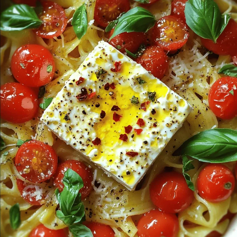 - 1 block (8 oz) of feta cheese - 2 cups cherry tomatoes, halved - 3 cloves garlic, minced - 2 tablespoons olive oil The main stars of this dish are feta cheese, cherry tomatoes, garlic, and olive oil. Feta cheese adds a creamy, tangy flavor. Cherry tomatoes bring sweetness and brightness to the dish. Garlic gives it that wonderful aroma and taste. Olive oil ties everything together and helps with cooking. - 1 teaspoon dried oregano - 1/4 teaspoon red pepper flakes (optional) - Salt and pepper to taste Seasoning is key for flavor. Dried oregano gives a nice, herbal note. Red pepper flakes add a bit of heat, but you can skip them if you prefer mild dishes. Salt and pepper enhance all the flavors. Adjust these to fit your taste. - Recommended pasta types: penne, fusilli, or farfalle - Portion size: 10 oz for about 4 servings For pasta, I suggest using penne, fusilli, or farfalle. These shapes hold sauce well. A portion of 10 oz is perfect for four servings. This makes it great for family meals or gatherings. First, you need to preheat your oven to 400°F (200°C). This temperature helps the feta cheese and tomatoes bake perfectly. While the oven heats, grab a baking dish. Place the block of feta cheese in the center. Next, add the halved cherry tomatoes and minced garlic around the feta. This way, all the flavors mix well. Drizzle 2 tablespoons of olive oil over the top. Then, sprinkle 1 teaspoon of dried oregano and a pinch of red pepper flakes, salt, and pepper to taste. Now, it's time to bake! Put the dish in the oven and set a timer for 30 minutes. The feta should turn golden, and the tomatoes will start to burst. Keep an eye on it; you want that perfect blend of creamy cheese and juicy tomatoes. After 30 minutes, check for doneness. If the feta is golden and soft, it’s ready! While the feta and tomatoes bake, cook 10 ounces of pasta according to the package instructions until it’s al dente. Remember to save 1 cup of pasta water before draining. Once the baking is done, carefully take the dish out. Use a fork to mix the melted feta and tomatoes into a creamy sauce. Combine this sauce with the cooked pasta. If it seems too thick, add a splash of the reserved pasta water. Taste it and adjust the seasoning if needed. Serve warm, and don’t forget to garnish with fresh basil and a sprinkle of grated parmesan cheese for extra flavor! To achieve a creamy texture, use high-quality feta cheese. The creamier the cheese, the better the sauce. Make sure you bake the feta and tomatoes until they are golden and soft. This usually takes about 30 minutes at 400°F (200°C). The heat helps the feta melt nicely and mix well with the tomatoes. For optimal results, place the baking dish in the center of the oven. This ensures even heat. Avoid opening the oven door while baking. Each time you do, heat escapes, which can affect cooking time and texture. Adding extra vegetables can boost flavor and nutrition. Try bell peppers, zucchini, or spinach. These veggies blend well with the dish and add a nice crunch. When it comes to spices, you can get creative! Try adding fresh herbs like thyme or rosemary. If you want more heat, increase the red pepper flakes. A pinch of smoked paprika can also add a lovely depth. Pair Baked Feta Pasta with a simple side salad. A fresh green salad balances the richness of the pasta. You can also serve it with garlic bread for a heartier meal. For drinks, a light white wine like Sauvignon Blanc works well. If you prefer non-alcoholic options, sparkling water with lemon is refreshing. To make this dish a complete meal, consider adding a protein. Grilled chicken or shrimp on top can elevate the dish and make it more filling. {{image_2}} For a dairy-free version, swap feta cheese with a plant-based alternative. You can find options made from nuts or soy. They melt well and mimic the creamy texture of feta. If you want to try different cheeses, consider goat cheese or ricotta. Each has its own taste and texture, adding a unique twist to the dish. Goat cheese brings a tangy flavor, while ricotta offers a milder taste. To boost protein, add cooked chicken or shrimp. These ingredients make the meal heartier. Simply stir in cooked proteins when mixing the pasta. You can also use canned tuna for a quick option. Experiment with herbs and spices to create new flavors. Fresh basil adds a bright touch, while thyme offers earthy notes. You can also try smoked paprika for a warm kick or lemon zest for brightness. If you need gluten-free options, use brown rice pasta or lentil pasta. Both work well and provide a nice texture. They cook differently, so keep an eye on them while boiling. For other grain substitutes, consider quinoa or farro. These grains add a nutty flavor and extra nutrients. Mix them with the feta and tomato sauce for a wholesome meal. To keep your baked feta pasta fresh, store it in an airtight container. Make sure to let it cool before sealing. In the refrigerator, it will stay good for up to three days. If you want to keep it longer, freeze it for up to three months. Just remember, the pasta may change a bit in texture after freezing. Reheating the pasta can be tricky. You want it warm without drying out. The best way to reheat is in the oven. Preheat the oven to 350°F (175°C) and place the pasta in a baking dish. Add a splash of water or olive oil to help keep it moist. Cover the dish with foil and heat for about 15-20 minutes. If you're in a hurry, you can use the microwave. Heat it in short bursts, stirring in between to avoid hot spots. Freezing baked feta pasta is easy. Start by letting it cool down completely. Then, portion it into freezer bags or containers. Remove as much air as possible before sealing. Label the bags with the date. For best taste, use within three months. When you’re ready to eat, thaw it in the fridge overnight before reheating. To make Baked Feta Pasta vegan, you can swap feta cheese with a plant-based alternative. A good option is tofu. Use firm tofu and marinate it in olive oil, lemon juice, and nutritional yeast for flavor. Another choice is a vegan feta made from nuts or coconut. This helps keep the creamy texture and adds a nice taste. Yes, you can prepare Baked Feta Pasta ahead of time. To do this, cook the pasta and bake the feta and tomatoes as usual. After baking, let the mixture cool. Then, store it in an airtight container in the fridge. You can mix the pasta with the sauce before serving. Just remember to reheat it in the oven or on the stove. This keeps the flavors fresh and tasty. For Baked Feta Pasta, I recommend using penne, fusilli, or farfalle. These shapes hold the sauce well and add great texture. You can choose any type you enjoy, but make sure to cook it al dente. This way, it will not get mushy when mixed with the sauce. This blog post covered how to make baked feta pasta. We explored the key ingredients, like feta, cherry tomatoes, and garlic. I shared step-by-step instructions for preheating and baking so you get perfect results. You learned valuable tips for flavor tweaks and storing leftovers, too. Try this recipe for a creamy, flavorful meal. Use the variations to make it your own. Enjoy each bite and share it with friends. You’ll impress everyone with this fun dish!